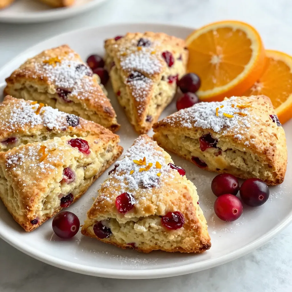 To make these delightful scones, gather the following ingredients: - 2 cups all-purpose flour - 1/2 cup granulated sugar - 1 tablespoon baking powder - 1/2 teaspoon salt - 1/2 cup unsalted butter, cold and cubed - 1 cup fresh or dried cranberries - Zest of 1 large orange - 1/2 cup heavy cream - 1 egg, beaten (for egg wash) These items work together to create a perfect balance of sweet and tart. You can modify some ingredients in this recipe. Here are a few ideas: - Use whole wheat flour for a nuttier flavor. - Substitute brown sugar for a deeper sweetness. - Instead of heavy cream, try buttermilk for a lighter scone. - Use lemon zest if you want a different citrus flavor. These adjustments can add new layers to your scones. Each scone offers a delightful blend of flavors. Here’s a simple breakdown: - Calories: Approximately 200 per scone - Protein: 3 grams - Carbohydrates: 28 grams - Fat: 10 grams - Fiber: 1 gram These scones are a tasty treat, perfect for breakfast or a snack. Enjoy your baking! {{ingredient_image_2}} First, set your oven to 400°F (200°C). This heat makes the scones rise nicely. Next, grab a baking sheet. Line it with parchment paper. This helps the scones not stick. In a large bowl, combine 2 cups of all-purpose flour, 1/2 cup of granulated sugar, 1 tablespoon of baking powder, and 1/2 teaspoon of salt. Use a whisk to mix them well. Make sure there are no lumps left. This mix is the base for our scones. Now, add 1/2 cup of cold, cubed butter to the flour mix. You can use a pastry cutter or your fingers. Mix until the butter looks like small pebbles. Next, fold in 1 cup of cranberries and the zest of 1 large orange. This adds a burst of flavor. Pour in 1/2 cup of heavy cream slowly. Use a spatula to stir until the dough forms. Don’t worry if it looks a bit dry. Turn the dough onto a floured surface. Gently knead it just a few times until it’s smooth. Shape it into a circle about 1-inch thick. Cut it into wedges or use a round cutter for fun shapes. Place the scones on your prepared baking sheet. Leave some space between each one. Brush the tops with a beaten egg for a golden finish. Bake them for 15-20 minutes. They’re done when they are golden-brown and a toothpick comes out clean. After baking, cool them slightly on a wire rack. Enjoy your delicious Cranberry Orange Scones! To make your cranberry orange scones light and flaky, start with cold butter. Cold butter creates pockets of air, making your scones rise. Use a pastry cutter or your fingers to mix. Aim for pea-sized pieces. This helps keep the texture just right. Mixing the dough gently is key. After adding the cream, use a spatula to combine. Stir just until the dough forms. Overmixing can make scones tough. It's okay if some dry bits remain. A few gentle kneads on a floured surface will bring it together. Serve your scones warm for the best taste. Place them on a lovely platter. Dust with powdered sugar for a sweet touch. Add fresh cranberries and orange slices for color. A side of clotted cream or butter makes for a delightful pairing. Enjoy with tea or coffee! Pro Tips Use Cold Butter: Ensure your butter is cold and cubed before mixing it into the dry ingredients. This helps create a flaky texture in the scones. Don’t Overmix: When combining the dough, mix just until it comes together. Overmixing can lead to tough scones. Experiment with Flavors: Feel free to add other ingredients like chocolate chips or nuts to customize your scones to your taste. Serve Warm: For the best flavor and texture, serve the scones warm from the oven, ideally with a spread of butter or cream cheese. {{image_4}} You can use either dried or fresh cranberries in your scones. Fresh cranberries give a bright, tart flavor. They also add moisture, which makes the scones fluffy. Dried cranberries are sweeter and chewier. They can make the scones a bit denser. You can even mix both for a fun texture and flavor combo. While orange zest shines in this recipe, you can try other citrus fruits. Lemon zest adds a fresh, zesty taste. Lime zest gives a more tropical touch. Grapefruit zest can create a unique twist. Each zest brings a new flavor dimension, so feel free to experiment! Nuts and chocolate can elevate your scones. Walnuts or pecans add a crunchy texture and nutty flavor. They pair well with the tart cranberries. Dark chocolate chips add sweetness and richness. You can mix and match these additions to suit your taste. Just make sure they don’t overpower the cranberry and orange flavors! To keep your scones fresh, store them in an airtight container. You can also wrap them tightly in plastic wrap. Keep them at room temperature for up to two days. Avoid the fridge, as it can make them dry. If you want to keep them longer, try freezing instead. When you want to enjoy your scones again, reheating is key. Preheat your oven to 350°F (175°C). Place the scones on a baking sheet. Heat them for about 5 to 10 minutes. This method makes them warm and soft again. You can also use a microwave. Heat for about 15 to 20 seconds. But be careful not to overdo it, as they can become chewy. Freezing scones is a great way to save them for later. After they cool completely, wrap each scone in plastic wrap. Place them in a freezer-safe bag or box. This way, they last up to three months. When you’re ready to eat, thaw them overnight in the fridge. Then, reheat them in the oven for the best taste. Enjoy your fresh scones anytime! Yes, you can make Cranberry Orange Scones ahead of time. You can prepare the dough and shape it. Then, wrap the scones tightly in plastic wrap. Store them in the fridge for up to 24 hours. When you are ready to bake, just preheat your oven and bake as directed. This way, you can enjoy fresh scones quickly. If you need a substitute for heavy cream, you can use milk or half-and-half. For a thicker texture, mix equal parts of milk and plain yogurt. This will give a similar richness to your scones. You can also use almond milk or coconut cream for dairy-free options. Just remember that this might change the flavor a bit. To check if your scones are done, look for a golden-brown color on top. Insert a toothpick into the center of a scone. If it comes out clean, the scones are ready. The edges should feel firm but not hard. If they are still soft, give them a few more minutes in the oven. Enjoy the aroma while they bake! Cranberry orange scones are simple to make and great for any meal. You learned about the main ingredients, easy steps to bake, and useful tips for the best results. You also discovered tasty variations to try and how to store leftovers. Enjoy these scones fresh or save some for later. Each bite can bring a burst of flavor to your day. Now, get in the kitchen and bake some delicious scones!