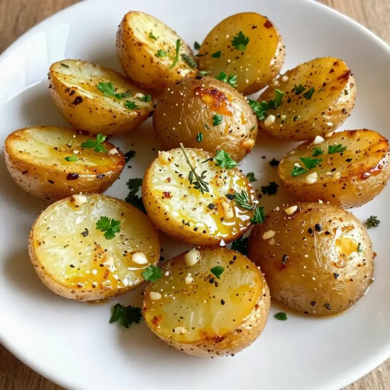 To make garlic herb roasted potatoes, gather these key ingredients: - 1.5 lbs baby potatoes (mixed colors are fun) - 4 cloves garlic (minced finely) - 3 tablespoons extra virgin olive oil - 2 teaspoons dried thyme (or 1 tablespoon fresh thyme) - 2 teaspoons dried rosemary (or 1 tablespoon fresh rosemary, chopped) - 1 teaspoon smoked paprika - Sea salt and black pepper (to taste) - Fresh parsley (finely chopped for garnishing) Each ingredient adds a special touch. The baby potatoes give a lovely texture. Garlic packs flavor, while herbs bring freshness. Olive oil helps everything roast nicely. Feel free to change up the recipe! Here are some optional ingredients: - Lemon zest (for a fresh twist) - Red pepper flakes (for a spicy kick) - Parmesan cheese (for a cheesy finish) - Other herbs like oregano or basil These options let you create your own unique flavor. Try mixing in what you love! Understanding the nutritional value helps you enjoy these tasty potatoes. Here’s a quick look: - Calories: Around 200 per serving - Protein: 4 grams - Carbohydrates: 35 grams - Fat: 8 grams - Fiber: 4 grams These potatoes make a great side dish. They are not just tasty but also provide good nutrition. Enjoying them in moderation fits well in a balanced diet. {{ingredient_image_2}} Start by gathering your ingredients. You will need: - 1.5 lbs baby potatoes, preferably mixed colors, halved - 4 cloves garlic, finely minced - 3 tablespoons extra virgin olive oil - 2 teaspoons dried thyme, or 1 tablespoon fresh thyme if available - 2 teaspoons dried rosemary, or 1 tablespoon fresh rosemary, chopped - 1 teaspoon smoked paprika for a rich flavor - Sea salt and freshly cracked black pepper, to taste - Fresh parsley, finely chopped, for garnishing Next, preheat your oven to 425°F (220°C). This step is key for getting crispy edges on your potatoes. In a large bowl, combine the halved potatoes with the minced garlic. Drizzle the olive oil over them. Make sure to cover all the potatoes well. Now, add the thyme, rosemary, smoked paprika, sea salt, and black pepper. Mix everything together using your hands or a spoon. This ensures that each potato gets a nice coating of flavor. Line a baking sheet with parchment paper. This helps keep the potatoes from sticking. Spread the seasoned potatoes in a single layer on the sheet. Make sure they have some space between them. This allows the hot air to circulate and roast them evenly. Place the baking sheet in the hot oven. Roast the potatoes for 25 to 30 minutes. Halfway through cooking, pull the sheet out. Gently toss the potatoes to help them brown evenly. When they are golden brown and tender, take them out to cool for a few minutes. To get the best results, choose small, uniform potatoes. This helps them cook evenly. Always cut them in half for more surface area. This gives you more crispy bits. Don't skip the garlic! It adds a wonderful flavor. If you want a deeper taste, try using fresh herbs instead of dried. They can give a lively twist to your dish. If you want extra crispiness, you can let the potatoes rest uncovered for a few minutes after roasting. This helps to keep them crunchy. Finally, sprinkle fresh parsley on top right before serving. It adds color and freshness to your dish. To make the best garlic herb roasted potatoes, start with the right potatoes. I love baby potatoes for their sweet taste and creamy texture. Look for mixed colors to add fun to your dish. Choose firm potatoes without any dark spots. If you can’t find baby potatoes, Yukon Gold or red potatoes work well too. They roast nicely and have great flavor. Fresh herbs make a big difference in flavor. If you can, use fresh thyme and fresh rosemary. They add bright notes to the dish. Use one tablespoon of each herb, chopped finely. If you only have dried herbs, that’s okay! Just use two teaspoons of each. Don’t forget to add garlic! Freshly minced garlic gives a strong taste that blends well with the herbs. Avoid overcrowding the baking sheet. If the potatoes are too close, they won’t roast well. They need space to get crispy. Another mistake is not tossing the potatoes halfway through cooking. This helps them brown evenly. Lastly, don’t skip the salt and pepper. They are key to bringing out the flavors in your dish. Pro Tips Choose the Right Potatoes: For the best texture and flavor, opt for a mix of baby potatoes like red, yellow, and purple. Each type brings a unique taste and visual appeal. Don't Skimp on Oil: Ensure the potatoes are well-coated in olive oil for optimal crispiness. A good amount helps to caramelize the edges and enhances the flavor. Experiment with Seasonings: Feel free to mix in other herbs and spices like oregano or garlic powder for a personal touch. Adjust the seasoning to suit your taste preferences. Check for Doneness: To ensure your potatoes are perfectly cooked, pierce them with a fork; they should be tender inside with a golden-brown exterior. {{image_4}} You can change the herbs to fit your taste. Try using fresh herbs like basil or dill. They add a nice twist to the flavor. If you like more heat, add crushed red pepper flakes. Mix and match herbs for a unique blend. This keeps your dish fresh and fun. You don’t have to roast potatoes in the oven. An air fryer works great too! Simply set it to 400°F (200°C). Cook the potatoes for about 15-20 minutes. Shake the basket halfway through for even cooking. You can also boil the potatoes first for a softer texture. Then, toss them with the garlic and herbs before roasting or air frying. This recipe is quite flexible for different diets. It’s already vegan and gluten-free! If you need a higher protein option, add chickpeas. They roast well and add crunch. You can also swap olive oil for avocado oil if you prefer. Just check your seasonings for allergies. Enjoy these tasty potatoes without worry! To keep your garlic herb roasted potatoes fresh, allow them to cool down first. Place them in an airtight container. This keeps moisture out and helps maintain flavor. You can store them in the fridge for up to three days. Make sure to label the container with the date. This way, you won’t forget them! When you reheat your potatoes, aim for a hot oven. Preheat your oven to 350°F (175°C). Spread the potatoes in a single layer on a baking sheet. Heat them for about 10 to 15 minutes. This method helps retain their crispy edges. Avoid the microwave, as it can make potatoes soggy. You can freeze garlic herb roasted potatoes for up to three months. First, let them cool completely. Then, spread them in a single layer on a baking sheet. Freeze them for a few hours until firm. Once frozen, transfer them to a freezer bag or container. Remove as much air as possible. When ready to eat, thaw them overnight in the fridge before reheating. For roasting, baby potatoes work best. I prefer mixed colors for a fun look. They cook evenly and have a creamy texture. You can also use Yukon Gold or red potatoes. These types keep their shape well. The skins add flavor and crispiness when roasted. Yes, you can prepare them ahead of time. Cut the potatoes and mix with garlic and herbs. Store them in the fridge for up to 24 hours. Just remember to toss them again before roasting. This keeps the flavors fresh and bright. Garlic herb roasted potatoes last about 3 to 5 days in the fridge. Store them in an airtight container. To reheat, warm them in the oven or a skillet. This helps them regain their crispy texture. Enjoy them as a tasty side dish again! Garlic Herb Roasted Potatoes are easy to make and delicious. We covered key ingredients, step-by-step instructions, and tips to perfect them. You can customize your dish with variations for dietary needs. Don't forget to store leftovers properly to keep them tasty. Now, with these insights, you can create your own perfect dish. Enjoy experimenting in your kitchen and impressing family and friends!