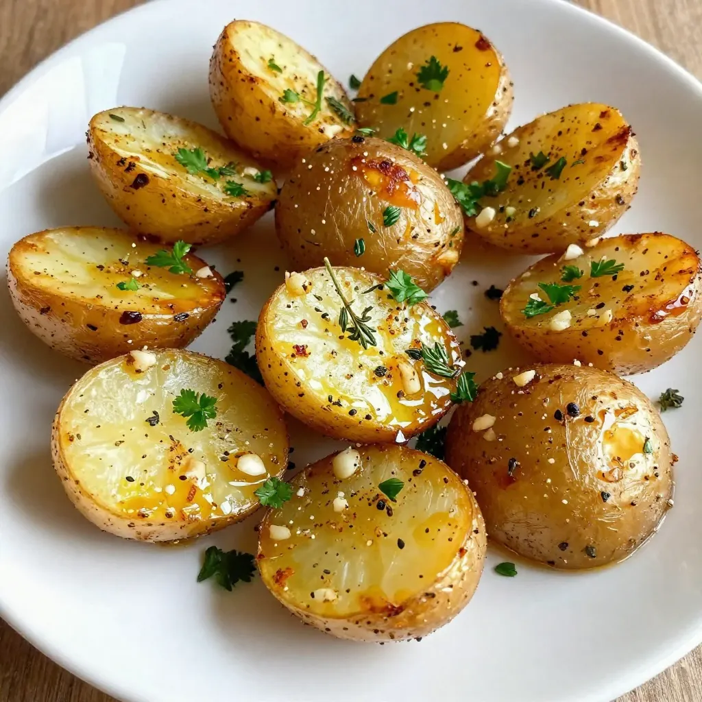To make garlic herb roasted potatoes, gather these key ingredients: - 1.5 lbs baby potatoes (mixed colors are fun) - 4 cloves garlic (minced finely) - 3 tablespoons extra virgin olive oil - 2 teaspoons dried thyme (or 1 tablespoon fresh thyme) - 2 teaspoons dried rosemary (or 1 tablespoon fresh rosemary, chopped) - 1 teaspoon smoked paprika - Sea salt and black pepper (to taste) - Fresh parsley (finely chopped for garnishing) Each ingredient adds a special touch. The baby potatoes give a lovely texture. Garlic packs flavor, while herbs bring freshness. Olive oil helps everything roast nicely. Feel free to change up the recipe! Here are some optional ingredients: - Lemon zest (for a fresh twist) - Red pepper flakes (for a spicy kick) - Parmesan cheese (for a cheesy finish) - Other herbs like oregano or basil These options let you create your own unique flavor. Try mixing in what you love! Understanding the nutritional value helps you enjoy these tasty potatoes. Here’s a quick look: - Calories: Around 200 per serving - Protein: 4 grams - Carbohydrates: 35 grams - Fat: 8 grams - Fiber: 4 grams These potatoes make a great side dish. They are not just tasty but also provide good nutrition. Enjoying them in moderation fits well in a balanced diet. {{ingredient_image_2}} Start by gathering your ingredients. You will need: - 1.5 lbs baby potatoes, preferably mixed colors, halved - 4 cloves garlic, finely minced - 3 tablespoons extra virgin olive oil - 2 teaspoons dried thyme, or 1 tablespoon fresh thyme if available - 2 teaspoons dried rosemary, or 1 tablespoon fresh rosemary, chopped - 1 teaspoon smoked paprika for a rich flavor - Sea salt and freshly cracked black pepper, to taste - Fresh parsley, finely chopped, for garnishing Next, preheat your oven to 425°F (220°C). This step is key for getting crispy edges on your potatoes. In a large bowl, combine the halved potatoes with the minced garlic. Drizzle the olive oil over them. Make sure to cover all the potatoes well. Now, add the thyme, rosemary, smoked paprika, sea salt, and black pepper. Mix everything together using your hands or a spoon. This ensures that each potato gets a nice coating of flavor. Line a baking sheet with parchment paper. This helps keep the potatoes from sticking. Spread the seasoned potatoes in a single layer on the sheet. Make sure they have some space between them. This allows the hot air to circulate and roast them evenly. Place the baking sheet in the hot oven. Roast the potatoes for 25 to 30 minutes. Halfway through cooking, pull the sheet out. Gently toss the potatoes to help them brown evenly. When they are golden brown and tender, take them out to cool for a few minutes. To get the best results, choose small, uniform potatoes. This helps them cook evenly. Always cut them in half for more surface area. This gives you more crispy bits. Don't skip the garlic! It adds a wonderful flavor. If you want a deeper taste, try using fresh herbs instead of dried. They can give a lively twist to your dish. If you want extra crispiness, you can let the potatoes rest uncovered for a few minutes after roasting. This helps to keep them crunchy. Finally, sprinkle fresh parsley on top right before serving. It adds color and freshness to your dish. To make the best garlic herb roasted potatoes, start with the right potatoes. I love baby potatoes for their sweet taste and creamy texture. Look for mixed colors to add fun to your dish. Choose firm potatoes without any dark spots. If you can’t find baby potatoes, Yukon Gold or red potatoes work well too. They roast nicely and have great flavor. Fresh herbs make a big difference in flavor. If you can, use fresh thyme and fresh rosemary. They add bright notes to the dish. Use one tablespoon of each herb, chopped finely. If you only have dried herbs, that’s okay! Just use two teaspoons of each. Don’t forget to add garlic! Freshly minced garlic gives a strong taste that blends well with the herbs. Avoid overcrowding the baking sheet. If the potatoes are too close, they won’t roast well. They need space to get crispy. Another mistake is not tossing the potatoes halfway through cooking. This helps them brown evenly. Lastly, don’t skip the salt and pepper. They are key to bringing out the flavors in your dish. Pro Tips Choose the Right Potatoes: For the best texture and flavor, opt for a mix of baby potatoes like red, yellow, and purple. Each type brings a unique taste and visual appeal. Don't Skimp on Oil: Ensure the potatoes are well-coated in olive oil for optimal crispiness. A good amount helps to caramelize the edges and enhances the flavor. Experiment with Seasonings: Feel free to mix in other herbs and spices like oregano or garlic powder for a personal touch. Adjust the seasoning to suit your taste preferences. Check for Doneness: To ensure your potatoes are perfectly cooked, pierce them with a fork; they should be tender inside with a golden-brown exterior. {{image_4}} You can change the herbs to fit your taste. Try using fresh herbs like basil or dill. They add a nice twist to the flavor. If you like more heat, add crushed red pepper flakes. Mix and match herbs for a unique blend. This keeps your dish fresh and fun. You don’t have to roast potatoes in the oven. An air fryer works great too! Simply set it to 400°F (200°C). Cook the potatoes for about 15-20 minutes. Shake the basket halfway through for even cooking. You can also boil the potatoes first for a softer texture. Then, toss them with the garlic and herbs before roasting or air frying. This recipe is quite flexible for different diets. It’s already vegan and gluten-free! If you need a higher protein option, add chickpeas. They roast well and add crunch. You can also swap olive oil for avocado oil if you prefer. Just check your seasonings for allergies. Enjoy these tasty potatoes without worry! To keep your garlic herb roasted potatoes fresh, allow them to cool down first. Place them in an airtight container. This keeps moisture out and helps maintain flavor. You can store them in the fridge for up to three days. Make sure to label the container with the date. This way, you won’t forget them! When you reheat your potatoes, aim for a hot oven. Preheat your oven to 350°F (175°C). Spread the potatoes in a single layer on a baking sheet. Heat them for about 10 to 15 minutes. This method helps retain their crispy edges. Avoid the microwave, as it can make potatoes soggy. You can freeze garlic herb roasted potatoes for up to three months. First, let them cool completely. Then, spread them in a single layer on a baking sheet. Freeze them for a few hours until firm. Once frozen, transfer them to a freezer bag or container. Remove as much air as possible. When ready to eat, thaw them overnight in the fridge before reheating. For roasting, baby potatoes work best. I prefer mixed colors for a fun look. They cook evenly and have a creamy texture. You can also use Yukon Gold or red potatoes. These types keep their shape well. The skins add flavor and crispiness when roasted. Yes, you can prepare them ahead of time. Cut the potatoes and mix with garlic and herbs. Store them in the fridge for up to 24 hours. Just remember to toss them again before roasting. This keeps the flavors fresh and bright. Garlic herb roasted potatoes last about 3 to 5 days in the fridge. Store them in an airtight container. To reheat, warm them in the oven or a skillet. This helps them regain their crispy texture. Enjoy them as a tasty side dish again! Garlic Herb Roasted Potatoes are easy to make and delicious. We covered key ingredients, step-by-step instructions, and tips to perfect them. You can customize your dish with variations for dietary needs. Don't forget to store leftovers properly to keep them tasty. Now, with these insights, you can create your own perfect dish. Enjoy experimenting in your kitchen and impressing family and friends!