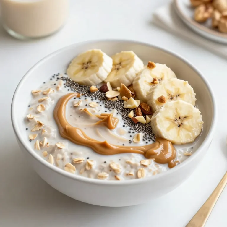 - 1 cup rolled oats - 2 cups almond milk (or milk of your choice) - 1/4 cup natural peanut butter - 2 tablespoons chia seeds - 1 scoop vanilla protein powder - 1 tablespoon maple syrup (optional for added sweetness) - 1/2 teaspoon pure vanilla extract - A pinch of salt These ingredients come together to create a tasty and filling breakfast. Rolled oats serve as the base, providing fiber and energy. Almond milk makes it creamy, but feel free to use any milk you like. Natural peanut butter adds protein and a rich flavor. Chia seeds boost nutrition and help thicken oats. The vanilla protein powder gives it a protein punch. Maple syrup adds sweetness, but it’s optional. A pinch of salt enhances the flavors, making each bite better. - Sliced bananas - Chopped nuts (almonds or walnuts) - Fresh berries Toppings add fun and flavor. Sliced bananas bring sweetness and creaminess. Chopped nuts add crunch and healthy fats. Fresh berries brighten the dish with color and taste. You can mix and match toppings based on your mood or what you have at home. Enjoy experimenting! {{ingredient_image_2}} First, you need to combine the rolled oats and almond milk in a large bowl. Use 1 cup of rolled oats and 2 cups of almond milk. Stir this mix well to coat the oats. Next, add 1/4 cup of natural peanut butter, 2 tablespoons of chia seeds, and 1 scoop of vanilla protein powder. If you want a little sweetness, add 1 tablespoon of maple syrup. Finally, mix in 1/2 teaspoon of pure vanilla extract and a pinch of salt. To mix everything well, use a whisk or fork. This helps break up any clumps. Make sure the mixture is smooth and free of lumps. A good mix ensures the oats soak up the liquid evenly. If you notice any lumps, keep mixing until everything looks creamy and well-blended. Now, divide the mixture into jars or airtight containers. Make sure each jar is sealed tightly. Place the jars in the refrigerator. Let them chill overnight or for at least 4 hours. This soaking time helps the oats soften and absorb flavors. When you’re ready to eat, just stir the oats again. If they’re too thick, add a splash of milk to get your preferred texture. Enjoy your peanut butter protein overnight oats! To get the right texture for your peanut butter protein overnight oats, start with the base. If your oats turn out too thick, just add more milk. A splash of almond milk helps loosen the mix. Stir well to blend it in. You can also adjust sweetness. If you want a sweeter flavor, add more maple syrup. This gives a nice touch to your oats. Just a little can enhance the taste. When preparing your oats, use airtight containers. This keeps the oats fresh and prevents spills in the fridge. Glass jars work great for this! Make a big batch to save time. You can easily double the recipe. This way, you have breakfast ready for several days. Choosing the right nut butter is key. I love using natural peanut butter for its rich taste. You can also try almond butter or cashew butter for a twist. To boost nutrition, think about different protein powders. Vanilla works well, but chocolate or plant-based options can add fun flavors. Experimenting can make your oats even more exciting! Pro Tips Soaking Time Matters: Allowing your oats to soak overnight not only softens them but also enhances their flavor and nutritional profile. Customize Your Sweetness: Adjust the amount of maple syrup based on your preference; you can also substitute it with honey or agave syrup for variety. Protein Boost: For an extra protein kick, consider adding an additional half scoop of protein powder or topping with Greek yogurt before serving. Flavor Variations: Experiment with different nut butters like almond or cashew to create unique flavor profiles for your oats. {{image_4}} You can make your peanut butter protein overnight oats even more fun! Try a chocolate peanut butter version. Just add 2 tablespoons of cocoa powder. This adds a rich chocolate flavor that pairs well with peanut butter. Another great option is fruit-infused oatmeal. Simply mix in your favorite fruits. You can use berries, sliced bananas, or even diced apples. These fruits not only add flavor but also boost the nutrition. If you need a gluten-free version, make sure to choose certified gluten-free oats. These oats are processed in a way that prevents cross-contamination. This keeps your meal safe and delicious. For milk, you can use alternative options like oat milk or coconut milk. These can give your oats a unique flavor while keeping them gluten-free. You can easily adjust the protein levels in your oats. If you want more protein, add another scoop of protein powder. For a lighter option, use Greek yogurt instead of some or all of the protein powder. If you prefer lower-carb variations, substitute rolled oats with cauliflower rice. This will change the texture but keeps your meal healthy. You can also reduce the maple syrup or skip it to lower sugar content. To keep your peanut butter protein overnight oats fresh, use airtight containers or jars. These containers prevent air from getting in and keep your oats tasty. Glass jars work great for this. They let you see the oats and are easy to clean. You can store your oats in the fridge for up to five days. This way, you can make a batch and enjoy them throughout the week. Just remember to stir them before eating. If the oats seem too thick, add a splash of almond milk to fix the texture. You can also freeze your overnight oats if you want to store them longer. To freeze, divide your oats into individual containers. Leave some space at the top of each container because the oats will expand as they freeze. When you're ready to eat, take one container out and let it thaw overnight in the fridge. If you're in a hurry, you can thaw them in the microwave. Just use low power to keep the oats from getting mushy. To keep the taste and texture, avoid freezing oats with fresh toppings. Add those right before you eat. This way, your oats will stay creamy, and your toppings will be fresh and crunchy. Yes, you can use peanut butter alternatives. Almond butter is a great choice. It has a nutty taste and creamy texture. Sunflower seed butter is another good option. It’s nut-free and has a mild flavor. Both work well in your overnight oats. You can keep your overnight oats in the fridge for up to five days. This keeps them fresh and safe to eat. Store them in airtight containers to avoid any odors from the fridge. You can warm up your overnight oats if you prefer them hot. Just add a splash of milk to keep them creamy. Heat them in the microwave for about 30 seconds. Stir well before eating to ensure even warmth. In this blog post, we explored how to make delicious overnight oats. We covered key ingredients like rolled oats, almond milk, and peanut butter. You learned step-by-step mixing instructions and how to make the mixture smooth. Tips for perfecting consistency and meal prep were shared. By using flavor variations, you can customize your oats to suit your taste. This dish is easy to store and can even be frozen. Now, you can enjoy quick, healthy breakfasts every day. Make it your own and savor each bite!