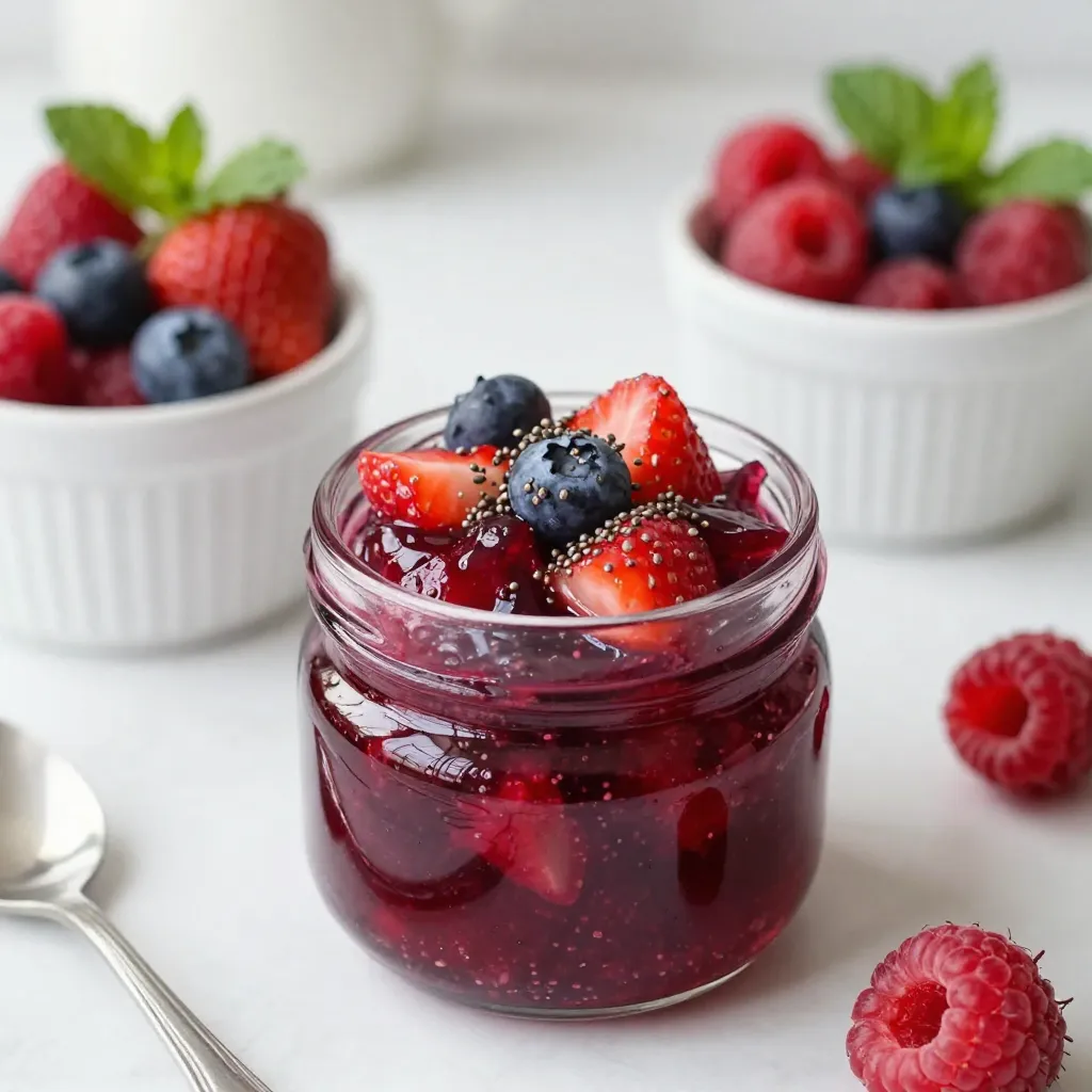 To make Minute Berry Chia Jam, you need simple and fresh ingredients. Here’s what you will need: - 1 cup mixed berries (choose from strawberries, blueberries, or raspberries) - 2 tablespoons maple syrup (or honey for a different sweetness) - 1 tablespoon chia seeds - 1 teaspoon fresh lemon juice - A pinch of sea salt These ingredients work together to create a tasty jam. Berries give the jam its fruity flavor. Maple syrup or honey adds sweetness. Chia seeds help thicken the jam and add healthy fiber. Fresh lemon juice brightens the taste, while sea salt enhances all the flavors. You can mix and match the berries based on what you like or have on hand. Using fresh ingredients makes a big difference in taste. Choose ripe and juicy berries for the best flavor. If you want to switch things up, try adding other fruits or flavors later! {{ingredient_image_2}} - Start by placing 1 cup of mixed berries in a medium bowl. - Use a fork to mash the berries gently. Decide if you want a smooth or chunky jam. I like to keep some berry pieces for texture. - Add 2 tablespoons of maple syrup (or honey), 1 tablespoon of chia seeds, 1 teaspoon of fresh lemon juice, and a pinch of sea salt to the mashed berries. - Mix everything well to combine. Make sure the chia seeds spread evenly throughout the mixture. - Let the berry mixture rest for about 5 to 10 minutes. - During this time, the chia seeds absorb moisture. This process helps thicken your jam. You will see it change from a loose mixture to a jam-like consistency. - If you want a smoother jam, use a hand blender briefly. - After blending, taste the jam. If it needs more sweetness, add a little more maple syrup or honey. - Carefully move the jam to a clean glass jar or an airtight container. - Store it in the refrigerator. It will stay fresh for up to one week. Enjoy this quick and tasty jam with your favorite foods! Adjust the sweetness of your jam to fit your taste. If you want it sweeter, add more maple syrup or honey. You can also try using agave nectar or coconut sugar as alternatives. These options can change the flavor slightly, so feel free to experiment until you find your favorite. Let the chia seeds rest in the mixture for 5-10 minutes. This time is key because it allows the seeds to absorb liquid and thicken the jam. If you want a smoother texture, use a hand blender. Blend for just a few seconds to keep some berry pieces intact while making the jam easy to spread. Serve the jam in small glass jars, topped with a sprig of fresh mint for a pop of color. This makes a lovely gift or a treat for guests. You can pair the jam with toasted bread, yogurt, or pancakes. It makes for a tasty and healthy snack that everyone will love! Pro Tips Choose Fresh Berries: For the best flavor, use fresh, ripe berries. Frozen berries can be used but may result in a slightly different texture. Experiment with Sweetness: Adjust the sweetness based on your taste. Try using agave syrup or coconut sugar for different flavor profiles. Store Properly: Make sure to use an airtight container to preserve the freshness of your jam, and always keep it refrigerated. Use as a Versatile Topping: This jam is not just for toast! Try it on pancakes, waffles, or mixed into yogurt for a delicious treat. {{image_4}} You can create your jam using just one type of berry. Strawberries are sweet and juicy. Blueberries offer a nice tartness. Raspberries are bright and tangy. Each berry gives a unique flavor. You can also mix in less common berries. Blackberries add a deep, rich taste. Cranberries bring a nice tartness and a pop of color. Try adding vanilla extract for warmth. Just a splash can change the jam's flavor. You might also add spices like cinnamon or nutmeg. These spices can make your jam taste even better. Another idea is to use citrus zest. Lemon or orange zest brightens the flavors and adds freshness. If you want a sugar-free jam, use low-calorie sweeteners. Stevia or monk fruit are good choices. They keep the sweetness without the sugar. You can also sweeten naturally. Try adding more ripe berries for sweetness. Applesauce or mashed bananas can also help. These options keep your jam tasty and healthy. To keep your Minute Berry Chia Jam fresh, use an airtight container. Glass jars work great for this. They seal well and do not hold odors. Make sure the jar is clean before filling it with jam. This keeps bacteria out and helps the jam taste better. In the fridge, your jam lasts about one week. Look for signs of spoilage. If you see mold or if it smells off, throw it away. A change in color can also mean it’s time to discard the jam. Always trust your senses to keep safe. You can freeze your chia jam for longer storage. To do this, pour the jam into a freezer-safe container. Leave some space at the top, as it will expand when frozen. When you want to use it, thaw the jam in the fridge overnight. You can stir it and enjoy it on toast or yogurt. Chia jam lasts about one week in the fridge. Store it in an airtight container for best results. Always check for any signs of spoilage, like an off smell or mold. If it looks good and smells fresh, it’s still safe to eat. Yes, you can use frozen berries for chia jam. Just thaw them first and mash them up. They work well and are often just as tasty as fresh berries. This is a great option if fresh berries are out of season or hard to find. Chia jam can be vegan if you use plant-based sweeteners. Maple syrup is a great choice. If you prefer honey, remember that honey is not vegan. Always check labels to ensure sweeteners fit your diet. To make chia jam thicker, increase the chia seeds. You can also let the jam sit longer to absorb more liquid. If you want a smoother texture, blend the jam after it thickens. Adding more berries can also help. Chia jam is super versatile! You can spread it on toast, mix it into yogurt, or use it as a topping for pancakes. It also works great in smoothies or as a filling for desserts. Get creative and enjoy! In this post, we explored how to make delicious chia jam using simple ingredients. You learned the steps to prepare the berries, mix the ingredients, and achieve the perfect texture. I shared helpful tips for flavor and presentation, along with storage advice. Now you can enjoy homemade chia jam in various ways. With a little practice, you’ll create tasty variations that suit your taste. Homemade jam is fun and rewarding, so dive in and savor your creations!
