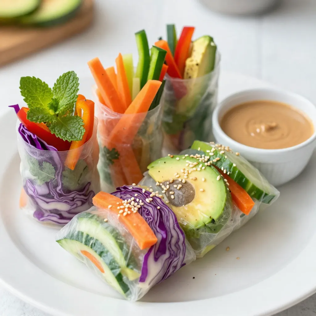 - 1 pack of rice paper wrappers - 1 cup red cabbage, finely sliced - 1 cup carrots, cut into thin julienne strips - 1 cup assorted bell peppers (red, yellow, and green), thinly sliced - 1 cup cucumber, cut into julienne strips - 1 ripe avocado, sliced - 1 cup fresh mint leaves - 1 cup fresh cilantro leaves - 1/4 cup sesame seeds (for garnish) Rice paper wrappers are the base for these spring rolls. They are thin and soften quickly in water. Fresh vegetables make the rolls colorful and tasty. I love using red cabbage for its crunch and vibrant color. Carrots bring sweetness, while bell peppers add a nice crunch. Cucumber provides a refreshing bite. Avocado gives a creamy texture that balances the other flavors. Fresh herbs like mint and cilantro add a burst of fresh taste. Finally, sesame seeds add a lovely crunch on top. - 1/4 cup creamy peanut butter - 2 tablespoons soy sauce (or tamari for a gluten-free option) - 2 tablespoons freshly squeezed lime juice - 1 tablespoon honey or agave syrup - Water (to thin out the sauce) For the dipping sauce, I use creamy peanut butter as a rich base. Soy sauce or tamari adds a salty kick. Fresh lime juice gives a zesty note. Honey or agave syrup adds a touch of sweetness to balance the flavors. You can thin the sauce with water to get the right texture. This sauce pairs perfectly with the fresh spring rolls. {{ingredient_image_2}} Start by washing all your veggies. Use cool water to keep them fresh. For slicing, take your time. Thin strips work best for spring rolls. Use a sharp knife for clean cuts. Slice the red cabbage into thin strips. Julienne the carrots into small sticks. Slice the bell peppers and cucumber thinly. Cut the avocado into even slices. Place each veggie in separate bowls. This makes it easy to grab what you need. To soften the rice paper, use warm water. In a large bowl, fill it with water. Soak one wrapper for about 10 to 15 seconds. You want it soft but not mushy. Lift it carefully and lay it flat. A clean, dry surface works best for this step. Start assembling on the lower third of the rice paper. First, add a handful of red cabbage. Next, place a few sticks of carrot. Then, add slices of bell pepper and cucumber. Put a slice of avocado on top. Finally, add mint and cilantro leaves for flavor. Layering this way gives a nice mix of taste in every bite. When rolling, be gentle to avoid tearing. Fold the sides over the filling first. Start from the bottom and roll it up. Tuck the filling in as you go. Don’t roll too tightly; this helps prevent tears. Once rolled, it should stay closed. Repeat this for the remaining wrappers and fillings. To make the dipping sauce, grab a small bowl. Mix together peanut butter, soy sauce, lime juice, and honey. Use a whisk to blend until smooth. If it's too thick, add a bit of water. Whisk again until the sauce is creamy and easy to dip into. For serving, arrange the spring rolls on a platter. Sprinkle sesame seeds on top for extra crunch. Serve the dipping sauce in a small bowl on the side. This makes for a pretty presentation. You can also garnish with extra herbs for color. Enjoy these spring rolls as a fresh snack or light meal! To roll your spring rolls well, avoid common mistakes. The rice paper can rip if you roll too tightly. If you overfill, it’s hard to roll them. Take your time and use small amounts of filling. I recommend practicing with a damp cloth. This helps you learn how to roll without tearing. You can also watch videos online to see the technique in action. Use seasonal vegetables for the best taste. Fresh bell peppers, cucumbers, and carrots really shine in spring rolls. You can also add radishes or snap peas for extra crunch. If you have allergies, swap out any item. Try cooked chicken, tofu, or even fruits like mango. These choices keep your rolls tasty and safe. To prep in advance, wash and slice your veggies a day before. Store them in airtight containers in the fridge. This keeps them fresh and ready to use. When you make the spring rolls, keep them covered with a damp cloth. This prevents them from drying out. You can also store extra rolls in a container lined with parchment paper. Pro Tips Fresh Ingredients Matter: Use the freshest vegetables and herbs you can find for the best flavor and crunch in your spring rolls. Water Temperature: Ensure the water for softening the rice paper is warm, not hot, to prevent tearing while rolling. Customizable Fillings: Feel free to switch up the fillings based on seasonal vegetables or personal preferences for a unique twist each time. Serving Suggestions: Pair these spring rolls with a variety of dipping sauces, such as sweet chili sauce or hoisin, to enhance the flavors. {{image_4}} You can add protein to your rainbow veggie spring rolls for more flavor and fullness. Tofu is a great option. It absorbs flavors well. Firm tofu holds its shape nicely. Just cube it and marinate it if you wish. Shrimp is another tasty choice. Cook the shrimp briefly before adding it to the rolls. The sweetness of shrimp pairs well with the fresh veggies and herbs. You can even mix proteins! Try adding both tofu and shrimp for a delightful twist. Spices and sauces can elevate your spring rolls. Try adding a sprinkle of chili flakes for some heat. A dash of garlic powder can also enhance the flavor. For a unique twist, consider using hoisin sauce instead of peanut sauce. This sweet and savory sauce gives a different taste. You can also add fresh ginger to the dipping sauce for a refreshing kick. Experiment with flavors to make each roll unique! You can modify this recipe for different diets. To make it gluten-free, simply swap soy sauce for tamari. It tastes just as good and keeps the flavor intact. If you prefer vegan options, use agave syrup instead of honey. For those on low-carb diets, consider omitting the rice paper. Instead, wrap the veggies in large lettuce leaves. This keeps it fresh and crunchy while cutting down on carbs! To keep your spring rolls fresh, store them in an airtight container. Use parchment paper between layers to prevent sticking. This helps maintain their crunch. Keep them in the fridge for up to three days. Avoid stacking them too tightly, as this may cause them to tear. If you have leftover dipping sauce, store it in a sealed jar. The sauce lasts in the fridge for about one week. When you want to use it again, just stir it well. You may need to add a little water to thin it out. You can freeze spring rolls for later. First, wrap each roll in plastic wrap. Place the wrapped rolls in a freezer-safe bag. They can stay in the freezer for up to three months. To reheat, let them thaw in the fridge overnight. Then, warm them in a dry pan for a few minutes. Expect them to lose some crunch, but they will still taste great! Rainbow veggie spring rolls stay fresh for about 2 days in the fridge. Store them in an airtight container. To keep them from sticking, place parchment paper between the rolls. Do not freeze them, as the rice paper can become tough. Yes, you can use different wrappers for spring rolls. Some options include rice paper, wheat tortillas, or even lettuce leaves. Each wrapper gives a unique taste and texture. Rice paper is the most common choice, but feel free to experiment. You can dip your spring rolls in many sauces. Here are a few tasty options: - Sweet chili sauce - Soy sauce - Hoisin sauce - Spicy sriracha - Coconut aminos for a soy-free choice Yes, spring rolls are a healthy choice. They are packed with fresh vegetables like red cabbage, carrots, and bell peppers. These veggies provide vitamins and minerals. The rice paper is low in calories too. Adding avocado gives healthy fats, making them a balanced snack. You can make spring rolls ahead of time. Prepare them up to 4 hours before serving. Keep them in the fridge in an airtight container. If you make the filling in advance, store it separate from the rice paper to keep everything fresh. This guide covers making fresh and flavorful spring rolls. You learned how to select the best ingredients, prepare vegetables, and create delicious dipping sauces. We explored tips to perfect your rolling technique and storage methods to keep your rolls fresh. Remember, spring rolls are versatile. You can adjust them to fit your tastes and dietary needs. Have fun experimenting with flavors and making your own unique rolls! Enjoy every bite as you share this delicious dish with friends and family.