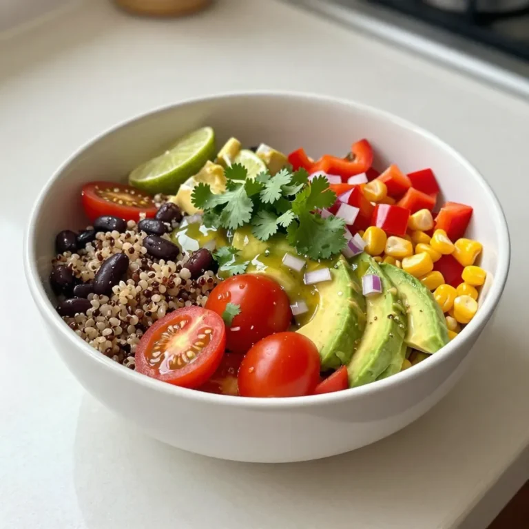 To make this salad, you need: - 1 cup quinoa, thoroughly rinsed - 2 cups vegetable broth or water - 1 can (15 oz) black beans, drained and rinsed - 1 cup cherry tomatoes, halved - 1 red bell pepper, diced - 1 cup corn, fresh, frozen, or canned - 1 ripe avocado, diced - 1/4 cup red onion, finely chopped - 1/4 cup fresh cilantro, chopped - 2 tablespoons freshly squeezed lime juice - 2 tablespoons extra virgin olive oil - 1 teaspoon ground cumin - 1/2 teaspoon smoked paprika - Salt and freshly ground black pepper to taste These ingredients bring bright colors and flavors to the dish. Quinoa serves as a healthy base, while black beans add protein. The cherry tomatoes and bell pepper provide sweetness and crunch. Corn brings a nice texture and the avocado adds creaminess. Finally, the dressing ties everything together with zesty notes. You can get creative with these optional items: - Jalapeños for some heat - Feta cheese for added creaminess - Lime zest for extra zing - Chopped green onions for a fresh touch Feel free to mix and match based on what you like. Adding these can change the taste and make it even more exciting. Here's what you get per serving of the salad: - Calories: Approximately 250 - Protein: 9g - Fat: 12g - Carbohydrates: 30g - Fiber: 8g This salad is not only tasty but also healthy. It provides a good balance of protein and fiber. It fits well into a balanced diet. Enjoy this colorful dish as a light meal or a side! {{ingredient_image_2}} To cook the quinoa, start with a medium pot. Add 1 cup of rinsed quinoa and 2 cups of vegetable broth. Bring it to a boil on medium-high heat. Once boiling, reduce the heat to low. Cover the pot and let it simmer for about 15 minutes. The quinoa will absorb all the liquid. When it’s done, fluff it gently with a fork. Allow it to cool for a few minutes. While the quinoa cooks, let’s make the dressing. In a small mixing bowl, combine 2 tablespoons of olive oil, 2 tablespoons of lime juice, 1 teaspoon of ground cumin, and 1/2 teaspoon of smoked paprika. Add a pinch of salt and pepper. Whisk these together until they blend well. Set this zesty dressing aside for later. In a large salad bowl, it’s time to mix the colorful ingredients. Add 1 can of black beans, 1 cup of halved cherry tomatoes, 1 diced red bell pepper, and 1 cup of corn. Then, add 1 diced avocado, 1/4 cup of finely chopped red onion, and 1/4 cup of fresh cilantro. Stir gently to mix everything together. Once the quinoa has cooled, add it to the bowl with the vegetables. Drizzle the dressing over the salad. Carefully toss everything to coat well. Taste the salad and adjust the seasoning if needed. For the best flavor, cover and chill the salad for at least 30 minutes before serving. Serve in a large bowl with extra cilantro and lime wedges for garnish. Enjoy this colorful and healthy delight! To cook quinoa perfectly, rinse it first. Rinsing removes the bitter coating called saponin. Next, use two cups of vegetable broth for each cup of quinoa. This adds great flavor. Bring the mixture to a boil, then lower the heat. Cover it and let it simmer for 15 minutes. When done, fluff it with a fork. Let it cool slightly before adding to your salad. You can mix up the flavors easily. Try adding diced jalapeños for a kick. A sprinkle of feta cheese can add creaminess. For a sweeter touch, mix in diced mango or pineapple. You can also swap the lime juice for lemon juice. Each change brings a new twist to your salad. Fresh ingredients make a big difference. Look for bright, firm cherry tomatoes and ripe avocados. Choose bell peppers that are crisp and colorful. If using corn, fresh corn is best, but frozen works too. Always check for quality in your herbs. Fresh cilantro adds a lot of flavor, so pick the freshest bunch you can find. Pro Tips Rinse Your Quinoa: Always rinse quinoa under cold water for a few seconds to remove its natural coating, called saponin, which can impart a bitter taste. Choose Quality Ingredients: Opt for fresh or high-quality canned ingredients, especially when it comes to vegetables and beans, to enhance the overall flavor of the dish. Let It Chill: Allowing the salad to chill for at least 30 minutes before serving lets the flavors meld together, resulting in a more flavorful dish. Adjust to Your Taste: Don’t hesitate to adjust the seasoning according to your palate; adding more lime juice or spices can take the salad to the next level. {{image_4}} You can easily make this salad vegan. The base of quinoa, beans, and veggies is already plant-based. Just avoid any animal products. The dressing uses olive oil and lime juice, both vegan-friendly. Boost the protein in your salad for extra energy. Add grilled chicken or shrimp for a meat option. You can also use tofu or tempeh for a veggie protein. Adding nuts like almonds or walnuts gives a nice crunch too. The dressing is tasty, but you can switch it up. Try a tangy vinaigrette with apple cider vinegar. A creamy avocado dressing works well for a rich flavor. You can even mix in some salsa for a fun twist! Store your Southwest Quinoa Salad in an airtight container. This keeps it fresh longer. Place it in the fridge right after it cools. It is best to eat it cold. Enjoy the flavors more when they blend together. Freezing this salad isn't the best choice. The texture of veggies may change. If you must freeze it, store without the avocado. Add fresh avocado after thawing. Place it in a freezer-safe bag for up to three months. In the fridge, your salad lasts about three to five days. Check for any signs of spoilage before eating. If it looks or smells off, it's best to toss it. Always trust your senses when it comes to food safety. Yes, you can make this salad ahead of time. It tastes even better after sitting. The flavors blend well when chilled. I suggest making it the day before. Just keep it in the fridge. You can serve it cold or let it warm slightly before eating. If you want a substitute for quinoa, try brown rice or farro. Both options have a nice texture. You can also use couscous, but it cooks faster. Choose what you like best. Each grain gives a different taste to the salad. Yes, this salad is gluten-free. Quinoa is naturally gluten-free. All the other ingredients are safe, too. Just check any canned items for gluten. This makes it a great dish for those with gluten sensitivities. To add spice, you can include chopped jalapeños. Fresh or pickled jalapeños work well. You can also add red pepper flakes for heat. Another option is to use a spicy dressing. Adjust the spice level to fit your taste. This blog post covered how to make a tasty Southwest quinoa salad. We looked at key ingredients, cooking methods, and tips for perfecting your dish. You can customize it with proteins or different dressings. Remember to check storage tips to enjoy it later. Making this salad is easy, fun, and healthy. You can impress your friends with your skills. Enjoy your cooking and get creative as you explore all the great options!