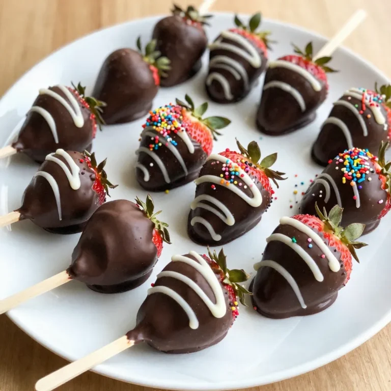 To make delicious chocolate-covered strawberry pops, you'll need to gather some simple ingredients. Each ingredient plays a key role in creating a fun treat. Here’s what you need: - Fresh strawberries - Dark chocolate - White chocolate - Coconut oil (optional) - Sprinkles or crushed nuts (optional) - Lollipop sticks or wooden skewers Fresh strawberries are the star of this treat. Look for berries that are ripe and firm. Dark chocolate gives a rich flavor. White chocolate adds a sweet touch on top. Coconut oil helps the chocolate melt smoothly, but it is not a must. Sprinkles or nuts can add color and crunch. Finally, lollipop sticks or skewers hold everything together. These ingredients are easy to find at your local store. With them, you can create a fun and tasty dessert that everyone will love! {{ingredient_image_2}} Start by washing the strawberries. Make sure they are dry. Wet strawberries will not hold the chocolate well. Use a paper towel to pat them dry. Next, take a lollipop stick and insert it into the base of each strawberry. Push it in halfway to create a strong grip. Grab a microwave-safe bowl. Place the chopped dark chocolate in it. If you want, add one tablespoon of coconut oil for smoothness. Heat the bowl in the microwave for 30 seconds. After that, stir the chocolate. Repeat this until the chocolate is melted and smooth. Now, it’s time to dip! Hold the strawberry by the stick. Dip it into the melted dark chocolate. Rotate it to cover all sides well. After dipping, lift it out and let the excess chocolate drip off. This step helps avoid a thick layer. For the fun part, melt the white chocolate in a separate bowl. Use the same microwave method. Stir until it’s smooth. Now, take a fork or a piping bag. Drizzle the melted white chocolate over the dark-covered strawberries. While the white chocolate is warm, sprinkle on your choice of sprinkles or crushed nuts. Lay the decorated strawberries on a baking sheet lined with parchment paper. Make sure they are spaced apart. This helps prevent sticking. Place the baking sheet in the refrigerator. Let them chill for about 30 minutes. This time allows the chocolate to set firm. When you pick strawberries, look for deep red color. Ripe strawberries taste best and look good. Size matters too. Larger strawberries hold more chocolate and look great. Always choose fresh ones without bruises or bad spots. A great strawberry is the base for a great treat. To make your chocolate smooth, use coconut oil. It helps the chocolate melt evenly. This little tip makes a big difference. Heat the chocolate in short bursts, stirring between each. If you see clumps, keep stirring. It should be silky and easy to dip. Get creative with toppings! You can use sprinkles, crushed nuts, or even coconut flakes. These add fun colors and crunch. If you want, try drizzling more chocolate on top. It makes the pops look fancy. Present the pops on a nice plate or wrap them for gifts. They will impress everyone! Pro Tips Choose the Right Chocolate: Opt for high-quality chocolate for a richer flavor and smoother finish. The better the chocolate, the better your pops will taste! Use Dry Strawberries: Ensure your strawberries are completely dry before dipping. Any moisture can cause the chocolate to seize up and not adhere properly. Experiment with Toppings: Customize your pops by using a variety of toppings such as crushed nuts, coconut flakes, or edible glitter for a festive touch. Store Properly: Keep your chocolate-covered strawberry pops in the refrigerator in an airtight container to maintain their freshness and prevent melting. {{image_4}} You can use many types of chocolate for these pops. Milk chocolate is sweet and creamy. It gives a rich taste that kids love. Dark chocolate, on the other hand, has a deeper flavor. It pairs well with the fresh taste of strawberries. If you want a healthier choice, use dark chocolate. For those who prefer vegan options, there are great choices too. Look for vegan chocolate bars made from cocoa. These are dairy-free and still taste amazing. They melt just like regular chocolate. Strawberries are tasty, but don't stop there! You can use other fruits too. Bananas, for example, make great pops. Cut them into pieces and dip them in chocolate. Pineapple chunks also work well. Their sweet and juicy taste adds a fun twist. Mixing fruits can be fun. Try combining strawberries and bananas on one stick. This mix gives you a burst of flavors in every bite. You can even use berries like raspberries or blueberries for a colorful treat. Want to kick things up a notch? Consider adding flavor extracts! Vanilla and almond extracts can bring new life to your chocolate. Just add a few drops to the melted chocolate for extra taste. You can also experiment with spices. A pinch of cinnamon can add warmth. For a bit of kick, try cayenne pepper. It contrasts nicely with the sweetness of the chocolate and fruit. These little changes can make your chocolate-covered pops unique and exciting! Store chocolate-covered strawberry pops in the fridge. Use a shallow container. Line it with parchment paper. This way, the pops won’t stick together. Keep them covered with a lid or plastic wrap. This helps keep them fresh and moist. In the fridge, these pops last about three days. You can freeze them too. To freeze, wrap each pop in plastic wrap. Then place them in a freezer bag. They can stay frozen for about a month. When ready to eat, thaw them in the fridge, not at room temperature. This keeps the texture nice and firm. Yes, you can make these pops ahead of time. They taste great even after a day in the fridge. Just store them in an airtight container to keep them fresh. You can also freeze them for longer storage. Just let them thaw in the fridge before serving. If you don’t have coconut oil, you can use vegetable oil or butter. These will help keep the chocolate smooth. Both options work well, but coconut oil gives a nice shine to the chocolate. If your chocolate seizes, don’t worry! Add a small amount of warm water or cream and stir. This should bring it back to a smooth consistency. Keep stirring slowly until it melts again. Absolutely! Chocolate-covered strawberry pops are a fun and tasty treat for parties. They are easy to grab and eat. You can also personalize them to match your party theme with different toppings. Yes! You can get creative with toppings. Try crushed cookies, nuts, or even dried fruit. You can also drizzle with caramel or add sprinkles for extra fun. Make these pops your own with your favorite flavors! You learned how to make chocolate-covered strawberry pops with simple steps and tasty ingredients. The right strawberries and melting techniques ensure great results. Don’t forget to try new chocolates or fruits. Store them well to keep them fresh for longer. These pops are perfect for any event or a fun treat at home. Get creative with toppings, and enjoy your delicious creations!