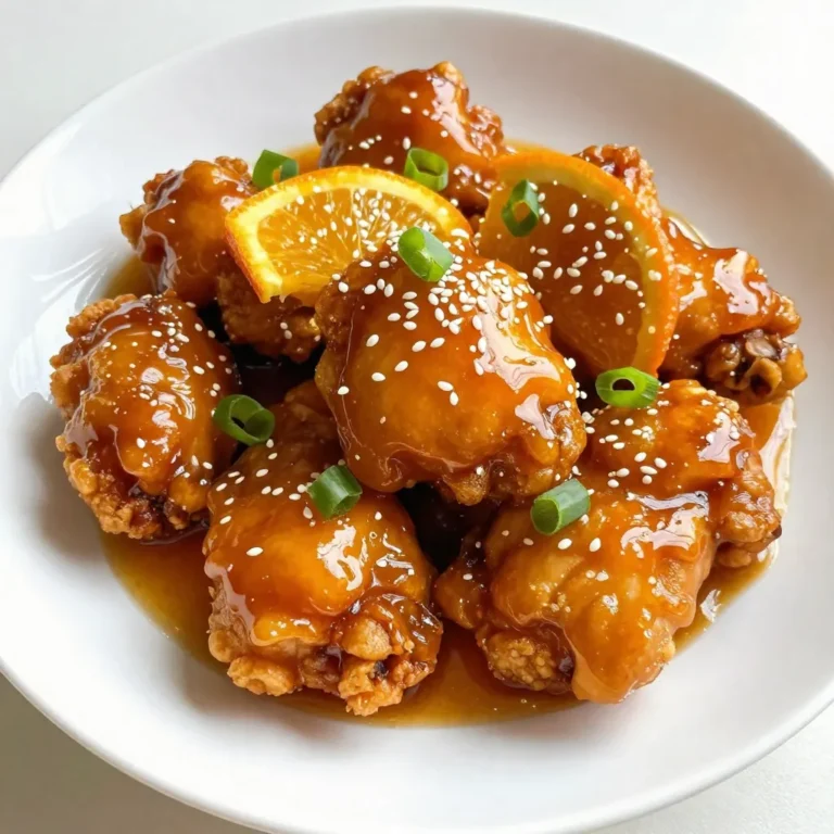 To make sticky orange chicken, gather these key ingredients: - 1 lb (450g) boneless chicken thighs, cut into bite-sized pieces - 1/2 cup cornstarch - 1/4 cup vegetable oil (for frying) - 1/4 cup honey - 1/2 cup fresh orange juice - Zest of 1 orange - 3 tablespoons low-sodium soy sauce - 1 tablespoon rice vinegar - 2 cloves garlic, minced - 1 inch piece fresh ginger, minced - 1 teaspoon sesame oil - 1 tablespoon sliced green onions, for garnish - Sesame seeds, for garnish Each ingredient plays an important role. The chicken thighs stay juicy and tender. Cornstarch gives a nice crunch. Honey and orange juice add sweetness and tang. For the best results, use high-quality products: - Organic chicken thighs: They taste better and are healthier. - Fresh oranges: Squeezing your juice gives the best flavor. - Low-sodium soy sauce: This keeps the dish balanced without too much salt. - Pure honey: Look for raw honey for a richer taste. These products enhance your dish's flavor and quality. If you need to switch ingredients, here are some easy swaps: - Chicken: Use chicken breasts for a leaner option. - Cornstarch: Try using flour for dredging, but it won't be as crispy. - Honey: Maple syrup works well for a different sweetness. - Soy sauce: Tamari is a great gluten-free choice. - Rice vinegar: Apple cider vinegar can serve as a substitute. These substitutions keep your dish tasty while meeting dietary needs. {{ingredient_image_2}} First, gather your ingredients. Cut the boneless chicken thighs into bite-sized pieces. Place them in a large mixing bowl. Sprinkle the cornstarch evenly over the chicken. Toss the chicken until each piece is fully coated. This step is key for a crispy texture when frying. Next, heat a large skillet or wok over medium-high heat. Add the vegetable oil and let it shimmer. Carefully add the coated chicken pieces to the hot oil, but do this in batches. Fry each piece for about 4-5 minutes on each side. Look for a golden brown color and a crispy exterior. Once cooked, remove the chicken and let it drain on paper towels. In a separate bowl, mix honey, fresh orange juice, orange zest, soy sauce, rice vinegar, minced garlic, and minced ginger. Whisk this mixture until well combined. Now, in the same skillet, pour the sauce over any leftover oil. Bring it to a gentle simmer. Add the fried chicken pieces, stirring gently to coat them. Allow the chicken to cook in the sauce for 2-3 minutes. This helps thicken the sauce. Finally, drizzle sesame oil over the chicken and toss to mix in the flavor. To get that crispy chicken, start with cornstarch. Coat each piece well. This helps create a crunchy outer layer. Make sure the oil is hot before frying. If it’s not hot enough, the chicken will soak up the oil and turn soggy. Fry in small batches so the temperature stays even. Cook each side for 4-5 minutes. You want a golden brown color for the best texture. Marinades add depth to your dish. For this recipe, use fresh orange juice and zest. They give a bright, sweet flavor. Add soy sauce and rice vinegar for a savory touch. Minced garlic and ginger bring warmth and spice. Mix these ingredients and let the chicken marinate for 30 minutes or more. This short wait lets the flavors soak in nicely. Sticky orange chicken pairs well with many sides. Serve it over fluffy rice for a filling meal. You can also add steamed veggies for some crunch. Try it with a fresh salad to balance the sweetness. For an extra kick, serve with chili flakes or hot sauce. This dish looks great with a sprinkle of green onions and sesame seeds. It makes for a beautiful presentation and a tasty meal! Pro Tips Use Fresh Ingredients: Freshly squeezed orange juice and zest will elevate the flavor of your sticky orange chicken, making it more vibrant and aromatic. Don't Overcrowd the Pan: Fry the chicken in batches to ensure each piece gets crispy. Overcrowding can cause the temperature to drop, resulting in soggy chicken. Adjust the Sweetness: Depending on your preference, you can adjust the amount of honey in the sauce. Try using less if you prefer a tangier flavor. Garnish for Presentation: For a beautiful finish, garnish with sliced green onions and sesame seeds just before serving to add color and texture. {{image_4}} You can easily turn this dish into a spicy delight. Add red pepper flakes or Sriracha to the sauce for heat. Start with one teaspoon, then taste and adjust. This small change can bring a whole new level to the orange chicken. Spicy orange chicken blends sweet and heat perfectly. To make a healthier version, consider using air frying instead of deep frying. Coat the chicken with cornstarch and spray with cooking oil. This method cuts down on fat while keeping the chicken crispy. You can also swap honey for maple syrup or agave nectar. Both options give a similar sweetness with fewer calories. For a vegetarian or vegan twist, try using tofu or tempeh. Press and cube the tofu, then coat it with cornstarch. Fry until golden and crispy. Use the same sauce recipe to keep those great flavors. A mix of vegetables like bell peppers and broccoli can also add color and nutrition to your dish. After you enjoy your sticky orange chicken, store leftovers in an airtight container. This keeps it fresh. Let the chicken cool down first. Place it in the fridge. It can stay good for up to three days. Make sure to separate the chicken from the sauce if you want extra crispiness later. To reheat, use a skillet on medium heat. Add a little oil to help it crisp up. Heat the chicken for about 5-7 minutes. Stir often so it warms evenly. You can also use a microwave. If you do, heat it in short bursts of 30 seconds. This way, it won't dry out. If you want to save it for later, freezing is a great option. Place the cooled chicken in a freezer-safe bag or container. Be sure to remove as much air as possible. This helps prevent freezer burn. The chicken will last for about two months in the freezer. When you're ready to eat, thaw it in the fridge overnight before reheating. To reduce the sweetness, cut back on honey. You can also add more soy sauce. This adds saltiness and balances the flavors. Another option is to increase the orange juice. Fresh juice adds bright flavor without added sweetness. Try mixing in some vinegar too. Rice vinegar enhances the tang and makes it less sweet. Yes, you can use chicken breast. Just remember, chicken breasts may dry out faster. Cook them for a shorter time to keep them juicy. Cut the breast into bite-sized pieces, just like thighs. This helps with even cooking and crispiness. Sticky Orange Chicken pairs well with steamed rice. White rice or brown rice works great. You can also serve it with fried rice for extra flavor. Add some stir-fried veggies on the side. Broccoli, bell peppers, or snap peas add color and nutrients. To make Sticky Orange Chicken gluten-free, switch to gluten-free soy sauce. Look for brands labeled "gluten-free" at the store. You can also use tamari, which is a great soy sauce alternative. Make sure to check other ingredients too. Rice vinegar is usually gluten-free, but always double-check the label. In this blog, we covered how to make sticky orange chicken from start to finish. We discussed the key ingredients and gave tips for achieving that perfect crispy chicken. You also learned about fun variations, like spicy or vegetarian options. Remember, practice makes perfect with this dish. Whether you prefer to fry or bake, have fun and get creative in the kitchen. Enjoy your delicious orange chicken!
