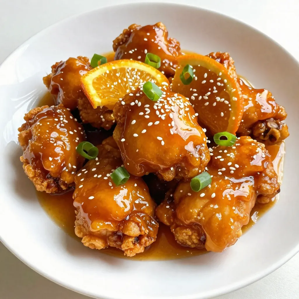 To make sticky orange chicken, gather these key ingredients: - 1 lb (450g) boneless chicken thighs, cut into bite-sized pieces - 1/2 cup cornstarch - 1/4 cup vegetable oil (for frying) - 1/4 cup honey - 1/2 cup fresh orange juice - Zest of 1 orange - 3 tablespoons low-sodium soy sauce - 1 tablespoon rice vinegar - 2 cloves garlic, minced - 1 inch piece fresh ginger, minced - 1 teaspoon sesame oil - 1 tablespoon sliced green onions, for garnish - Sesame seeds, for garnish Each ingredient plays an important role. The chicken thighs stay juicy and tender. Cornstarch gives a nice crunch. Honey and orange juice add sweetness and tang. For the best results, use high-quality products: - Organic chicken thighs: They taste better and are healthier. - Fresh oranges: Squeezing your juice gives the best flavor. - Low-sodium soy sauce: This keeps the dish balanced without too much salt. - Pure honey: Look for raw honey for a richer taste. These products enhance your dish's flavor and quality. If you need to switch ingredients, here are some easy swaps: - Chicken: Use chicken breasts for a leaner option. - Cornstarch: Try using flour for dredging, but it won't be as crispy. - Honey: Maple syrup works well for a different sweetness. - Soy sauce: Tamari is a great gluten-free choice. - Rice vinegar: Apple cider vinegar can serve as a substitute. These substitutions keep your dish tasty while meeting dietary needs. {{ingredient_image_2}} First, gather your ingredients. Cut the boneless chicken thighs into bite-sized pieces. Place them in a large mixing bowl. Sprinkle the cornstarch evenly over the chicken. Toss the chicken until each piece is fully coated. This step is key for a crispy texture when frying. Next, heat a large skillet or wok over medium-high heat. Add the vegetable oil and let it shimmer. Carefully add the coated chicken pieces to the hot oil, but do this in batches. Fry each piece for about 4-5 minutes on each side. Look for a golden brown color and a crispy exterior. Once cooked, remove the chicken and let it drain on paper towels. In a separate bowl, mix honey, fresh orange juice, orange zest, soy sauce, rice vinegar, minced garlic, and minced ginger. Whisk this mixture until well combined. Now, in the same skillet, pour the sauce over any leftover oil. Bring it to a gentle simmer. Add the fried chicken pieces, stirring gently to coat them. Allow the chicken to cook in the sauce for 2-3 minutes. This helps thicken the sauce. Finally, drizzle sesame oil over the chicken and toss to mix in the flavor. To get that crispy chicken, start with cornstarch. Coat each piece well. This helps create a crunchy outer layer. Make sure the oil is hot before frying. If it’s not hot enough, the chicken will soak up the oil and turn soggy. Fry in small batches so the temperature stays even. Cook each side for 4-5 minutes. You want a golden brown color for the best texture. Marinades add depth to your dish. For this recipe, use fresh orange juice and zest. They give a bright, sweet flavor. Add soy sauce and rice vinegar for a savory touch. Minced garlic and ginger bring warmth and spice. Mix these ingredients and let the chicken marinate for 30 minutes or more. This short wait lets the flavors soak in nicely. Sticky orange chicken pairs well with many sides. Serve it over fluffy rice for a filling meal. You can also add steamed veggies for some crunch. Try it with a fresh salad to balance the sweetness. For an extra kick, serve with chili flakes or hot sauce. This dish looks great with a sprinkle of green onions and sesame seeds. It makes for a beautiful presentation and a tasty meal! Pro Tips Use Fresh Ingredients: Freshly squeezed orange juice and zest will elevate the flavor of your sticky orange chicken, making it more vibrant and aromatic. Don't Overcrowd the Pan: Fry the chicken in batches to ensure each piece gets crispy. Overcrowding can cause the temperature to drop, resulting in soggy chicken. Adjust the Sweetness: Depending on your preference, you can adjust the amount of honey in the sauce. Try using less if you prefer a tangier flavor. Garnish for Presentation: For a beautiful finish, garnish with sliced green onions and sesame seeds just before serving to add color and texture. {{image_4}} You can easily turn this dish into a spicy delight. Add red pepper flakes or Sriracha to the sauce for heat. Start with one teaspoon, then taste and adjust. This small change can bring a whole new level to the orange chicken. Spicy orange chicken blends sweet and heat perfectly. To make a healthier version, consider using air frying instead of deep frying. Coat the chicken with cornstarch and spray with cooking oil. This method cuts down on fat while keeping the chicken crispy. You can also swap honey for maple syrup or agave nectar. Both options give a similar sweetness with fewer calories. For a vegetarian or vegan twist, try using tofu or tempeh. Press and cube the tofu, then coat it with cornstarch. Fry until golden and crispy. Use the same sauce recipe to keep those great flavors. A mix of vegetables like bell peppers and broccoli can also add color and nutrition to your dish. After you enjoy your sticky orange chicken, store leftovers in an airtight container. This keeps it fresh. Let the chicken cool down first. Place it in the fridge. It can stay good for up to three days. Make sure to separate the chicken from the sauce if you want extra crispiness later. To reheat, use a skillet on medium heat. Add a little oil to help it crisp up. Heat the chicken for about 5-7 minutes. Stir often so it warms evenly. You can also use a microwave. If you do, heat it in short bursts of 30 seconds. This way, it won't dry out. If you want to save it for later, freezing is a great option. Place the cooled chicken in a freezer-safe bag or container. Be sure to remove as much air as possible. This helps prevent freezer burn. The chicken will last for about two months in the freezer. When you're ready to eat, thaw it in the fridge overnight before reheating. To reduce the sweetness, cut back on honey. You can also add more soy sauce. This adds saltiness and balances the flavors. Another option is to increase the orange juice. Fresh juice adds bright flavor without added sweetness. Try mixing in some vinegar too. Rice vinegar enhances the tang and makes it less sweet. Yes, you can use chicken breast. Just remember, chicken breasts may dry out faster. Cook them for a shorter time to keep them juicy. Cut the breast into bite-sized pieces, just like thighs. This helps with even cooking and crispiness. Sticky Orange Chicken pairs well with steamed rice. White rice or brown rice works great. You can also serve it with fried rice for extra flavor. Add some stir-fried veggies on the side. Broccoli, bell peppers, or snap peas add color and nutrients. To make Sticky Orange Chicken gluten-free, switch to gluten-free soy sauce. Look for brands labeled "gluten-free" at the store. You can also use tamari, which is a great soy sauce alternative. Make sure to check other ingredients too. Rice vinegar is usually gluten-free, but always double-check the label. In this blog, we covered how to make sticky orange chicken from start to finish. We discussed the key ingredients and gave tips for achieving that perfect crispy chicken. You also learned about fun variations, like spicy or vegetarian options. Remember, practice makes perfect with this dish. Whether you prefer to fry or bake, have fun and get creative in the kitchen. Enjoy your delicious orange chicken!