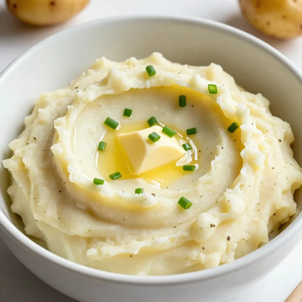 - 2 pounds Yukon Gold potatoes - 4 tablespoons unsalted butter - 1/2 cup heavy cream (or milk) - 4 cloves garlic - 1 teaspoon dried thyme - 1 teaspoon fresh rosemary - Salt and black pepper - Fresh chives When making buttery herb garlic mashed potatoes, start with high-quality ingredients. Yukon Gold potatoes shine here. Their creamy texture adds depth. Next, unsalted butter brings richness. Heavy cream adds a smooth finish. If you want a lighter version, milk works too. Garlic is a key flavor booster. Use fresh cloves for the best taste. Dried thyme and fresh rosemary bring out the earthiness. Salt and black pepper complete the dish, enhancing all the flavors. Fresh chives add a pop of color and taste as a garnish. Gather these ingredients before you start. It makes cooking easier and more enjoyable. {{ingredient_image_2}} Start by boiling the potatoes. Fill a large pot with salted water and bring it to a rolling boil. Carefully add your 2 pounds of Yukon Gold potatoes, cut into 1-inch cubes. Cook them until they are tender, about 15 to 20 minutes. To test doneness, pierce a potato with a fork. If it breaks apart easily, your potatoes are ready. While the potatoes cook, you can make the garlic butter. In a small saucepan, melt 4 tablespoons of unsalted butter over medium heat. As soon as the butter melts, add in 4 finely minced cloves of garlic. Sauté for 1 to 2 minutes. Keep stirring to prevent the garlic from burning. You want to release that amazing aroma without turning the garlic too dark. Once the potatoes are tender, drain them well. Return the drained potatoes to the pot. This helps any extra moisture steam off. Now, drizzle your freshly melted garlic butter over the warm potatoes. Be sure to scrape any garlic bits into the pot for added flavor. Next, pour in 1/2 cup of heavy cream or milk, add 1 teaspoon of dried thyme, 1 teaspoon of chopped fresh rosemary, and season with salt and pepper. Now it’s time to mash. Use a potato masher or hand mixer to mash the potatoes until they are smooth and creamy. You can adjust the texture by adding more cream for a creamier mash or less for something thicker. Once mashed, taste your potatoes and adjust seasoning with more salt or pepper if needed. Serve the mashed potatoes hot in a warm, deep bowl. Create a small well in the center of the potatoes to hold a dab of melting butter. Don’t forget to sprinkle fresh chives on top for a burst of color and flavor. This simple touch makes your dish look fancy and inviting! To get the best mashed potatoes, you need the right tools. I recommend using a sturdy potato masher. A hand mixer also works well, but don’t overmix. This can make the potatoes gummy. When it comes to cream, adjust it for your desired thickness. If you like creamier potatoes, add more cream. For thicker mash, use less. To make your mashed potatoes sing with flavor, infuse the herbs deeply. You can do this by adding the thyme and rosemary while the potatoes cook. This releases their oils and gives a richer taste. Avoid burning the garlic! Sauté it for only 1-2 minutes. Stir it constantly to keep it from turning bitter. Presentation matters! Serve your mashed potatoes in a warm bowl. Create a small well in the center. Place a pat of butter there to melt. Add a sprinkle of fresh chives on top for color and flavor. This not only looks great but also adds a fresh touch. Pro Tips Use Yukon Gold Potatoes: Their creamy texture makes for the best mashed potatoes, delivering a rich and buttery flavor. Don't Overmix: Overmixing can make the potatoes gluey. Mash just until smooth for the perfect consistency. Infuse Your Butter: Consider infusing the butter with herbs beforehand to enhance the flavor profile of your mashed potatoes. Warm Your Cream: Warm the cream before adding it to the potatoes to keep everything hot and achieve a silky smooth texture. {{image_4}} You can make Buttery Herb Garlic Mashed Potatoes lighter. One way is to substitute heavy cream with milk. This change reduces fat while keeping the taste rich. You still get a creamy texture, just with fewer calories. Another option is to use low-sodium butter. This swap helps control your salt intake. You can enjoy the same buttery flavor without the extra sodium. Feel free to mix in different herbs to boost flavor. Parsley or sage can add new notes to your mash. These herbs bring freshness and a unique twist to the classic recipe. You can also add other ingredients for creaminess. Cream cheese or sour cream work well. They add richness and a slight tang that makes each bite more interesting. To enhance your meal, pair these mashed potatoes with great side dishes. Roasted vegetables or a crisp salad can balance the creaminess. They also add color to your plate. For main dishes, try serving with grilled chicken or beef. The savory flavors of the meat complement the buttery mashed potatoes. These pairings create a satisfying meal that everyone will enjoy. To keep your buttery herb garlic mashed potatoes fresh, store them properly. - Refrigeration tips: Place the leftovers in an airtight container. They will stay good for 3 to 5 days in the fridge. Make sure to cool them down before sealing. This helps avoid steam buildup, which can make them soggy. - Freezing guidelines: If you want to save them longer, you can freeze the mashed potatoes. Use a freezer-safe container or a heavy-duty freezer bag. They can last up to 2 months in the freezer. When you’re ready to use them, thaw in the fridge overnight. When it’s time to enjoy your leftovers, reheating them right is key to keeping their tasty texture. - Methods for best texture retention: The best way to reheat mashed potatoes is on the stove. Heat them in a pot over low heat. Stir gently and add a little cream or milk to keep them creamy. You can also use a microwave, but cover the bowl with a lid or wrap to keep the moisture in. - Tips for reviving flavor: To boost the flavor, mix in a little fresh butter or herbs while reheating. This will bring back some of that delicious taste and aroma. Don’t forget to season with a pinch of salt if needed. To make sure your mashed potatoes are creamy, use Yukon Gold potatoes. They have a buttery texture. Boil them until tender, about 15-20 minutes. Drain them well to remove extra water. Add warm heavy cream or milk gradually. This helps keep them smooth. Use a potato masher or hand mixer to achieve your desired texture. If they seem thick, add more cream. Always taste and adjust seasoning with salt and pepper. Yes, you can make these mashed potatoes ahead of time. Prepare the dish as directed and cool it quickly. Store them in an airtight container in the fridge for up to three days. When ready to serve, reheat gently on the stove. Add a bit of cream to keep them creamy. Stir often to prevent sticking. You can also microwave them in short intervals, stirring in between. Buttery Herb Garlic Mashed Potatoes pair well with many sides. Try them with roasted chicken or beef stew. They also go great with grilled vegetables or a fresh salad. For a holiday meal, serve them alongside turkey and gravy. These mashed potatoes complement almost any main dish. Yes, you can substitute Yukon Gold potatoes. Russet potatoes are a good choice, too. They are starchy and fluffy when mashed. However, they may lack some creaminess. Red potatoes can also work, but they are waxy and may yield a thicker mash. Experiment with different types to find your favorite flavor and texture! Buttery herb garlic mashed potatoes bring comfort to any meal. We detailed key ingredients like Yukon Gold potatoes, garlic, and herbs. We shared step-by-step instructions for perfect preparation. You learned tips for texture, flavor, and presentation. In conclusion, this dish is easy to customize. Enjoy experimenting with different herbs or cream options. With these techniques, your mashed potatoes will shine at every dinner.