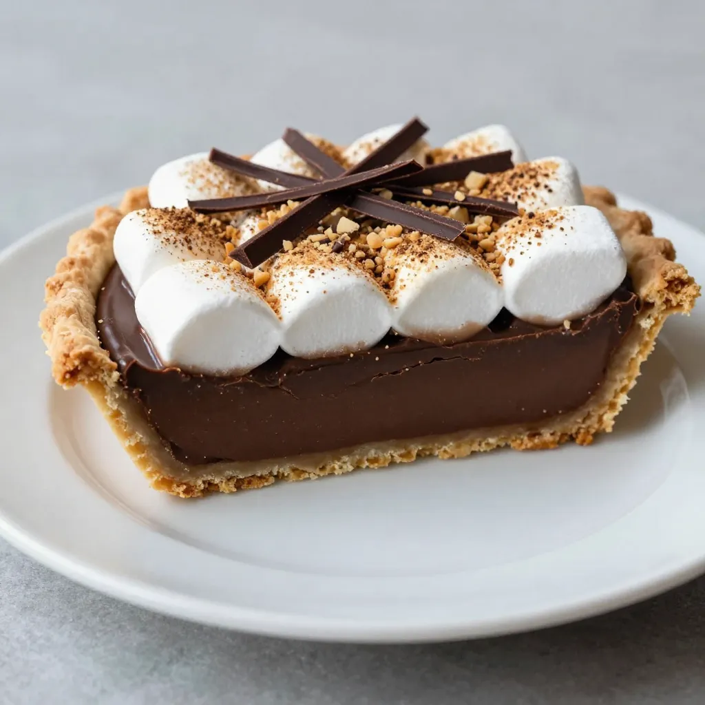 To make a delicious S'mores Chocolate Pie, gather these key ingredients: - Pre-made graham cracker pie crust - 1 cup milk chocolate chips - 1 cup heavy cream - 1/2 cup granulated sugar - 2 large eggs - 1 teaspoon vanilla extract - 1 cup mini marshmallows - 1/2 cup crushed graham crackers (for topping) - 1/4 cup chocolate shavings (for garnish) These ingredients work together to create a rich and creamy chocolate filling, topped with toasted marshmallows and crunchy graham crackers. Each bite offers a delightful blend of flavors and textures. The pre-made graham cracker crust saves you time and gives the pie the classic S'mores taste. Using milk chocolate chips ensures the filling is sweet and smooth. The heavy cream adds a luxurious creaminess, making this dessert truly irresistible. Gathering these ingredients is the first step to crafting your perfect S'mores Chocolate Pie. Enjoy the process and get ready for a treat that everyone will love! {{ingredient_image_2}} Set your oven to 350°F (175°C). This is the first step to warm up your kitchen for baking. A hot oven helps the pie bake evenly. In a medium pan, mix heavy cream and milk chocolate chips over low heat. Stir constantly with a spatula until the chocolate melts and the mix is smooth. This step is vital for a creamy filling. Remove the pan from heat to avoid burning the chocolate. In a large bowl, whisk together granulated sugar, eggs, and vanilla extract. You want the mixture to be well combined and slightly frothy. Slowly pour the warm chocolate mix into this bowl, stirring all the time. This combines the flavors and creates a rich filling. Carefully pour the chocolate mixture into the prepared graham cracker pie crust. Use a spatula to spread it evenly. This ensures every bite is delicious. Place the pie in your preheated oven. Bake for 25-30 minutes. The edges should set, but the center should still be a bit fudgy. This texture is key for a perfect S'mores pie. Once baked, take the pie out and sprinkle mini marshmallows on top. Return the pie to the oven and switch to broil. Watch it closely for 1-2 minutes, until the marshmallows turn golden brown. This gives the pie a toasted look. Let the pie cool at room temperature for about 30 minutes. This cooling time helps it firm up while keeping a gooey center. After cooling, sprinkle crushed graham crackers on top for extra crunch. Add chocolate shavings for decoration. Now, slice the pie and serve it either at room temperature or chilled. Enjoy your delicious S'mores Chocolate Pie! To create a creamy filling, avoid scorching the chocolate. Heat the heavy cream on low. Stir the chocolate chips in until they melt. This keeps the mixture smooth. If you see lumps, keep stirring. Remove it from heat as soon as it’s smooth. This will help you get that perfect creamy texture. When broiling marshmallows, keep a close watch. Place the pie on the top rack of your oven. Broil for just 1-2 minutes. The marshmallows can burn quickly. If you see them turning dark, take the pie out. You want them golden, not charred, for a sweet finish. Serve your S'mores Chocolate Pie with a dollop of whipped cream. This adds a nice lightness. A drizzle of chocolate sauce on top makes it even better. The contrast of flavors brings joy with every bite. Enjoy this treat at room temperature or chilled for the best experience. Pro Tips Use High-Quality Chocolate: For the best flavor, opt for high-quality milk chocolate chips. The chocolate's richness will significantly enhance the overall taste of your pie. Monitor the Broiling: When broiling the marshmallows, keep a close eye on them. They can go from perfectly toasted to burnt in just a few seconds, so be ready to pull them out at the right moment. Chill for Better Slicing: If you prefer clean slices, refrigerate the pie for a couple of hours before serving. This will help the filling firm up even more and make slicing easier. Add a Layer of Flavor: Consider adding a pinch of sea salt to the chocolate mixture for a delicious contrast to the sweetness of the marshmallows and graham crackers. {{image_4}} For a gluten-free S'mores Chocolate Pie, choose a gluten-free graham cracker crust. You can find pre-made options in stores. If you prefer to make your own, crush gluten-free cookies like almond or coconut cookies. Mix them with melted butter to form a crust. Press the mixture firmly into your pie dish. This will give you that classic graham cracker taste without gluten. Want to jazz up your pie? Try adding peanut butter to the chocolate filling. Simply mix in half a cup of creamy peanut butter while melting the chocolate. It adds a rich, nutty flavor that pairs wonderfully with the chocolate. You can also use flavored chocolate, like caramel or hazelnut. Just swap the milk chocolate chips for your favorite flavored ones. This small change can create a whole new dessert experience. Looking for a lighter version? You can substitute heavy cream with coconut cream or Greek yogurt. This swap keeps the pie creamy while cutting down on fat. You can also use a sugar substitute like stevia or monk fruit instead of granulated sugar. This helps lower the sugar content. Lastly, consider using egg whites instead of whole eggs. This will help reduce calories while still giving you a great texture. Enjoy your healthier treat without losing flavor! To keep your S'mores Chocolate Pie fresh, store it in the fridge. Wrap it tightly with plastic wrap or aluminum foil. This helps lock in moisture and keeps the flavors intact. You can also place leftovers in an airtight container. The pie will last for about 3 to 4 days in the fridge. To enjoy your pie warm, reheat it in the oven. Set the oven to 350°F (175°C). Place the pie on a baking sheet and heat for about 10 minutes. This warms the chocolate filling and slightly melts the marshmallows. Avoid the microwave, as it can make the crust soggy. You can freeze S'mores Chocolate Pie for later enjoyment. First, let it cool completely. Wrap it in plastic wrap, then in foil to prevent freezer burn. It can last up to 2 months in the freezer. When you're ready to eat it, transfer it to the fridge overnight to thaw. After thawing, you can reheat it in the oven for the best taste. Yes, you can use dark chocolate. It will make the pie richer and less sweet. Dark chocolate has a bold flavor that pairs well with marshmallows. If you prefer a sweeter pie, consider adding a bit more sugar. The pie lasts about four days in the fridge. Make sure to cover it well to keep it fresh. Check for any signs of spoilage before serving. If it looks or smells off, it’s best to toss it. Absolutely! You can make this pie a day ahead. Just store it in the fridge after it cools. This helps the flavors blend well. If you plan to add toppings, wait until just before serving. You can serve whipped cream or vanilla ice cream alongside. Fresh berries add a nice touch, too. A drizzle of chocolate sauce on top makes it even more delightful. These pairings enhance the overall experience of the pie. Check for a set edge and a slightly soft center. The filling should look a bit fudgy. If the edges are firm and the center jiggles a little, it’s good to go. Just remember to watch the marshmallows closely when broiling! You now have all the steps to make a delicious S’mores Chocolate Pie. From the tasty ingredients to tips for storing leftovers, each part is important. Bake at 350°F, create a creamy filling, and enjoy golden marshmallows on top. Try out variations for gluten-free options or add new flavors. Remember, this pie can be made in advance and stored easily. I hope you feel excited to create this treat and share it with others. Enjoy every bite!