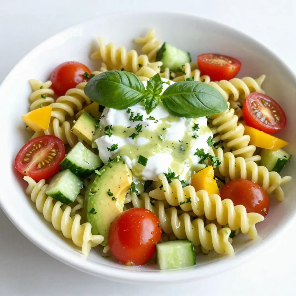 To make the Green Goddess Pasta Salad, you need to gather a few fresh ingredients. Here’s the full list: - 8 oz. pasta (fusilli or rotini recommended) - 1 cup cherry tomatoes, halved - 1 cup cucumber, peeled and diced - 1 bell pepper, diced (red or yellow) - 1 ripe avocado, diced - 1/4 cup red onion, finely chopped - 1/2 cup fresh basil leaves, roughly chopped - 1/4 cup fresh parsley leaves, roughly chopped - 1/2 cup plain Greek yogurt - 1/4 cup extra virgin olive oil - 2 tablespoons fresh lemon juice - 1 clove garlic, minced - Salt and freshly cracked pepper to taste Each ingredient adds a unique flavor and texture. The pasta forms the base, while the vegetables brighten the dish. The dressing made from Greek yogurt gives a creamy texture. It’s a great way to enjoy fresh produce. You can mix and match some ingredients based on what you have. Always choose ripe and fresh items for the best taste. {{ingredient_image_2}} To start, fill a large pot with salted water. Bring this water to a boil. Once boiling, add your pasta and cook it until al dente, which takes about 8-10 minutes. After cooking, drain the pasta in a colander. Rinse it quickly under cold water to stop the cooking. This keeps your pasta perfect and ready for the salad. Next, let's make the dressing. In a blender, combine Greek yogurt, olive oil, lemon juice, minced garlic, fresh basil, and parsley. Add a pinch of salt and pepper, too. Blend this mix until smooth and creamy. Taste your dressing and adjust the seasoning to match your preference. A little more salt or lemon juice can make a big difference. Now, take a large mixing bowl. Add the cooled pasta to the bowl. Then add halved cherry tomatoes, diced cucumber, diced bell pepper, diced avocado, and finely chopped red onion. This colorful mix not only looks great but also adds flavor and crunch. Toss everything gently with a spatula to combine. Pour the Green Goddess dressing over the pasta and vegetable mix. Use a spatula or tongs to toss everything together. Make sure all the ingredients are evenly coated in the dressing. This step is key for the best flavor in every bite. After dressing the salad, cover the bowl with a lid or plastic wrap. Refrigerate it for at least 30 minutes. Chilling allows the flavors to blend and makes the salad refreshing. When you're ready to serve, give the salad a gentle stir. This helps redistribute the dressing. Taste it one more time. If needed, adjust the seasoning by adding more salt or a splash of lemon juice. Enjoy the delightful burst of flavors in each bite! - To make this salad great, avoid overcooking the pasta. Cook it until it's al dente. This means it should still have a slight bite. - After draining, cool the pasta quickly. You can rinse it under cold water or spread it out on a baking sheet. This helps stop the cooking, keeping it firm. - If you need a substitute for Greek yogurt, try sour cream or a non-dairy yogurt. Both still give creaminess and tang. - For the herbs in the dressing, you can mix it up. Use fresh dill or cilantro instead of basil or parsley. Each adds a unique twist to the flavor. - You can make the salad in advance. Just prepare the pasta and dressing, then mix them with the veggies a few hours before serving. - To keep the salad fresh, store the components separately. Keep the dressing in a jar and mix it with the pasta and veggies right before serving. This keeps everything crisp and vibrant. Pro Tips Cook Pasta Al Dente: Make sure to cook the pasta just until it is al dente. This will ensure it maintains a nice texture in the salad and doesn’t become mushy when mixed with the dressing. Fresh Herbs Matter: Use fresh basil and parsley for the dressing instead of dried herbs. Fresh herbs provide a vibrant flavor that enhances the overall taste of the salad. Customize Your Veggies: Feel free to add or substitute your favorite vegetables! Ingredients like bell peppers, radishes, or even broccoli can work well in this pasta salad. Let It Chill: Allow the salad to chill in the refrigerator for at least 30 minutes before serving. This helps the flavors to meld together, resulting in a more delicious dish. {{image_4}} You can add protein to your Green Goddess Pasta Salad for extra flavor and nutrition. Grilled chicken or shrimp works well. Both options add a nice texture. If you prefer plant-based protein, try chickpeas or cannellini beans. They mix well with the other ingredients and give a hearty bite. If you want vegan options, you can easily modify the dressing. Replace Greek yogurt with a plant-based yogurt. This keeps the creamy texture while making it dairy-free. For those needing gluten-free options, choose gluten-free pasta. Many brands offer tasty alternatives that work well in this salad. To boost the taste, consider adding spices or different herbs. A pinch of red pepper flakes can add heat. Fresh dill or mint can also brighten your dish. You can also incorporate additional vegetables. Try adding spinach, zucchini, or even sweet corn. These add colors and textures, making your salad even more appealing. Store your Green Goddess Pasta Salad in an airtight container. This keeps it fresh and safe. It tastes best within 3 days. After that, the veggies lose their crispness and flavor. You can freeze this pasta salad, but it changes texture. To freeze, place it in a freezer-safe container. Keep it for up to a month. When ready to eat, move it to the fridge overnight to thaw. To refresh leftover pasta salad, add a splash of olive oil and some lemon juice. This helps revive the flavors. Mix gently to avoid breaking the pasta or veggies. Enjoy your salad cold for the best taste! You can store Green Goddess Pasta Salad in the fridge for up to three days. Make sure to keep it in an airtight container. This helps keep the flavors fresh and the veggies crisp. If you notice any wilting, it's time to toss it out. Yes, this salad is great for meal prep. You can make it a day in advance. Just keep the salad in the fridge until you are ready to serve. If you want it extra fresh, you can mix the dressing and salad right before serving. If you want a dairy-free option, you can use silken tofu blended until smooth. Another choice is avocado, which adds creaminess. You can also use dairy-free yogurt made from coconut or almond milk. These work well and keep the salad rich. Absolutely! This pasta salad is perfect for picnics or potlucks. It holds up well outside, and it tastes great cold. Just remember to keep it chilled until serving. You can use an ice pack in your cooler to keep it fresh longer. This blog post explored a tasty Green Goddess Pasta Salad. You learned about fresh ingredients and how to prepare them. We covered steps to cook pasta and make a creamy dressing. Tips on variations, storage, and serving kept it fun and simple. Enjoy making this salad your own! Mix in your favorite ingredients or tweak the dressing. This dish is perfect for every gathering. Keep it fresh and share it with friends!