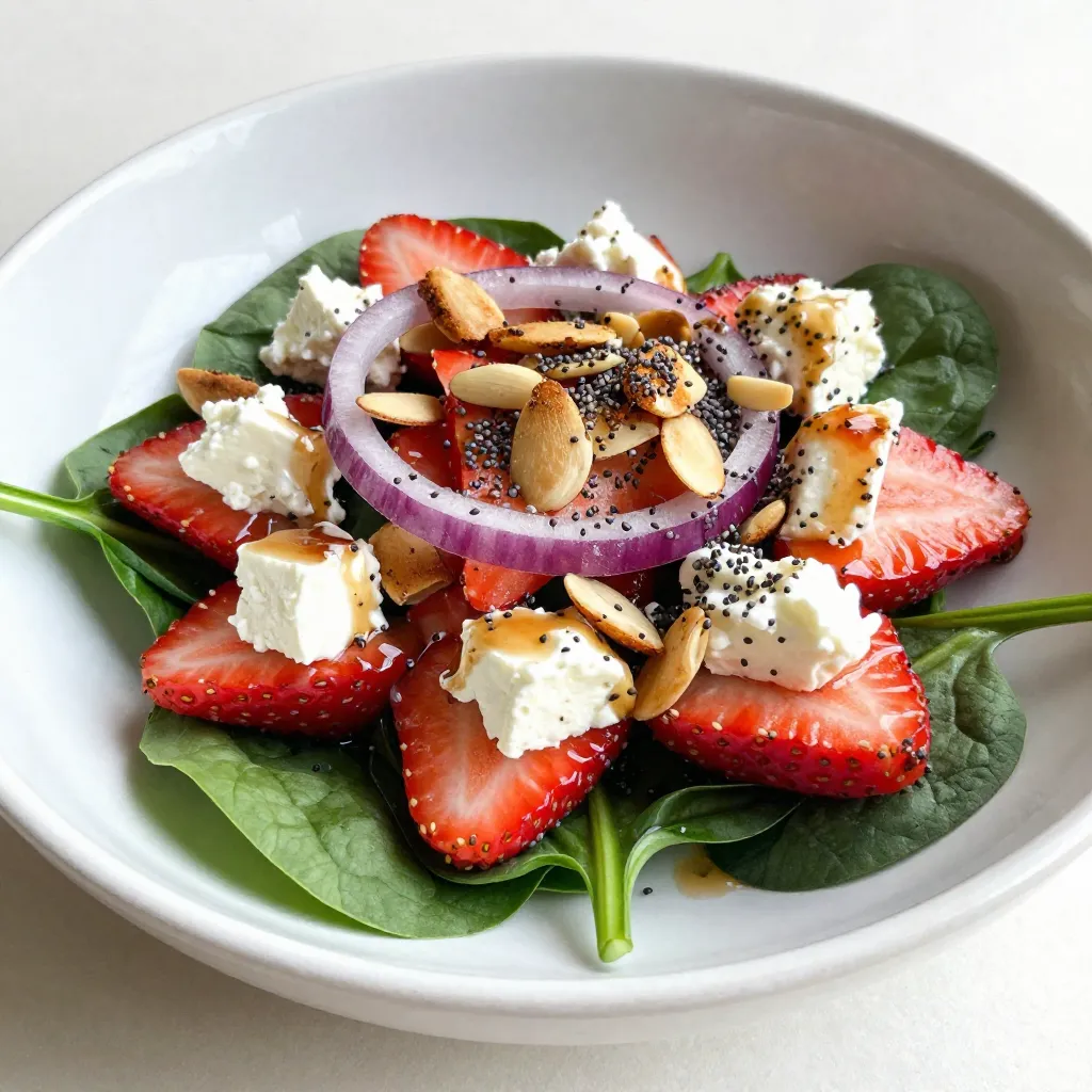 - 4 cups fresh baby spinach - 2 cups fresh strawberries - 1/2 cup crumbled feta cheese - 1/4 cup red onion - 1/4 cup slivered almonds - 3 tablespoons poppy seeds - 1/4 cup extra virgin olive oil - 3 tablespoons apple cider vinegar - 2 tablespoons honey or agave syrup - Salt and pepper to taste To create this amazing salad, you need fresh and colorful ingredients. Start with baby spinach. It's tender and packed with nutrients. Next, grab some strawberries. They add a sweet and juicy pop to every bite. Feta cheese gives a creamy touch. It balances the sweetness of the strawberries. Use crumbled feta from a block for the best texture. Red onion brings a sharp flavor. Slice it thin so it doesn't overpower the salad. Slivered almonds add a delightful crunch. Toast them if you want extra flavor and crispness. For the dressing, you need extra virgin olive oil. It adds richness. Then, use apple cider vinegar for a tangy twist. Honey or agave syrup sweetens the mix. Finish off with salt and pepper. These simple ingredients work together to create a vibrant and fresh salad. Each bite will burst with flavor. {{ingredient_image_2}} Start by making the dressing. In a small bowl, whisk together 1/4 cup of extra virgin olive oil, 3 tablespoons of apple cider vinegar, and 2 tablespoons of honey or agave syrup. Add salt and pepper to taste. Whisk until smooth. Set this aside. Letting the dressing sit allows the flavors to blend well. Next, grab a large salad bowl. Place 4 cups of fresh baby spinach in the bowl. Layer in 2 cups of sliced strawberries on top of the spinach. This adds a pop of color. Next, fold in 1/4 cup of thinly sliced red onion. Then sprinkle in 1/2 cup of crumbled feta cheese. Mix these ingredients gently to ensure an even flavor. Now it’s time to dress the salad. Drizzle your prepared poppy seed dressing over the salad. Use gentle hands to toss everything together. This ensures every piece gets coated. For the final touch, sprinkle 1/4 cup of toasted slivered almonds and 3 tablespoons of poppy seeds on top. This adds a nice crunch and visual flair. Serve your salad right away for the best taste. Enjoy! To make your salad shine, start with picking ripe strawberries. Look for berries that are bright red with no white spots. They should feel firm but slightly soft when you press them. The smell is also key; ripe strawberries have a sweet aroma. When it comes to spinach, washing is vital. Rinse the baby spinach under cold water to remove dirt. Use a salad spinner or gently pat it dry with a clean cloth. This keeps the leaves crisp and fresh for your salad. If you want to mix things up, try different sweeteners in your dressing. You can use maple syrup instead of honey for a new flavor twist. Agave syrup is also a great choice. It has a mild taste that blends well. For the oil, you can swap olive oil for avocado oil. It adds a unique flavor and richness to the dressing. You might also try sesame oil for a nutty taste that pairs well with the salad. To add crunch, toast your slivered almonds. Place them in a dry pan over medium heat. Stir them often until they are golden brown. This process brings out their flavor and makes them even tastier. For variety, consider adding different toppings. You can sprinkle sunflower seeds or pumpkin seeds for more crunch. Fresh herbs like basil or mint can also add flavor and a pop of color to your salad. Pro Tips Freshness is Key: Use the freshest spinach and strawberries you can find to ensure maximum flavor and nutrient retention in your salad. Feta Cheese Tip: Crumbling the feta cheese from a block rather than using pre-crumbled cheese enhances the texture and flavor of the salad. Toasting Almonds: Lightly toasting the slivered almonds before adding them to the salad brings out their natural oils and intensifies their flavor. Let it Chill: Allow the assembled salad to sit in the refrigerator for 10 minutes before serving; this helps the flavors meld beautifully. {{image_4}} I love making this salad for everyone. For those who are vegetarian, this recipe is perfect as it uses no meat. You can enjoy the fresh taste of spinach and strawberries without any worries. If you need a gluten-free option, you can easily adapt this salad. The ingredients are already gluten-free. Just make sure any extras, like salad dressings, are also gluten-free. This way, everyone can enjoy the flavors. You can change this salad based on what fruit is fresh. In the summer, try adding blueberries or peaches. They add a nice twist to the taste. In fall or winter, you can swap spinach for kale or arugula. These greens give a different flavor while still being healthy and tasty. Adding fresh herbs can brighten the salad. Try using mint or basil for a fresh taste. They add a lovely aroma and flavor. For cheese lovers, you can switch feta for goat cheese or blue cheese. Each type brings its own rich flavor, making the salad unique. To store leftovers, place the salad in an airtight container. This keeps it fresh and tasty. For best results, eat the salad within 1-2 days. If you have dressing left, store it separately. This helps avoid soggy greens. Freezing this salad is not recommended. The spinach and strawberries will not hold up well. Instead, focus on how to store each ingredient. Keep spinach in a cool, dry place. Use a paper towel to absorb moisture. For strawberries, refrigerate them in a container. This prevents them from getting mushy. Store feta cheese in its brine for freshness. Almonds should stay in a sealed bag to keep their crunch. Poppy seeds can go in a cool, dark spot. This ensures all your ingredients stay fresh for your next salad. To make this salad vegan, swap the feta cheese for a plant-based alternative. There are many tasty vegan cheeses. You can also use avocado for creaminess. Instead of honey, use agave syrup or maple syrup for a sweet touch. These simple swaps keep the salad fresh and flavorful without any animal products. Yes, you can prepare this salad ahead of time! For best results, keep the dressing separate until serving. Store the salad without dressing in an airtight container in the fridge. It can last for 1-2 days. To keep the spinach crisp, avoid adding the dressing too early. Toss the salad with dressing just before you eat. This salad pairs well with many main dishes. Try serving it with grilled chicken or fish for a hearty meal. It also works great with roasted vegetables and quinoa for a veggie option. For a light lunch, serve it with a sandwich or wrap. The salad adds a fresh, zesty touch to any meal. This blog covered how to make a tasty Strawberry Spinach Poppy Seed Salad. You learned about fresh ingredients, step-by-step instructions, and helpful tips. Making this salad can be fun and easy. Try different fruits or dressings to find what you love most. It’s versatile for any meal, too. Keep your salad fresh and enjoy every bite. Simple adjustments let you make it your own while keeping it healthy.