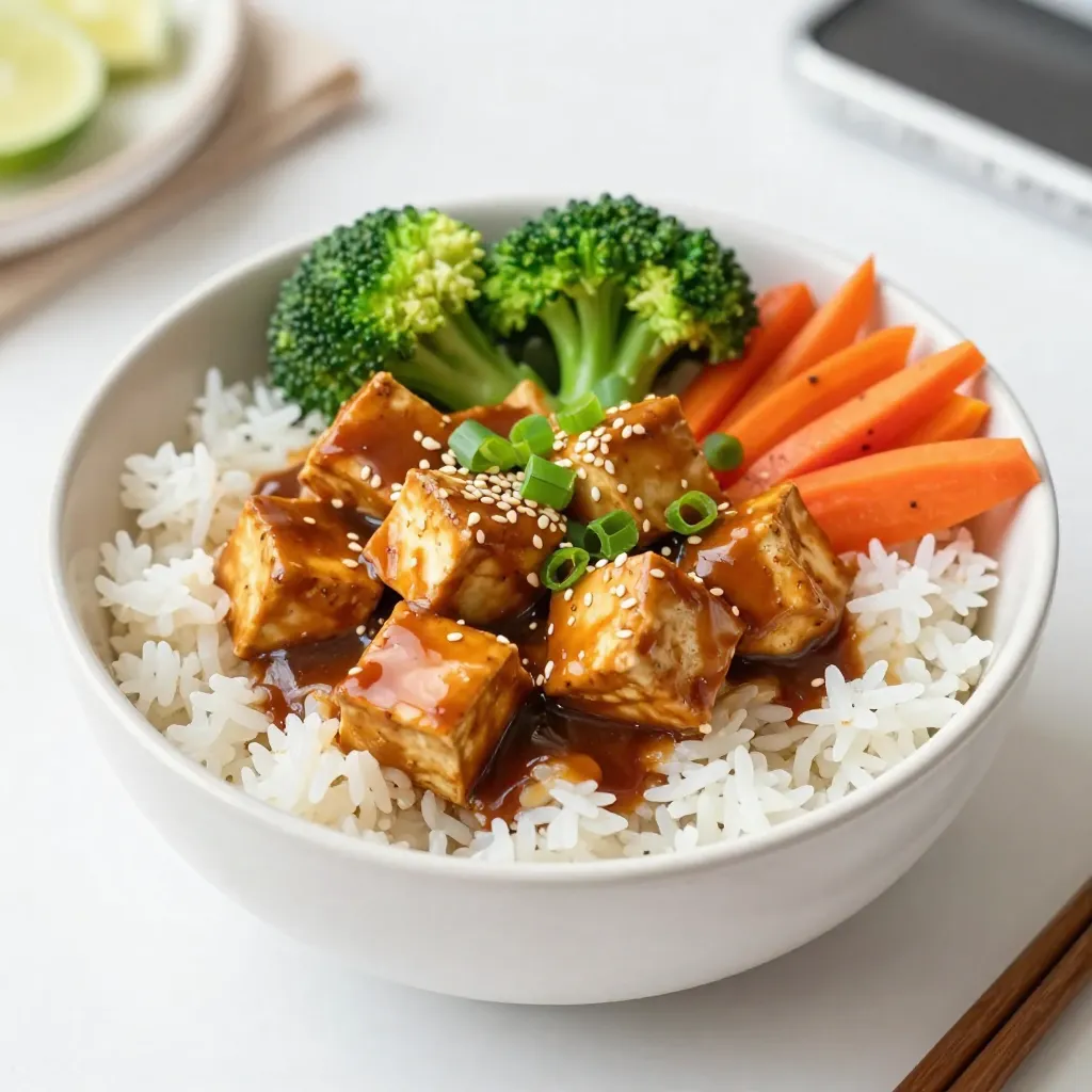 To make Teriyaki Tofu Rice Bowls, you need some key ingredients. Here is what you will need: - 1 block (14 oz) firm tofu, pressed and cubed - 1 cup jasmine rice - 2 cups vegetable broth (or water) - 1/4 cup low sodium soy sauce - 2 tablespoons maple syrup - 1 tablespoon rice vinegar - 1 tablespoon fresh ginger, grated - 2 cloves garlic, minced - 1 tablespoon cornstarch - 2 tablespoons sesame oil - 1 cup broccoli florets - 1 cup bell pepper, sliced (choose any color) - 1 carrot, julienned These ingredients create a tasty and filling meal. You can add some fun toppings to your rice bowls for extra flavor. Consider these: - 2 green onions, sliced (for garnish) - Sesame seeds (for garnish) These garnishes add a nice crunch and a burst of flavor. Each serving of this dish is packed with good nutrients. Here’s what you can expect per serving: - Calories: Approximately 350 - Protein: About 15 grams - Carbohydrates: Roughly 50 grams - Fat: Around 12 grams This meal is not just tasty, but also nutritious. It offers a great balance of protein, carbs, and healthy fats. Enjoy your cooking! {{ingredient_image_2}} Start by pressing the tofu. Use a clean kitchen towel to soak up extra water. Press it for at least 15 minutes. This step helps the tofu absorb flavors better. Cut the tofu into 1-inch cubes after pressing. In a mixing bowl, combine low sodium soy sauce, maple syrup, rice vinegar, grated ginger, and minced garlic. Whisk these ingredients together until they blend well. Add the tofu cubes to the marinade. Let them soak for 15 to 20 minutes. This allows the tofu to soak up the tasty flavors. Rinse 1 cup of jasmine rice under cold water. Keep rinsing until the water runs clear. In a pot, add the rinsed rice with 2 cups of vegetable broth or water. Bring the mixture to a boil. Once boiling, lower the heat, cover, and let it cook for about 15 minutes. The rice should be fluffy and absorb all the liquid. While the rice cooks, heat 2 tablespoons of sesame oil in a pan over medium heat. Add 1 cup of broccoli florets, 1 cup of sliced bell pepper, and 1 julienned carrot. Stir-fry the vegetables for 5 to 7 minutes. You want them tender but still crunchy for the best texture. In another pan, add the marinated tofu along with the leftover marinade. Cook over medium heat for about 7 to 10 minutes. Stir occasionally until the tofu turns golden brown. In a small bowl, mix 1 tablespoon of cornstarch with 2 tablespoons of water. Add this mixture to the tofu and let it cook for 2 to 3 more minutes. This will thicken the sauce. Once the rice is ready, fluff it with a fork. Divide the rice into four bowls. Top each bowl with the sautéed vegetables and the glazed tofu. For a final touch, sprinkle sliced green onions and sesame seeds on top. This adds color and crunch to your dish. Tofu holds a lot of water. Pressing it helps it soak up flavor. Start by wrapping the tofu in a clean kitchen towel. Place a heavy pan on top. Let it sit for about 15 minutes. This step is key. It makes your tofu firmer and better for cooking. For fluffy jasmine rice, rinse it well. This helps remove excess starch. Use a ratio of 1 cup rice to 2 cups broth or water. Bring it to a boil, then lower the heat. Cover it and let it simmer for about 15 minutes. Don't lift the lid while it cooks. This keeps the steam in. You can add more flavor to your teriyaki tofu rice bowls. Consider adding sliced mushrooms or snap peas. Fresh herbs like cilantro or basil add a bright touch. You can also sprinkle chili flakes for a kick. Experiment with these ingredients to find your favorite mix. Pro Tips Press the Tofu Well: Ensure you press the tofu thoroughly for at least 15 minutes to remove excess moisture. This helps the tofu absorb the marinade better and results in a firmer texture when cooked. Customize Your Vegetables: Feel free to add or substitute other vegetables based on your preference or what's in season. Snap peas, zucchini, or baby corn can add different flavors and textures. Marinate Longer for More Flavor: If time allows, marinate the tofu for 30-60 minutes to enhance the flavor even more. You can also marinate it overnight in the refrigerator for a deeper taste. Serve Hot: For the best experience, serve the rice bowls hot. You can reheat the tofu and vegetables gently in a pan to maintain their texture before serving. {{image_4}} You can easily change the veggies in your Teriyaki Tofu Rice Bowls. If you like different flavors or textures, mix it up! Here are some great options: - Snap peas for a crunchy bite - Baby corn for sweetness - Spinach for a leafy texture - Zucchini for a mild taste Feel free to add or swap veggies based on what you have. This recipe is flexible, and you can use any fresh vegetables you enjoy! If you need a gluten-free option, swap regular soy sauce for tamari. Tamari has a similar taste, but it’s made without wheat. You can also use coconut aminos. This option is lighter and sweeter. Both substitutes work well in the marinade and will keep your dish tasty. If tofu isn’t your thing, don’t worry! There are other great vegan proteins you can use. Consider these options: - Chickpeas for a hearty texture - Edamame for a fresh taste - Tempeh for a nutty flavor Each of these choices brings its own unique taste and texture. They’ll all pair well with the teriyaki sauce and rice. Enjoy experimenting with your favorite plant-based proteins! To store your Teriyaki Tofu Rice Bowls, let them cool first. Place leftovers in an airtight container. Keep them in the fridge. They stay fresh for up to three days. Make sure to separate the tofu and rice from the veggies if possible. This helps keep everything crisp and tasty. When you reheat, do it gently. Use a microwave or a pan on low heat. If using a microwave, cover the bowl with a damp paper towel. This keeps moisture in. Stir occasionally for even heating. If using a pan, add a splash of water. This helps steam the rice and keeps it soft. Avoid high heat, as it can make the tofu tough. You can freeze these bowls for later meals. Pack them in freezer-safe containers. Make sure to leave some space at the top for expansion. They last for up to three months in the freezer. To use, thaw overnight in the fridge. Reheat as mentioned above. This is a great way to have a quick, nutritious meal ready when you need it! Yes, you can make Teriyaki Tofu Rice Bowls ahead of time. Prepare the rice and tofu, then store them separately. This keeps the rice fluffy and the tofu crispy. When you're ready to eat, just reheat everything. Add fresh veggies right before serving for a crisp bite. You can try different sauces for Teriyaki Tofu Rice Bowls. Here are a few ideas: - Hoisin Sauce: Adds a sweet and tangy flavor. - Peanut Sauce: Gives a nutty taste and creaminess. - Chili Garlic Sauce: For a spicy kick. - Sweet and Sour Sauce: Adds a nice contrast. Mix and match to find what you like best! To lower the calories in your Teriyaki Tofu Rice Bowls, try these tips: - Use less sesame oil during cooking. - Swap jasmine rice for cauliflower rice. - Reduce the amount of maple syrup in the sauce. - Load up on more fresh veggies, which are low in calories. These changes make the dish lighter without losing flavor! Teriyaki Tofu Rice Bowls blend flavor with nutrition. We explored key ingredients like tofu, rice, and tasty toppings. I shared step-by-step instructions for prep and cooking. You learned tips for perfect tofu and rice. We also discussed how to customize this dish and store leftovers. For a nutritious meal, this recipe is hard to beat. Enjoy making and sharing your rice bowls!