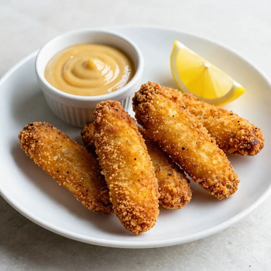 To make buttermilk fried chicken tenders, you need just a few main ingredients. Here’s what you’ll need: - 1 pound chicken tenderloins - 1 cup buttermilk Chicken tenderloins are perfect for this dish. They are tender and cook quickly. Buttermilk adds flavor and helps keep the chicken juicy. Next, we add some spices to kick up the flavor. Here are the key seasonings: - 1 teaspoon garlic powder - 1 teaspoon onion powder - 1 teaspoon smoked paprika - 1 teaspoon freshly ground black pepper - 1 teaspoon kosher salt These spices bring out the best in your chicken. Garlic and onion powder add depth, while smoked paprika gives a nice, subtle kick. Finally, the coating mix makes the tenders crispy. Here’s what you need: - 1 cup all-purpose flour - 1/2 cup cornstarch - 1 teaspoon baking powder - Vegetable oil, for frying The flour and cornstarch create a crunchy shell. Baking powder helps make it extra crispy. Using vegetable oil ensures that the chicken fries evenly and stays golden brown. With these ingredients, you’re ready to create a dish that is both crispy and flavorful! {{ingredient_image_2}} To start, grab a large mixing bowl. In it, combine 1 cup of buttermilk, 1 teaspoon of garlic powder, 1 teaspoon of onion powder, 1 teaspoon of smoked paprika, 1 teaspoon of black pepper, and 1 teaspoon of kosher salt. Whisk these ingredients together until smooth. This mixture adds flavor and helps the chicken become tender. Next, add 1 pound of chicken tenderloins to the marinade. Make sure each piece is covered well. Cover the bowl with plastic wrap or a lid. Place it in the fridge for at least 1 hour, or even better, overnight. This step is key for great taste and juicy chicken. While the chicken marinates, prepare the coating. In another large bowl, mix together 1 cup of all-purpose flour, 1/2 cup of cornstarch, and 1 teaspoon of baking powder. Stir well to avoid lumps. After the chicken has marinated, take it out of the fridge. Let the extra buttermilk drip off each piece. Dredge the chicken in the flour mixture, making sure to coat it evenly. Shake off any excess flour. This coating gives the tenders their crispy texture. Now it’s time to fry! Heat about 1 inch of vegetable oil in a large, deep skillet over medium-high heat. Use a cooking thermometer to check the temperature; aim for around 350°F (175°C). Carefully add the coated chicken tenders to the hot oil in batches. Don't overcrowd the pan; this keeps the oil hot. Fry each tender for about 4 to 6 minutes on each side, until they turn golden brown. Use a meat thermometer to check that the internal temperature reaches 165°F (75°C). Once cooked, use a slotted spoon to move the fried tenders to a paper towel-lined plate. This step helps absorb any extra oil. Repeat with the remaining chicken until all are crispy and golden. Enjoy your delicious buttermilk fried chicken tenders! To get that perfect crisp, start with a good coating. Mix all-purpose flour with cornstarch. The cornstarch adds extra crunch. Use baking powder in the mix to help the coating puff up. Make sure to shake off any extra flour. This helps keep the coating light. Marinating your chicken is key. Let it soak in buttermilk for at least one hour. For the best results, marinate overnight. This makes the chicken tender and full of flavor. The longer it sits, the better it tastes! Keep an eye on the oil temperature. Heat it to about 350°F (175°C). Use a cooking thermometer for accuracy. If the oil is too hot, the outside will burn. If it's too cool, the chicken will absorb oil and become greasy. Fry in small batches to maintain the right temperature. Pro Tips Marinate Longer for Flavor: For the best flavor and tenderness, consider marinating the chicken tenderloins overnight. This allows the spices to penetrate deeper into the meat. Perfect Oil Temperature: Use a cooking thermometer to maintain the oil temperature at 350°F (175°C) for optimal frying. This ensures a crispy exterior while keeping the chicken juicy inside. Batch Frying: Fry the chicken tenders in small batches to avoid overcrowding the pan, which can lower the oil temperature and lead to soggy tenders. Rest After Frying: Allow the fried chicken tenders to rest on a paper towel-lined plate for a few minutes after cooking. This helps to remove excess oil and keeps them crispy. {{image_4}} Want to kick the heat up a notch? Add some heat with spices. Mix in 1-2 teaspoons of cayenne pepper into your buttermilk marinade. This adds a spicy kick without overpowering the flavor. You can also use hot sauce. Just whisk in a few dashes to the buttermilk. The longer you let the chicken soak, the spicier it gets. Not in the mood for frying? You can create crispy chicken tenders in the oven. Preheat your oven to 400°F (200°C). After coating the chicken, place them on a baking sheet lined with parchment paper. Spray them lightly with cooking oil. Bake for 20-25 minutes. Flip halfway through for even cooking. The tenders will still be tasty and crunchy! Need a gluten-free option? Swap out regular flour for a gluten-free blend. You can find many mixes that work well. Cornstarch is already gluten-free, which helps keep the coating light and crispy. Just make sure all your ingredients are certified gluten-free. This way, everyone can enjoy these tasty tenders! After enjoying your buttermilk fried chicken tenders, store leftovers properly. First, let them cool at room temperature for about 30 minutes. This step helps prevent sogginess. Next, place them in an airtight container. You can layer parchment paper between the tenders to keep them crispy. Keep the container in the fridge. They will stay fresh for up to three days. To reheat your chicken tenders without losing that crispy texture, use an oven. Preheat your oven to 375°F (190°C). Spread the tenders on a baking sheet lined with parchment paper. Bake for about 10-15 minutes. This method helps revive their crunch. If you’re in a hurry, use an air fryer. Set it to 350°F (175°C) for about 5-7 minutes. This keeps them crispy and tasty. Freezing is great for keeping your chicken tenders longer. First, let them cool completely. Then, place them in a single layer on a baking sheet. Freeze them for 1-2 hours until firm. After that, transfer the frozen tenders to a freezer-safe bag. Remove as much air as possible before sealing. They will last up to three months in the freezer. When ready to eat, follow the reheating method for best results. Yes, you can use regular milk. Buttermilk adds a tangy taste and helps the chicken stay moist. If you use regular milk, try adding a tablespoon of vinegar or lemon juice to mimic buttermilk's tang. Let it sit for about five minutes before using. To check if your chicken tenders are done, use a meat thermometer. The safe internal temperature is 165°F (75°C). You can also cut into a tender. The meat should be white, not pink, and the juices should run clear. Cook them until they are golden brown and crispy on the outside. There are many tasty sauces to try! Here are a few ideas: - Zesty honey mustard - Creamy ranch - Spicy buffalo sauce - Sweet and sour sauce - BBQ sauce These sauces enhance the flavor of your crispy chicken tenders and make each bite exciting! In this post, we explored how to make delicious buttermilk fried chicken tenders. We covered key ingredients and spices, detailed step-by-step cooking methods, and shared tips for the best texture and flavor. You learned about variations like spicy options and oven-baked alternatives, along with storage and reheating tips. Now, you have everything you need to create perfect tenders at home. Enjoy experimenting and sharing these tasty bites with friends and family!