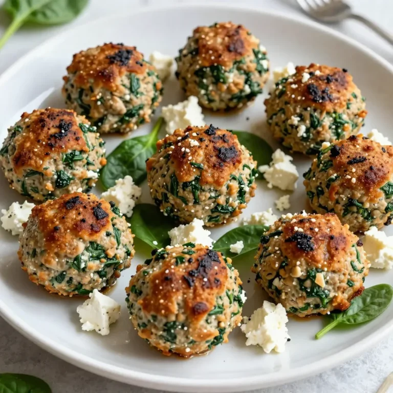- 1 pound ground turkey - 1 cup fresh spinach, finely chopped - 1/2 cup feta cheese, crumbled - 1/4 cup plain breadcrumbs - 1/4 cup grated Parmesan cheese - 1 large egg - 2 cloves garlic, minced The main ingredients for spinach feta turkey meatballs start with ground turkey. This meat keeps the dish lean and juicy. Fresh spinach adds a burst of color and nutrients. Feta cheese brings a salty, creamy taste that pairs well with the turkey. Breadcrumbs help bind the mixture together. Grated Parmesan cheese adds depth and richness. An egg acts as a binder, ensuring the meatballs hold their shape. Finally, minced garlic gives a fragrant kick that enhances the flavor. - 1 teaspoon dried oregano - 1 teaspoon dried basil - Salt and freshly ground black pepper to taste For spices, dried oregano and basil add earthy notes to the meatballs. Salt and pepper balance the flavors, making every bite pop. You can adjust these spices to match your taste. - Olive oil, for pan frying - Optional garnishes For cooking, olive oil is key. It helps to brown the meatballs and adds flavor. You can also use optional garnishes. Crumbled feta or fresh spinach leaves make a lovely presentation. {{ingredient_image_2}} To start, grab a large mixing bowl. Place 1 pound of ground turkey in it. Add in 1 cup of finely chopped fresh spinach. Next, crumble in 1/2 cup of feta cheese. This cheese gives the meatballs a nice tang. Now, pour in 1/4 cup of plain breadcrumbs and 1/4 cup of grated Parmesan cheese. Then, break 1 large egg into the mix, which helps bind everything. Now, add 2 cloves of minced garlic. Sprinkle in 1 teaspoon each of dried oregano and dried basil. Don’t forget to add a pinch of salt and freshly ground black pepper. Use clean hands to mix everything well. Make sure the spices and cheese are spread evenly throughout the turkey mixture. Once your mixture is ready, it’s time to shape the meatballs. Take a scoop of the mixture and mold it into a ball about the size of a golf ball. This size cooks evenly and stays juicy. Place the formed meatballs on a plate as you go. For consistent meatballs, keep your hands slightly wet. This prevents the mixture from sticking to your hands. If the mixture feels too wet, add a bit more breadcrumbs to help. Preheat a large skillet over medium heat. Drizzle in a thin layer of olive oil so the meatballs do not stick. Wait until the oil shimmers, then gently add the meatballs. Don’t crowd the skillet. This helps them cook evenly. Cook the meatballs for about 8-10 minutes. Turn them occasionally with tongs. You want them golden brown and fully cooked. Check that the internal temperature reaches 165°F. Once done, remove them from the skillet. Let them rest on a paper towel-lined plate to soak up extra oil. To make great meatballs, keep the meat mixture cool. Warm meat can lead to tough balls. Use cold hands when mixing. This helps keep the texture nice. When cooking, avoid overcrowding the skillet. This can trap steam and make them soggy. Cook in batches if needed. This way, they will brown evenly. To boost the taste, consider adding spices. Try red pepper flakes for heat or smoked paprika for depth. Fresh herbs like parsley or dill can also brighten the flavor. Using fresh spinach gives a nice touch. You can also try adding finely chopped sun-dried tomatoes for a sweet kick. These meatballs pair well with many sides. Serve them with a fresh salad or roasted veggies. Pasta and marinara sauce make a classic combo. For presentation, arrange the meatballs on a colorful platter. Top with extra crumbled feta and fresh herbs. This adds color and makes your dish pop. A creamy dip, like tzatziki, is also a great addition. Pro Tips Keep it Moist: Adding a bit of Greek yogurt or ricotta cheese to the mixture can enhance the moisture and tenderness of the meatballs. Flavor Boost: Consider adding finely chopped onions or bell peppers to the mix for extra flavor and nutrition. Batch Cooking: These meatballs freeze beautifully! Make a double batch and freeze half for a quick meal later. Pan-Frying Tips: For an even browning, allow the meatballs to sear undisturbed for a few minutes before turning them. {{image_4}} You can switch up the protein in your meatballs. Ground chicken or even beef works great. Each meat adds its own unique taste. If you want dairy-free meatballs, try nutritional yeast instead of feta. This option keeps the flavor while making it safe for dairy-free diets. Want to spice things up? Add red pepper flakes for heat. You can also mix in other veggies. Chopped bell peppers or zucchini will add color and nutrition. Experimenting with flavors can make each batch of meatballs unique! You can bake your meatballs for a healthier option. Just arrange them on a baking sheet and bake at 400°F for about 20 minutes. If you prefer pan frying, keep an eye on the heat and turn them often. For a hands-off approach, use a slow cooker. Cook on low for 4-5 hours for juicy meatballs with great flavor. To keep your spinach feta turkey meatballs fresh, follow these tips. First, let the meatballs cool completely. Then, place them in an airtight container. Store them in the refrigerator for up to three days. If you want to save them longer, freezing is a great option. To freeze, arrange the meatballs on a baking sheet in a single layer. Freeze them for about two hours until firm. Once frozen, transfer them to a freezer-safe bag. Label the bag with the date. You can freeze them for up to three months. When you're ready to enjoy your leftovers, you have a few options for reheating. The best method is using the oven. Preheat your oven to 350°F. Place the meatballs on a baking sheet and heat for about 15 minutes. This keeps them juicy and warm. You can also use a microwave for quick reheating. Place the meatballs on a microwave-safe plate and cover them with a damp paper towel. Heat them in short bursts of 30 seconds. Check the temperature to avoid drying them out. For both methods, adding a little broth or water can help maintain moisture and flavor. Enjoy your delicious meatballs again! Yes, you can use frozen spinach. Just make sure to thaw it first. Once thawed, squeeze out the excess water. This step is key to avoid soggy meatballs. You want your meat mixture to stay firm. To check if the meatballs are done, use a meat thermometer. They should reach an internal temperature of 165°F. This ensures they are safe to eat. If you don't have a thermometer, cut one in half. The meat should no longer be pink inside. These meatballs pair well with many sides. Consider serving them with: - Rice or quinoa - Pasta with marinara sauce - Roasted vegetables - A fresh salad For sauces, you might enjoy: - Tomato sauce for a classic touch - Tzatziki dip for a cool contrast - Yogurt sauce to enhance flavor Feel free to mix and match sides and dips to make your meal fun! This blog post guides you to make delicious spinach feta turkey meatballs. You learned about key ingredients like ground turkey, spinach, and cheeses. I shared step-by-step instructions and tips for perfecting your meatballs. Variations let you customize flavors and proteins to suit your taste. Whether you store leftovers or serve them fresh, these meatballs are a treat. Enjoy using different spices and methods to keep things exciting! Now, it’s time to gather your ingredients and start cooking. Enjoy your tasty creation!