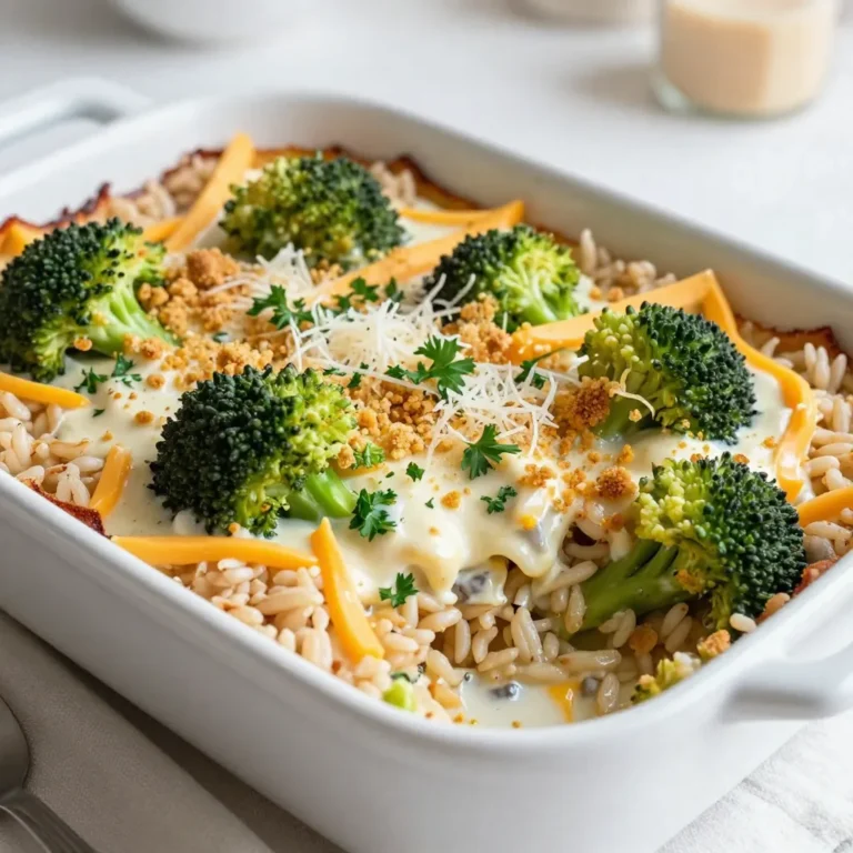 - 1 cup uncooked brown rice - 2 cups vegetable broth - 4 cups fresh broccoli florets - 1 cup sharp cheddar cheese, shredded - 1 cup cream of mushroom soup - 1/2 cup milk - 1/2 teaspoon garlic powder - 1/2 teaspoon onion powder - 1/4 teaspoon black pepper - 1/4 teaspoon salt - 1/2 cup breadcrumbs - 2 tablespoons olive oil - 1/4 cup grated Parmesan cheese - Fresh parsley, chopped I use 1 cup of uncooked brown rice for a hearty base. The 2 cups of vegetable broth ensure the rice cooks well. You need 4 cups of fresh broccoli florets for a bright green touch. I recommend using 1 cup of sharp cheddar cheese for a rich flavor. The cream of mushroom soup adds creaminess. For a bit of liquid, 1/2 cup of milk works perfectly. I add 1/2 teaspoon each of garlic powder and onion powder for flavor. A pinch of salt and black pepper brings balance. The breadcrumbs, mixed with olive oil, create a crunchy topping. Finally, a sprinkle of grated Parmesan cheese enhances taste and texture. If you want a different grain, try quinoa instead of brown rice. You can swap vegetable broth for chicken broth if you prefer. Instead of cheddar, use mozzarella or gouda for a unique twist. You can also use a different cream soup, like celery or chicken. If you need a dairy-free option, almond milk works well in place of regular milk. {{ingredient_image_2}} First, preheat your oven to 350°F (175°C). This step is key for even cooking. While the oven heats, lightly grease a 9x13 inch baking dish with olive oil. This helps the casserole come out easily. Next, cook the rice. In a medium saucepan, bring 2 cups of vegetable broth to a boil. Add 1 cup of uncooked brown rice and cover the pot. Lower the heat and simmer for about 45 minutes. Check the rice to ensure it is tender and all liquid is gone. Now, let’s prepare the broccoli. Steam 4 cups of fresh broccoli florets in a steamer basket over boiling water. Steam for about 5-7 minutes. You want the broccoli to be bright green and just tender. Set it aside once done. In a large mixing bowl, combine the cooked rice and broccoli. Add 1 cup of shredded sharp cheddar cheese, 1 cup of cream of mushroom soup, and 1/2 cup of milk. Then, sprinkle in 1/2 teaspoon of garlic powder, 1/2 teaspoon of onion powder, 1/4 teaspoon of black pepper, and 1/4 teaspoon of salt. Use a spatula to mix everything until well combined. Carefully pour the mixture into the greased baking dish. Use your spatula to spread the mixture evenly. Make sure it is level across the dish. For a crunchy topping, mix 1/2 cup of breadcrumbs with 2 tablespoons of olive oil and 1/4 cup of grated Parmesan cheese in a small bowl. Ensure the breadcrumbs are well coated. Then, sprinkle this topping over the casserole mixture. Place the baking dish in your preheated oven. Bake for 25-30 minutes. You know it’s done when the top is golden brown and the edges are bubbling. Once baked, take the casserole out and let it cool for a few minutes. For a nice touch, sprinkle freshly chopped parsley on top before serving. This adds color and flavor to your dish. Serve it warm and enjoy! Start with brown rice for a nutty flavor. Use vegetable broth for cooking. Bring it to a boil before adding the rice. Cover the pot and reduce the heat. Let it simmer for about 45 minutes. Check the rice to ensure it absorbs all the liquid. If it's not tender, let it cook a bit longer. Fresh broccoli florets work best in this dish. Look for bright green, firm florets at the store. Avoid any yellow or wilted parts. Frozen broccoli can work too, but fresh gives better taste and texture. Steam it just until tender to keep it bright and flavorful. I love using garlic powder and onion powder for depth. A little black pepper and salt will boost flavors too. You can also add a pinch of red pepper flakes for some heat. Mixing in herbs like thyme or basil can add freshness. Don’t be afraid to experiment with spices! You can prepare this casserole a day in advance. Just follow all steps until baking. Cover and store it in the fridge. When ready to bake, let it sit at room temp for 20 minutes. Then, pop it in the oven. This saves time and makes meal prep easier! Pro Tips Cooking the Rice: Using vegetable broth instead of water will enhance the flavor of the rice, making it more savory and delicious. Broccoli Preparation: Do not overcook the broccoli; steaming it just until bright green retains its color and nutrients, adding a nice crunch to the casserole. Cheese Variations: Feel free to mix different types of cheese like mozzarella or gouda with cheddar for a unique flavor profile. Breadcrumb Topping: For an extra crispy topping, broil the casserole for the last 2-3 minutes of baking, watching carefully to prevent burning. {{image_4}} You can make this dish heartier by adding protein. Chicken works well, while tofu is great for a plant-based option. Simply cook the chicken or tofu in a pan before mixing it with the rice and broccoli. Shred the chicken or chop the tofu into bite-sized pieces. This adds flavor and makes the casserole more filling. Cheddar cheese is classic, but you can mix it up. Try using mozzarella for a gooey texture or gouda for a smoky flavor. A blend of cheeses can also work great. Mixing different types of cheese adds a nice depth and keeps things interesting. While cream of mushroom is standard, you can switch it out. Cream of chicken adds a rich taste. If you want something lighter, use cream of celery. You can even make your own cream soup if you prefer a homemade touch. Swapping soups gives you a chance to change the flavor profile easily. To keep your Cheesy Broccoli Rice Casserole fresh, store it in an airtight container. Allow it to cool down before sealing it. This step prevents moisture build-up and keeps your casserole tasty. If you plan to eat it in a few days, place it in the fridge. Make sure to enjoy it within three to four days for the best flavor. When you’re ready to enjoy leftovers, reheat your casserole in the oven. Set the oven to 350°F (175°C). Cover the dish with foil to keep it moist. Heat it for about 15-20 minutes or until warm. You can also use the microwave. Just place a portion in a microwave-safe bowl. Heat it in short bursts of 30 seconds, stirring in between until hot. If you want to save some for later, freezing is a great option. Cut the casserole into portions and wrap each piece tightly in plastic wrap. Then, place them in a freezer bag. This helps prevent freezer burn. You can freeze it for up to three months. When you're ready to eat it, let it thaw in the fridge overnight before reheating. Enjoy the cheesy goodness! Yes, you can use white rice. Just reduce the cooking time. White rice cooks faster than brown rice. It usually takes about 15-20 minutes to cook. To make it gluten-free, use gluten-free cream of mushroom soup. You can also use gluten-free breadcrumbs. Make sure to check labels on all ingredients. This dish goes well with a fresh salad. You can also serve it with roasted chicken or fish. It pairs nicely with a side of garlic bread too. In the fridge, this casserole lasts up to 4 days. Make sure to store it in an airtight container. It will keep its flavor and texture longer this way. Yes, you can prepare it ahead of time. Assemble the casserole and store it in the fridge for up to 24 hours before baking. This saves you time on busy days. This blog post covered how to make a delicious Cheesy Broccoli Rice Casserole. We went through ingredients, cooking steps, and tips for success. I shared ideas for adding proteins and different cheeses. Proper storage and reheating methods ensure your casserole stays tasty. Remember, you can adjust this dish to suit your needs. Enjoy your cooking journey and share this tasty meal with others. It’s simple yet satisfying!