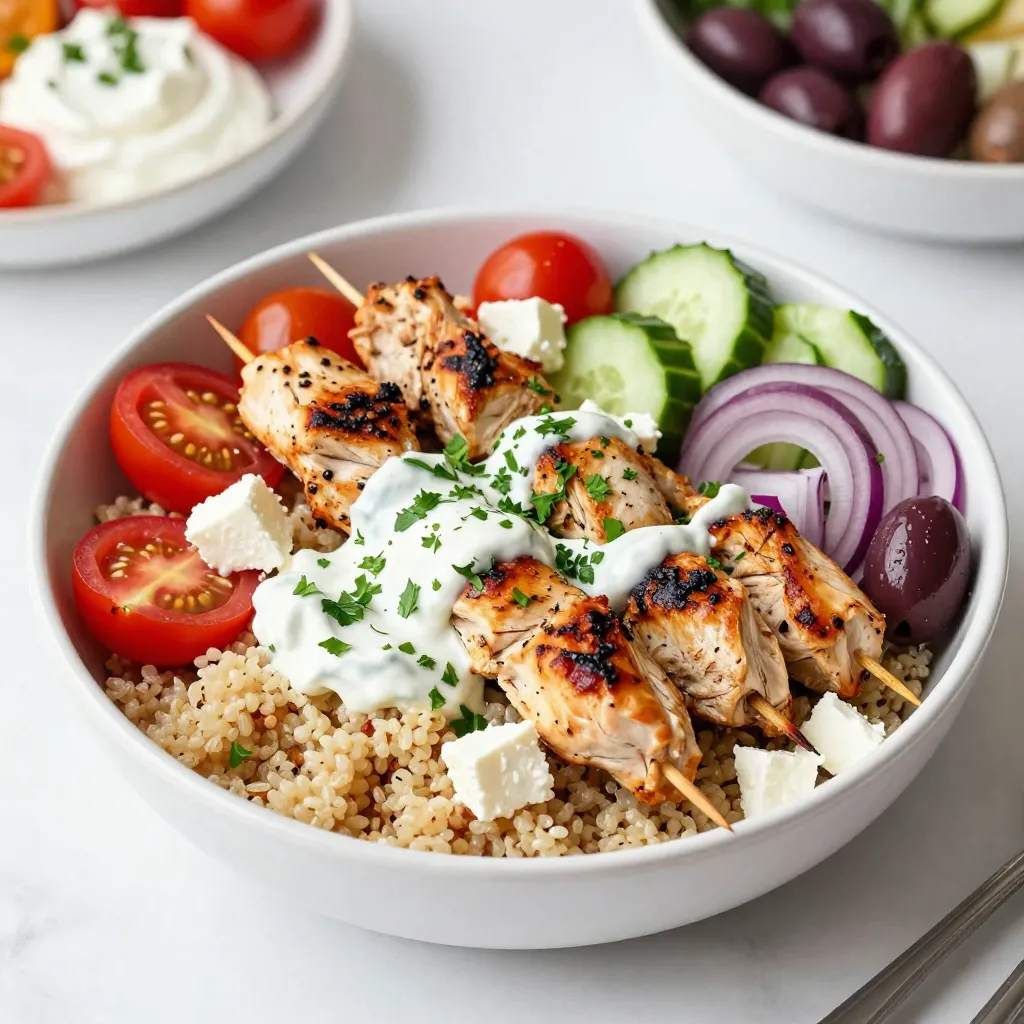 To make Greek Chicken Souvlaki Bowls, gather these main ingredients: - 1 lb boneless, skinless chicken breasts, cut into 1-inch cubes - 1 cup quinoa, thoroughly rinsed and drained - 1 cup cherry tomatoes, halved - 1 medium cucumber, diced - 1/2 medium red onion, thinly sliced - 1/2 cup Kalamata olives, pitted and sliced in half - 1/2 cup feta cheese, crumbled - Fresh parsley, chopped, for garnish - Tzatziki sauce, for drizzling and dipping For the chicken marinade, you will need: - 3 tablespoons extra virgin olive oil - Juice of 1 large lemon (about 3 tablespoons) - 2 cloves garlic, finely minced - 1 teaspoon dried oregano - 1 teaspoon smoked paprika - Sea salt and freshly ground black pepper, to taste These ingredients create a tasty marinade that makes the chicken flavorful and juicy. Fresh ingredients add color and crunch to your bowls. Here’s what you need: - Cherry tomatoes: Sweet and juicy, these add freshness. - Cucumber: Crisp and cool, perfect for balance. - Red onion: Adds a sharp bite and color. - Fresh parsley: Brightens the dish with its green hue. Using fresh produce enhances the taste and presentation of your Greek Chicken Souvlaki Bowls. {{ingredient_image_2}} Start by making the marinade. In a medium bowl, whisk together the olive oil, lemon juice, minced garlic, oregano, smoked paprika, sea salt, and black pepper. This mix adds a zesty flavor. Cut the chicken into 1-inch cubes and add them to the bowl. Make sure each piece gets coated well. Cover the bowl and put it in the fridge for at least 30 minutes. This helps the chicken soak up all the flavors. While the chicken marinates, rinse the quinoa. Use a fine mesh strainer and cold running water. This step removes any bitter taste. In a medium saucepan, add the rinsed quinoa and 2 cups of water or chicken broth. Bring it to a boil over medium-high heat. Once boiling, lower the heat and cover the pan. Let it simmer for about 15 minutes until all the liquid is gone. After that, let it sit for 5 minutes. Finally, fluff it with a fork for a light texture. Next, preheat your grill or grill pan on medium-high heat. If you use wooden skewers, soak them in water for about 15 minutes. This keeps them from burning. Thread the marinated chicken onto the skewers, leaving space between each piece. Place the skewers on the grill and cook for 5-7 minutes on each side. Look for no pink in the center, and check that the chicken hits 165°F (75°C). Once done, remove them from the grill and let them rest for a few minutes. Now, it's time to build your bowls. Start with a generous scoop of fluffy quinoa at the bottom. Next, add the grilled chicken skewers on top. Then, arrange halved cherry tomatoes, diced cucumber, thinly sliced red onion, and sliced Kalamata olives around the chicken. Top each bowl with crumbled feta cheese for a salty touch. Finally, drizzle tzatziki sauce on top and garnish with fresh parsley for a pop of color. To get juicy, tender chicken, marinate it well. Mix olive oil, lemon juice, garlic, oregano, and spices in a bowl. Soak the chicken cubes in this mixture for at least 30 minutes. This allows the flavors to soak in. If you have time, let it marinate longer for even more flavor. When grilling, cook the chicken until it reaches 165°F. This ensures it’s safe and tasty. Quinoa can be tricky, but it’s easy if you follow a few steps. Rinse the quinoa well under cold water. This removes any bitterness. Then, cook it in a pot with water or broth. Bring it to a boil, then lower the heat. Cover and let it simmer for about 15 minutes. After it absorbs all the liquid, let it sit covered for 5 more minutes. Fluff it with a fork for a light, airy texture. Presentation makes a meal more fun. Use colorful dishes to serve your Greek chicken souvlaki bowls. Start with a scoop of fluffy quinoa. Layer grilled chicken on top. Add bright cherry tomatoes, diced cucumbers, and red onions in sections. Sprinkle crumbled feta cheese for a salty kick. Drizzle tzatziki sauce over everything. Garnish with fresh parsley and a lemon wedge for extra zest. This makes your meal look and taste amazing! Pro Tips Marinate for Maximum Flavor: Letting the chicken marinate for at least 30 minutes allows the flavors to penetrate the meat, enhancing its taste. For even better results, marinate for a few hours or overnight if time permits. Perfectly Cooked Quinoa: Rinsing quinoa is essential to remove its natural coating, called saponin, which can make it taste bitter. Cooking it in chicken broth adds extra flavor, making it a delicious base for your bowl. Grilling Tips: Ensure your grill is preheated to medium-high heat before adding the skewers. This helps to achieve a nice sear and prevents sticking. Use a meat thermometer to check for doneness—165°F (75°C) is the safe zone for chicken. Presentation Matters: Take time to arrange each ingredient in separate sections within the bowl for a beautiful presentation. Consider adding vibrant garnishes like lemon wedges or extra parsley for a pop of color and freshness. {{image_4}} If you want to make a vegetarian version, use hearty veggies. Try using mushrooms, bell peppers, or zucchini. These will bring great flavors. You can also use marinated tofu. Cut it into cubes and grill just like the chicken. It absorbs the marinade well and gives a nice texture. For a gluten-free bowl, ensure your tzatziki is gluten-free. You can use quinoa, as it is naturally gluten-free. Couscous is not gluten-free, so skip that. Also, check the feta cheese label. Some brands may contain gluten. Spice up your bowl with extra flavors. Add fresh herbs like dill or mint for a fresh touch. A sprinkle of red pepper flakes can add heat. If you love citrus, add orange zest to the marinade. You can also switch the smoked paprika for regular paprika for a milder flavor. Mixing in more veggies, like roasted eggplant or spinach, can add depth too. You can store Greek Chicken Souvlaki Bowls in the fridge. Place leftovers in an airtight container. They will stay fresh for about three to four days. Make sure to keep the tzatziki sauce separate to prevent sogginess. If you want to freeze your bowls, do so after cooking. Let the chicken and quinoa cool completely. Place them in freezer-safe containers. They can last up to three months in the freezer. Avoid freezing fresh vegetables or tzatziki, as they don’t thaw well. To reheat, use the microwave or an oven. If using a microwave, place the food in a microwave-safe dish. Heat on medium power for two to three minutes. Stir halfway through for even heating. If using an oven, preheat it to 350°F (175°C). Cover the dish with foil and heat for about 15-20 minutes. Always check that the chicken reaches 165°F (75°C) before serving. Yes, you can! You can use shrimp, beef, or even tofu. Each protein will change the flavor. If you choose shrimp, cook them for a shorter time. Beef needs a little more cooking. Tofu can soak up the marinade well, too. These bowls are great on their own. But you can add a side salad or pita bread. A simple Greek salad pairs nicely. You might also try roasted veggies for extra color. Hummus with pita chips is a fun snack, too. Making tzatziki is simple! You need yogurt, cucumber, garlic, lemon juice, salt, and dill. Start with one cup of Greek yogurt. Grate half a cucumber and squeeze out extra water. Mix all ingredients together in a bowl. Adjust the salt and lemon to taste. Enjoy it with your bowls! Greek chicken souvlaki bowls are a tasty and fun meal. We covered the key ingredients, from the chicken to fresh produce. The marinade makes the chicken flavorful, and the step-by-step instructions help you grill it just right. Tips ensure you get tender chicken and perfect quinoa. You can also try veggie options or add unique flavors. Proper storage keeps your meal fresh, and the FAQs answer common questions. Enjoy making this healthy dish! It's a simple way to impress your friends and family.