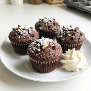 - 1 medium zucchini, finely grated - 1 cup all-purpose flour - 1/3 cup unsweetened cocoa powder - 1 teaspoon baking soda - 1/2 teaspoon baking powder - 1/4 teaspoon salt - 1/2 teaspoon ground cinnamon - 1/2 cup granulated sugar - 1/4 cup brown sugar, packed tightly - 1/2 cup vegetable oil - 2 large eggs - 1 teaspoon pure vanilla extract - 1 cup semi-sweet chocolate chips - 1/4 cup chopped walnuts (optional) You can add walnuts for a nice crunch. They enhance the flavor and texture. If you're not a fan of nuts, feel free to skip them. These muffins are rich in flavor and moisture. The zucchini adds fiber and nutrients without altering the taste. Each muffin is a balanced treat with a good mix of carbs, fats, and protein. Here are some highlights: - Low in calories compared to traditional muffins. - Good source of fiber from zucchini. - Contains healthy fats from vegetable oil. - Packed with antioxidants from cocoa and chocolate. These ingredients work together to create a rich and moist muffin that everyone will love! {{ingredient_image_2}} Start by gathering all your ingredients. You need: - 1 medium zucchini, finely grated - 1 cup all-purpose flour - 1/3 cup unsweetened cocoa powder - 1 teaspoon baking soda - 1/2 teaspoon baking powder - 1/4 teaspoon salt - 1/2 teaspoon ground cinnamon - 1/2 cup granulated sugar - 1/4 cup brown sugar, packed tightly - 1/2 cup vegetable oil - 2 large eggs - 1 teaspoon pure vanilla extract - 1 cup semi-sweet chocolate chips - 1/4 cup chopped walnuts (optional) Preheat your oven to 350&deg;F (175&deg;C). This step is key for perfect muffins. Prepare a muffin tin with paper liners or grease it lightly. This will help the muffins come out easily. In a medium bowl, combine your dry ingredients. Sift together the flour, cocoa powder, baking soda, baking powder, salt, and cinnamon. Whisk them well until they mix completely, then set aside. In a large bowl, mix the granulated sugar, brown sugar, and vegetable oil. Beat them until smooth. Then, add the eggs one at a time, mixing well after each. Pour in the vanilla extract and mix until it blends in. Next, take your grated zucchini. Use a clean kitchen towel to wring out excess moisture. Add the zucchini to the wet mixture. Fold it in gently so it spreads evenly. Slowly add the dry mix to the wet mix. Stir gently with a spatula or wooden spoon. Do not overmix. This keeps the muffins light and fluffy. Finally, fold in the chocolate chips and walnuts, if you choose to use them. Make sure they are well-distributed in the batter. Using a spoon or cookie scoop, fill each muffin cup about three-quarters full. This leaves room for the muffins to rise. Place the muffin tin in the preheated oven. Bake for 18-20 minutes. To check if they are ready, insert a toothpick into the center of a muffin. It should come out clean or have a few moist crumbs. Let the muffins cool in the pan for about 5 minutes. After that, transfer them to a wire rack to cool completely. The tempting aroma will fill your kitchen! To keep your muffins light, squeeze the grated zucchini. Use a clean towel to wring out excess moisture. This step is key. Too much water can make your muffins soggy. Also, don&rsquo;t skip the baking powder and baking soda. They help the muffins rise and stay fluffy. Mixing is vital for great muffins. Start by combining dry ingredients first. Whisk them well to avoid lumps. When you add wet ingredients, stir gently. Overmixing can lead to tough muffins. You want to mix just until you see no dry flour. Then fold in chocolate chips and walnuts. This way, they stay evenly spread without breaking. These muffins shine fresh from the oven. Serve them warm for the best taste. You can dust them with powdered sugar or cocoa for a fun touch. Pair them with whipped cream or vanilla ice cream. This adds a rich layer of flavor that everyone will love. Enjoy these muffins as a snack or a sweet breakfast treat! Pro Tips Moisture Control: Ensure to wring out the grated zucchini well to prevent overly moist muffins that could affect the texture. Mixing Technique: When combining dry and wet ingredients, mix just until incorporated to maintain a light and fluffy muffin. Chocolate Quality: Use high-quality semi-sweet chocolate chips for a rich, decadent flavor that elevates your muffins. Storage Tips: Store the muffins in an airtight container at room temperature for up to 3 days or freeze for longer freshness. {{image_4}} You can make these muffins healthier with a few swaps. Instead of all-purpose flour, try whole wheat flour for more fiber. You can also use applesauce to replace some of the oil. This cut-down on fat while keeping moisture. If you want less sugar, replace some granulated sugar with a natural sweetener like honey or maple syrup. To make these muffins even more exciting, consider adding extras. Chopped nuts, like walnuts or pecans, add crunch. You can also mix in dried fruits, such as raisins or cranberries, for a sweet twist. Experimenting with spices can enhance flavor too. A pinch of nutmeg or a dash of espresso powder can elevate the chocolate taste. These muffins can fit various diets. For a vegan option, use flax eggs instead of regular eggs. Combine one tablespoon of ground flaxseed with three tablespoons of water for each egg. You can swap vegetable oil for coconut oil for a different taste. If you need gluten-free muffins, use a gluten-free flour blend. Always check the labels to ensure they meet your needs. Store your double chocolate zucchini muffins in an airtight container. Keep them at room temperature for up to three days. If you want to keep them longer, refrigerate them for up to a week. Just make sure to let them cool completely before storing. This helps keep them moist and rich. To reheat, you can use your microwave. Place a muffin on a microwave-safe plate. Heat it for about 10-15 seconds. This warms the muffin and makes the chocolate chips melt again. If you want a crisp outside, use an oven. Preheat the oven to 350&deg;F (175&deg;C). Place the muffins on a baking sheet and heat for about 5-7 minutes. Freezing is a great way to save muffins for later. Wrap each muffin tightly in plastic wrap. Then, place them in a freezer bag or container. They can last up to three months in the freezer. When you&rsquo;re ready to enjoy one, simply let it thaw at room temperature. You can also reheat them straight from the freezer, adding a few extra seconds in the microwave. Yes, you can use frozen zucchini in your muffins. Just make sure to thaw it first. After thawing, squeeze out any extra water. This prevents your muffins from becoming too wet. Frozen zucchini works well since it has a similar taste and texture. It&rsquo;s a great way to use up leftover zucchini. To make gluten-free muffins, swap the all-purpose flour for a gluten-free blend. Look for a blend that contains xanthan gum. This helps with the texture. You can also use almond flour or oat flour as alternatives. Be sure to measure carefully for the best results. If your muffins turn out dry, a few fixes can help. First, try adding more grated zucchini next time. Extra moisture comes from the zucchini. You can also reduce the baking time slightly. If you find dry muffins later, serve them warm with butter or a drizzle of honey. This adds moisture and flavor. In this post, we covered the key ingredients for great muffins and how to prepare them. I shared tips on avoiding soggy muffins and ways to mix the batter well. We also explored tasty variations and smart storage methods to keep your muffins fresh. Remember, baking is fun, so feel free to experiment with flavors. Enjoy your baking journey and share your results!