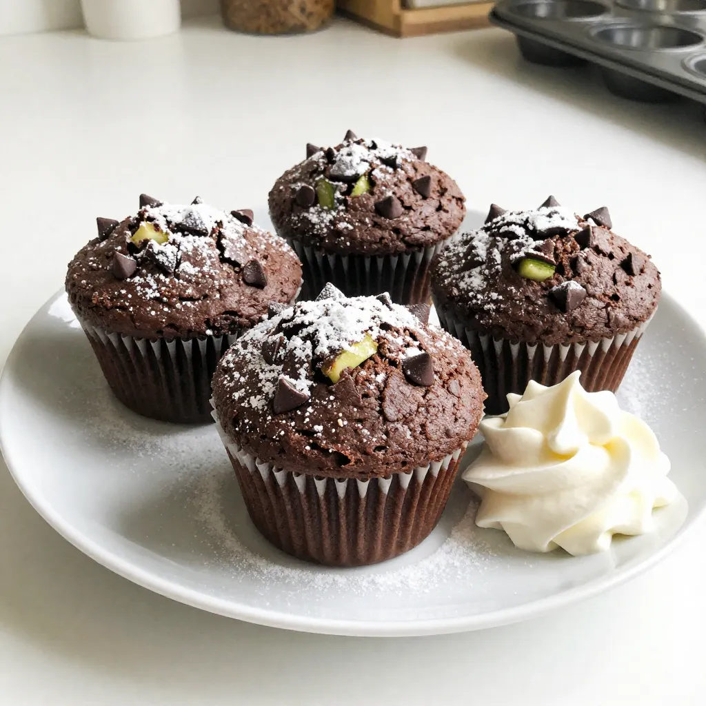 - 1 medium zucchini, finely grated - 1 cup all-purpose flour - 1/3 cup unsweetened cocoa powder - 1 teaspoon baking soda - 1/2 teaspoon baking powder - 1/4 teaspoon salt - 1/2 teaspoon ground cinnamon - 1/2 cup granulated sugar - 1/4 cup brown sugar, packed tightly - 1/2 cup vegetable oil - 2 large eggs - 1 teaspoon pure vanilla extract - 1 cup semi-sweet chocolate chips - 1/4 cup chopped walnuts (optional) You can add walnuts for a nice crunch. They enhance the flavor and texture. If you're not a fan of nuts, feel free to skip them. These muffins are rich in flavor and moisture. The zucchini adds fiber and nutrients without altering the taste. Each muffin is a balanced treat with a good mix of carbs, fats, and protein. Here are some highlights: - Low in calories compared to traditional muffins. - Good source of fiber from zucchini. - Contains healthy fats from vegetable oil. - Packed with antioxidants from cocoa and chocolate. These ingredients work together to create a rich and moist muffin that everyone will love! {{ingredient_image_2}} Start by gathering all your ingredients. You need: - 1 medium zucchini, finely grated - 1 cup all-purpose flour - 1/3 cup unsweetened cocoa powder - 1 teaspoon baking soda - 1/2 teaspoon baking powder - 1/4 teaspoon salt - 1/2 teaspoon ground cinnamon - 1/2 cup granulated sugar - 1/4 cup brown sugar, packed tightly - 1/2 cup vegetable oil - 2 large eggs - 1 teaspoon pure vanilla extract - 1 cup semi-sweet chocolate chips - 1/4 cup chopped walnuts (optional) Preheat your oven to 350°F (175°C). This step is key for perfect muffins. Prepare a muffin tin with paper liners or grease it lightly. This will help the muffins come out easily. In a medium bowl, combine your dry ingredients. Sift together the flour, cocoa powder, baking soda, baking powder, salt, and cinnamon. Whisk them well until they mix completely, then set aside. In a large bowl, mix the granulated sugar, brown sugar, and vegetable oil. Beat them until smooth. Then, add the eggs one at a time, mixing well after each. Pour in the vanilla extract and mix until it blends in. Next, take your grated zucchini. Use a clean kitchen towel to wring out excess moisture. Add the zucchini to the wet mixture. Fold it in gently so it spreads evenly. Slowly add the dry mix to the wet mix. Stir gently with a spatula or wooden spoon. Do not overmix. This keeps the muffins light and fluffy. Finally, fold in the chocolate chips and walnuts, if you choose to use them. Make sure they are well-distributed in the batter. Using a spoon or cookie scoop, fill each muffin cup about three-quarters full. This leaves room for the muffins to rise. Place the muffin tin in the preheated oven. Bake for 18-20 minutes. To check if they are ready, insert a toothpick into the center of a muffin. It should come out clean or have a few moist crumbs. Let the muffins cool in the pan for about 5 minutes. After that, transfer them to a wire rack to cool completely. The tempting aroma will fill your kitchen! To keep your muffins light, squeeze the grated zucchini. Use a clean towel to wring out excess moisture. This step is key. Too much water can make your muffins soggy. Also, don’t skip the baking powder and baking soda. They help the muffins rise and stay fluffy. Mixing is vital for great muffins. Start by combining dry ingredients first. Whisk them well to avoid lumps. When you add wet ingredients, stir gently. Overmixing can lead to tough muffins. You want to mix just until you see no dry flour. Then fold in chocolate chips and walnuts. This way, they stay evenly spread without breaking. These muffins shine fresh from the oven. Serve them warm for the best taste. You can dust them with powdered sugar or cocoa for a fun touch. Pair them with whipped cream or vanilla ice cream. This adds a rich layer of flavor that everyone will love. Enjoy these muffins as a snack or a sweet breakfast treat! Pro Tips Moisture Control: Ensure to wring out the grated zucchini well to prevent overly moist muffins that could affect the texture. Mixing Technique: When combining dry and wet ingredients, mix just until incorporated to maintain a light and fluffy muffin. Chocolate Quality: Use high-quality semi-sweet chocolate chips for a rich, decadent flavor that elevates your muffins. Storage Tips: Store the muffins in an airtight container at room temperature for up to 3 days or freeze for longer freshness. {{image_4}} You can make these muffins healthier with a few swaps. Instead of all-purpose flour, try whole wheat flour for more fiber. You can also use applesauce to replace some of the oil. This cut-down on fat while keeping moisture. If you want less sugar, replace some granulated sugar with a natural sweetener like honey or maple syrup. To make these muffins even more exciting, consider adding extras. Chopped nuts, like walnuts or pecans, add crunch. You can also mix in dried fruits, such as raisins or cranberries, for a sweet twist. Experimenting with spices can enhance flavor too. A pinch of nutmeg or a dash of espresso powder can elevate the chocolate taste. These muffins can fit various diets. For a vegan option, use flax eggs instead of regular eggs. Combine one tablespoon of ground flaxseed with three tablespoons of water for each egg. You can swap vegetable oil for coconut oil for a different taste. If you need gluten-free muffins, use a gluten-free flour blend. Always check the labels to ensure they meet your needs. Store your double chocolate zucchini muffins in an airtight container. Keep them at room temperature for up to three days. If you want to keep them longer, refrigerate them for up to a week. Just make sure to let them cool completely before storing. This helps keep them moist and rich. To reheat, you can use your microwave. Place a muffin on a microwave-safe plate. Heat it for about 10-15 seconds. This warms the muffin and makes the chocolate chips melt again. If you want a crisp outside, use an oven. Preheat the oven to 350°F (175°C). Place the muffins on a baking sheet and heat for about 5-7 minutes. Freezing is a great way to save muffins for later. Wrap each muffin tightly in plastic wrap. Then, place them in a freezer bag or container. They can last up to three months in the freezer. When you’re ready to enjoy one, simply let it thaw at room temperature. You can also reheat them straight from the freezer, adding a few extra seconds in the microwave. Yes, you can use frozen zucchini in your muffins. Just make sure to thaw it first. After thawing, squeeze out any extra water. This prevents your muffins from becoming too wet. Frozen zucchini works well since it has a similar taste and texture. It’s a great way to use up leftover zucchini. To make gluten-free muffins, swap the all-purpose flour for a gluten-free blend. Look for a blend that contains xanthan gum. This helps with the texture. You can also use almond flour or oat flour as alternatives. Be sure to measure carefully for the best results. If your muffins turn out dry, a few fixes can help. First, try adding more grated zucchini next time. Extra moisture comes from the zucchini. You can also reduce the baking time slightly. If you find dry muffins later, serve them warm with butter or a drizzle of honey. This adds moisture and flavor. In this post, we covered the key ingredients for great muffins and how to prepare them. I shared tips on avoiding soggy muffins and ways to mix the batter well. We also explored tasty variations and smart storage methods to keep your muffins fresh. Remember, baking is fun, so feel free to experiment with flavors. Enjoy your baking journey and share your results!