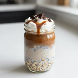 - 1 cup rolled oats - 1 cup almond milk (or any milk of your choice) - 1 tablespoon chia seeds - 2 tablespoons maple syrup (adjust sweetness to taste) - 1 teaspoon vanilla extract - 1/2 teaspoon ground cinnamon - 1 shot of espresso or 1/2 cup strong brewed coffee, cooled completely - 2 tablespoons caramel sauce (store-bought or homemade) - Optional toppings: whipped cream, additional caramel sauce, chocolate shavings To make Caramel Macchiato Overnight Oats, gather your ingredients first. You will need rolled oats for a hearty base. Almond milk makes this dish creamy, but feel free to use any milk you like. Chia seeds add a nice texture and boost nutrition. Maple syrup sweetens the oats, while vanilla extract gives it a warm flavor. Ground cinnamon adds a hint of spice. Next, you&rsquo;ll need espresso or strong brewed coffee. This gives your oats that classic coffee taste. Caramel sauce adds sweetness and a touch of indulgence. Finally, choose some optional toppings. Whipped cream, extra caramel, or chocolate shavings can elevate your dish. Each ingredient plays a key role in building flavors. When combined, they create a delicious and satisfying meal that is perfect for busy mornings. {{ingredient_image_2}} 1. First, grab a medium mixing bowl. 2. Add 1 cup of rolled oats, 1 tablespoon of chia seeds, and 1 cup of almond milk. 3. Pour in 2 tablespoons of maple syrup, 1 teaspoon of vanilla extract, and 1/2 teaspoon of ground cinnamon. 4. Mix everything well. Stir until the oats are coated evenly. 5. Next, carefully divide the mixture into two jars. Leave some space at the top. 6. After that, pour a layer of cooled espresso or strong coffee over the oats in each jar. 1. Now, drizzle 1 tablespoon of caramel sauce on top of each jar. 2. Watch how it cascades down through the oats and coffee. This looks great! 3. The caramel adds sweetness and richness to your oats. 1. Seal the jars tightly with their lids. 2. Place them in the refrigerator. Let your oats chill overnight or for at least 4 hours. 3. Overnight soaking is key. It helps the oats absorb the flavors. 4. When you&rsquo;re ready, stir the jars to mix everything. Add more almond milk if you want it creamier. To get the best texture, you can adjust the liquid. If you want creamier oats, add a bit more almond milk. Start with a splash and mix it in. This will help make each bite smooth and tasty. Before serving, stir the oats well. This mixes the coffee and caramel throughout. You want every spoonful to have that sweet coffee flavor. A good stir brings all the wonderful tastes together. Serving your oats in mason jars looks great. It adds charm and makes breakfast fun. You can also layer the oats and coffee for a pretty effect. Add fresh fruit or nuts on top for a nice crunch. Blueberries or sliced bananas work well. Chopped nuts give extra flavor and texture. This makes your oats not just tasty but also beautiful. You can change how sweet your oats are by adjusting the maple syrup. If you like less sweetness, use a bit less. Taste it before you pour it into the jars. If you want alternatives for sweeteners, try honey or agave syrup. They can give a different taste. You can even use stevia or monk fruit for a low-calorie option. These choices help make your oats just right for you. Pro Tips Use Fresh Coffee: For the best flavor, use freshly brewed coffee or espresso. Avoid using coffee that has been sitting for too long to maintain the rich taste. Customize Sweetness: Adjust the amount of maple syrup based on your preference. Taste the mixture before refrigerating to find the perfect balance for your palate. Layering Effect: When adding the coffee, pour it slowly over the back of a spoon to create a beautiful layered effect. This not only looks impressive but also enhances the flavor experience. Make Ahead: These overnight oats can be prepared up to 3 days in advance. Just store them in the refrigerator, making busy mornings a breeze! {{image_4}} You can easily change the flavor of your caramel macchiato overnight oats. Adding cocoa powder gives a nice chocolate taste. Just mix in one to two tablespoons of unsweetened cocoa powder with the oats. This twist makes it rich and fun. You can also use nut butters like almond or peanut. They add creaminess and a nutty flavor. Just stir in a tablespoon to your mixture for a tasty upgrade. If you need a dairy-free choice, almond milk works great. You can also try oat milk or coconut milk. These options keep your oats creamy and tasty. For sweetness, use maple syrup or agave nectar. These vegan options add flavor without dairy. They mix well with the oats and enhance the dish. Toppings can make your oats even better. Try whipped cream for a sweet touch. Extra caramel sauce drizzled on top is always a hit. You might also like chocolate shavings for a fun crunch. For healthier choices, consider fresh fruit like berries or banana slices. Nuts or seeds add texture and nutrients, making your meal more balanced. To keep your caramel macchiato overnight oats fresh, store them in an airtight container. Mason jars work great for this. They seal tight and are easy to grab. Make sure to fill the jars, leaving some space at the top. This helps avoid spills when you add your coffee or toppings. If you make a big batch, separate them into individual jars. This way, you can enjoy them all week long. Your overnight oats can last up to five days in the refrigerator. Always check for signs of spoilage before you eat. If you see any mold or the oats smell sour, it&rsquo;s time to toss them. Freshness is key for taste and safety. Enjoy your delicious oats while they are still at their best! Yes, you can use quick oats. They will cook faster than rolled oats. This means your oats will be softer. If you prefer a chewier texture, stick with rolled oats. Quick oats are great for a quick meal, but they might not provide the same flavor depth. To make this recipe gluten-free, choose certified gluten-free oats. Many brands offer oats that are processed in gluten-free facilities. Also, check the labels on your almond milk and caramel sauce. Some may have hidden gluten ingredients. The best way to reheat overnight oats is in the microwave. Place your jar in the microwave for about 30 seconds. Stir halfway through to heat evenly. If it's too thick, add a splash of milk. You can also enjoy them cold for a refreshing breakfast. Yes, you can make a larger batch! Simply double or triple the ingredients. Mix everything in a big bowl, then divide into jars. Store them in the fridge for up to five days. This makes breakfast easy and fast during a busy week. You now have a simple and fun way to make overnight oats. We covered the key ingredients like rolled oats, almond milk, and coffee. You learned to layer flavors and add caramel. Remember, chilling overnight is key for the best taste. Don't be afraid to experiment with different flavors and toppings. Adjust sweetness to suit your taste. Store your creations properly to keep them fresh. Now, it&rsquo;s time to enjoy your tasty, healthy breakfast.