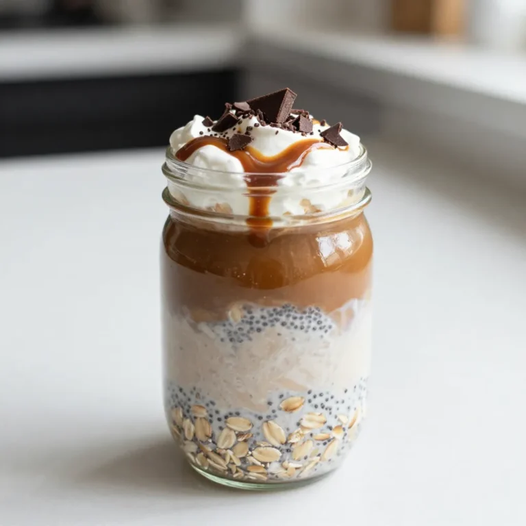 - 1 cup rolled oats - 1 cup almond milk (or any milk of your choice) - 1 tablespoon chia seeds - 2 tablespoons maple syrup (adjust sweetness to taste) - 1 teaspoon vanilla extract - 1/2 teaspoon ground cinnamon - 1 shot of espresso or 1/2 cup strong brewed coffee, cooled completely - 2 tablespoons caramel sauce (store-bought or homemade) - Optional toppings: whipped cream, additional caramel sauce, chocolate shavings To make Caramel Macchiato Overnight Oats, gather your ingredients first. You will need rolled oats for a hearty base. Almond milk makes this dish creamy, but feel free to use any milk you like. Chia seeds add a nice texture and boost nutrition. Maple syrup sweetens the oats, while vanilla extract gives it a warm flavor. Ground cinnamon adds a hint of spice. Next, you’ll need espresso or strong brewed coffee. This gives your oats that classic coffee taste. Caramel sauce adds sweetness and a touch of indulgence. Finally, choose some optional toppings. Whipped cream, extra caramel, or chocolate shavings can elevate your dish. Each ingredient plays a key role in building flavors. When combined, they create a delicious and satisfying meal that is perfect for busy mornings. {{ingredient_image_2}} 1. First, grab a medium mixing bowl. 2. Add 1 cup of rolled oats, 1 tablespoon of chia seeds, and 1 cup of almond milk. 3. Pour in 2 tablespoons of maple syrup, 1 teaspoon of vanilla extract, and 1/2 teaspoon of ground cinnamon. 4. Mix everything well. Stir until the oats are coated evenly. 5. Next, carefully divide the mixture into two jars. Leave some space at the top. 6. After that, pour a layer of cooled espresso or strong coffee over the oats in each jar. 1. Now, drizzle 1 tablespoon of caramel sauce on top of each jar. 2. Watch how it cascades down through the oats and coffee. This looks great! 3. The caramel adds sweetness and richness to your oats. 1. Seal the jars tightly with their lids. 2. Place them in the refrigerator. Let your oats chill overnight or for at least 4 hours. 3. Overnight soaking is key. It helps the oats absorb the flavors. 4. When you’re ready, stir the jars to mix everything. Add more almond milk if you want it creamier. To get the best texture, you can adjust the liquid. If you want creamier oats, add a bit more almond milk. Start with a splash and mix it in. This will help make each bite smooth and tasty. Before serving, stir the oats well. This mixes the coffee and caramel throughout. You want every spoonful to have that sweet coffee flavor. A good stir brings all the wonderful tastes together. Serving your oats in mason jars looks great. It adds charm and makes breakfast fun. You can also layer the oats and coffee for a pretty effect. Add fresh fruit or nuts on top for a nice crunch. Blueberries or sliced bananas work well. Chopped nuts give extra flavor and texture. This makes your oats not just tasty but also beautiful. You can change how sweet your oats are by adjusting the maple syrup. If you like less sweetness, use a bit less. Taste it before you pour it into the jars. If you want alternatives for sweeteners, try honey or agave syrup. They can give a different taste. You can even use stevia or monk fruit for a low-calorie option. These choices help make your oats just right for you. Pro Tips Use Fresh Coffee: For the best flavor, use freshly brewed coffee or espresso. Avoid using coffee that has been sitting for too long to maintain the rich taste. Customize Sweetness: Adjust the amount of maple syrup based on your preference. Taste the mixture before refrigerating to find the perfect balance for your palate. Layering Effect: When adding the coffee, pour it slowly over the back of a spoon to create a beautiful layered effect. This not only looks impressive but also enhances the flavor experience. Make Ahead: These overnight oats can be prepared up to 3 days in advance. Just store them in the refrigerator, making busy mornings a breeze! {{image_4}} You can easily change the flavor of your caramel macchiato overnight oats. Adding cocoa powder gives a nice chocolate taste. Just mix in one to two tablespoons of unsweetened cocoa powder with the oats. This twist makes it rich and fun. You can also use nut butters like almond or peanut. They add creaminess and a nutty flavor. Just stir in a tablespoon to your mixture for a tasty upgrade. If you need a dairy-free choice, almond milk works great. You can also try oat milk or coconut milk. These options keep your oats creamy and tasty. For sweetness, use maple syrup or agave nectar. These vegan options add flavor without dairy. They mix well with the oats and enhance the dish. Toppings can make your oats even better. Try whipped cream for a sweet touch. Extra caramel sauce drizzled on top is always a hit. You might also like chocolate shavings for a fun crunch. For healthier choices, consider fresh fruit like berries or banana slices. Nuts or seeds add texture and nutrients, making your meal more balanced. To keep your caramel macchiato overnight oats fresh, store them in an airtight container. Mason jars work great for this. They seal tight and are easy to grab. Make sure to fill the jars, leaving some space at the top. This helps avoid spills when you add your coffee or toppings. If you make a big batch, separate them into individual jars. This way, you can enjoy them all week long. Your overnight oats can last up to five days in the refrigerator. Always check for signs of spoilage before you eat. If you see any mold or the oats smell sour, it’s time to toss them. Freshness is key for taste and safety. Enjoy your delicious oats while they are still at their best! Yes, you can use quick oats. They will cook faster than rolled oats. This means your oats will be softer. If you prefer a chewier texture, stick with rolled oats. Quick oats are great for a quick meal, but they might not provide the same flavor depth. To make this recipe gluten-free, choose certified gluten-free oats. Many brands offer oats that are processed in gluten-free facilities. Also, check the labels on your almond milk and caramel sauce. Some may have hidden gluten ingredients. The best way to reheat overnight oats is in the microwave. Place your jar in the microwave for about 30 seconds. Stir halfway through to heat evenly. If it's too thick, add a splash of milk. You can also enjoy them cold for a refreshing breakfast. Yes, you can make a larger batch! Simply double or triple the ingredients. Mix everything in a big bowl, then divide into jars. Store them in the fridge for up to five days. This makes breakfast easy and fast during a busy week. You now have a simple and fun way to make overnight oats. We covered the key ingredients like rolled oats, almond milk, and coffee. You learned to layer flavors and add caramel. Remember, chilling overnight is key for the best taste. Don't be afraid to experiment with different flavors and toppings. Adjust sweetness to suit your taste. Store your creations properly to keep them fresh. Now, it’s time to enjoy your tasty, healthy breakfast.