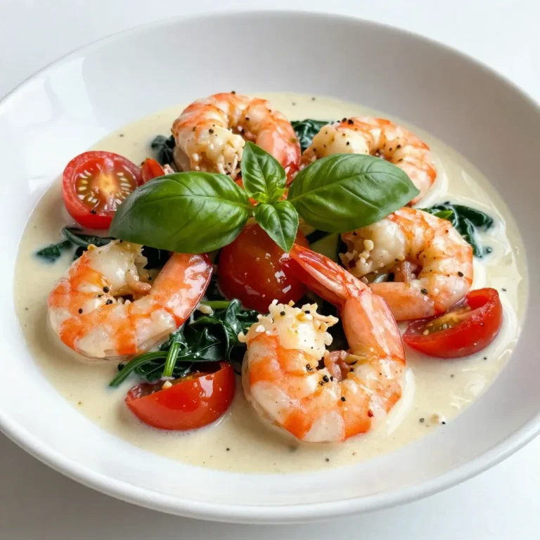 - Large shrimp: 1 pound, peeled and deveined - Unsalted butter: 2 tablespoons, divided - Extra virgin olive oil: 1 tablespoon - Garlic: 4 cloves, finely minced - Red pepper flakes: 1/2 teaspoon (optional for spice) - Cherry tomatoes: 1 cup, halved - Fresh spinach: 1 cup, roughly chopped - Heavy cream: 1/2 cup - Parmesan cheese: 1/4 cup, freshly grated - Salt and black pepper: to taste - Fresh basil leaves: for garnish When I make Garlic Butter Tuscan Shrimp, I focus on fresh, quality ingredients. The shrimp must be large, peeled, and deveined. This makes them easy to cook and eat. The unsalted butter adds a rich flavor. I use two tablespoons, which really enhances the dish. Extra virgin olive oil is key for sautéing. It gives a nice base for the garlic flavor. I add four cloves of finely minced garlic. Garlic brings a warm aroma and taste. If you want some heat, add red pepper flakes. Just half a teaspoon does the trick. The veggies are important too. I use one cup of halved cherry tomatoes. They burst with juice, adding freshness. One cup of roughly chopped spinach adds color and nutrients. For creaminess, I add half a cup of heavy cream. It creates a luscious sauce that coats the shrimp perfectly. Finally, I sprinkle in a quarter cup of freshly grated Parmesan cheese. This makes the sauce even creamier. Don’t forget salt and black pepper to taste. Fresh basil leaves finish the dish with a pop of flavor and color. Each ingredient plays a vital role, making this meal truly special. {{ingredient_image_2}} First, grab a large skillet. Heat 1 tablespoon of olive oil and 1 tablespoon of butter over medium heat. Wait until the butter is fully melted. This mix makes a great base for flavor. Next, add 4 cloves of finely minced garlic. If you like spice, add 1/2 teaspoon of red pepper flakes. Sauté for about 1 minute. Stir often until the garlic smells good but isn’t browned. Now, increase the heat a little. Add 1 pound of peeled and deveined shrimp to the skillet. Sprinkle a pinch of salt and some black pepper for taste. Cook each side for 2-3 minutes. The shrimp should turn pink and opaque. Once done, take them out and place them on a plate. In the same skillet, throw in 1 cup of halved cherry tomatoes. Cook them for about 2 minutes. They should soften and release some juice. Next, stir in 1 cup of roughly chopped spinach. Cook for 1 minute until it wilts. Pour in 1/2 cup of heavy cream. Stir to mix everything well. Let it simmer for 2-3 minutes. This helps all the flavors blend together nicely. After that, add 1/4 cup of freshly grated Parmesan cheese. Keep stirring until it melts and the sauce becomes creamy. Gently add the cooked shrimp back into the skillet. Toss them in the creamy sauce to coat well. Let them cook for another minute to heat through. Finally, take the skillet off the heat. Stir in the remaining tablespoon of butter. This adds a nice richness to the sauce. Transfer the dish to serving plates. Garnish with fresh basil leaves for extra flavor and color. Enjoy your Garlic Butter Tuscan Shrimp! To make your Garlic Butter Tuscan Shrimp shine, balance the seasoning well. Start with a pinch of salt. Taste as you go. If you want more kick, add red pepper flakes. They bring heat without overpowering the dish. For that creamy sauce you crave, use heavy cream. It gives richness. When adding Parmesan, do it slowly. Stir until it melts completely. This creates a smooth, velvety texture. Use pre-peeled and deveined shrimp. This cuts down your prep time. You can find them in the freezer section. Just thaw before cooking. Plan ahead for quick weeknight dinners. You can chop the tomatoes and spinach earlier in the day. Store them in the fridge until you’re ready. This way, dinner comes together fast. Serve your Garlic Butter Tuscan Shrimp over pasta. Linguine or angel hair works best. You can also pair it with garlic bread. The bread soaks up the tasty sauce. For a pretty touch, garnish with fresh basil leaves. A sprinkle of extra Parmesan adds flair too. This makes your dish not just tasty, but beautiful! Pro Tips Perfectly Cooked Shrimp: Be careful not to overcook the shrimp, as they can become tough. They should turn pink and opaque, usually taking 2-3 minutes per side. Enhance the Flavor: For an extra depth of flavor, consider adding a splash of white wine to the skillet after sautéing the garlic. Let it reduce before adding the cream. Substitute Ingredients: If you don’t have heavy cream, you can use half-and-half or even a combination of Greek yogurt and milk for a lighter sauce. Fresh Herbs Matter: Always use fresh basil for garnish to brighten up the dish. Dried herbs can be used in a pinch, but fresh will elevate the flavor significantly. {{image_4}} You can swap shrimp for chicken or scallops. Chicken works well with the garlic butter sauce. Just cook it until it’s fully done. Scallops bring a sweet flavor that pairs nicely with the sauce. If you want a vegetarian option, use firm tofu or tempeh. Just sauté them until golden. They soak up the flavors well. Feel free to add more veggies to your dish. Bell peppers and zucchini add color and crunch. You can sauté them with the garlic for extra flavor. For garnishes, try parsley or chives instead of basil. They add a fresh touch and make the dish pop. Need a gluten-free dish? Use gluten-free pasta or skip the pasta entirely. For a dairy-free option, replace the heavy cream with coconut cream. Nutritional yeast can stand in for the cheese. Both keep the rich taste while meeting dietary needs. To store leftover Garlic Butter Tuscan Shrimp, let it cool first. Place it in an airtight container. This keeps it fresh and tasty. I recommend using glass or BPA-free plastic containers. These are safe and help avoid spills. When reheating, you want to keep it juicy. Use low heat on the stove. Add a splash of cream or broth to the pan. This keeps the sauce from drying out. Gently stir as it warms. This way, the flavors stay rich and delicious. You can freeze this dish for later. First, let it cool completely. Then, put it in a freezer-safe container. It’s best to use it within three months. When you’re ready, thaw it in the fridge overnight. Reheat gently on the stove, adding a bit of cream to refresh the sauce. Making Garlic Butter Tuscan Shrimp is quick. You need about 10 minutes to prep. Cooking takes around 10 minutes. Altogether, it takes 20 minutes from start to finish. Yes, you can prep this dish ahead. Cook the shrimp and sauce but store them separately. This keeps the shrimp fresh and tasty. When ready to eat, just reheat them together. This dish pairs well with many sides. Here are a few ideas: - Linguine or angel hair pasta - Crusty garlic bread - Fresh salad with greens - Steamed vegetables like broccoli or asparagus The recipe can be spicy if you use red pepper flakes. If you want it mild, skip them. Adjust the spice to suit your taste. This blog post covered a simple and tasty Garlic Butter Tuscan Shrimp recipe. You learned about the main ingredients, easy step-by-step cooking instructions, and helpful tips for flavor and presentation. I shared variations to suit different diets or preferences, plus storage and reheating advice. Cooking can be fun and rewarding. Enjoy making this dish that impresses your family and friends with ease. Happy cooking!