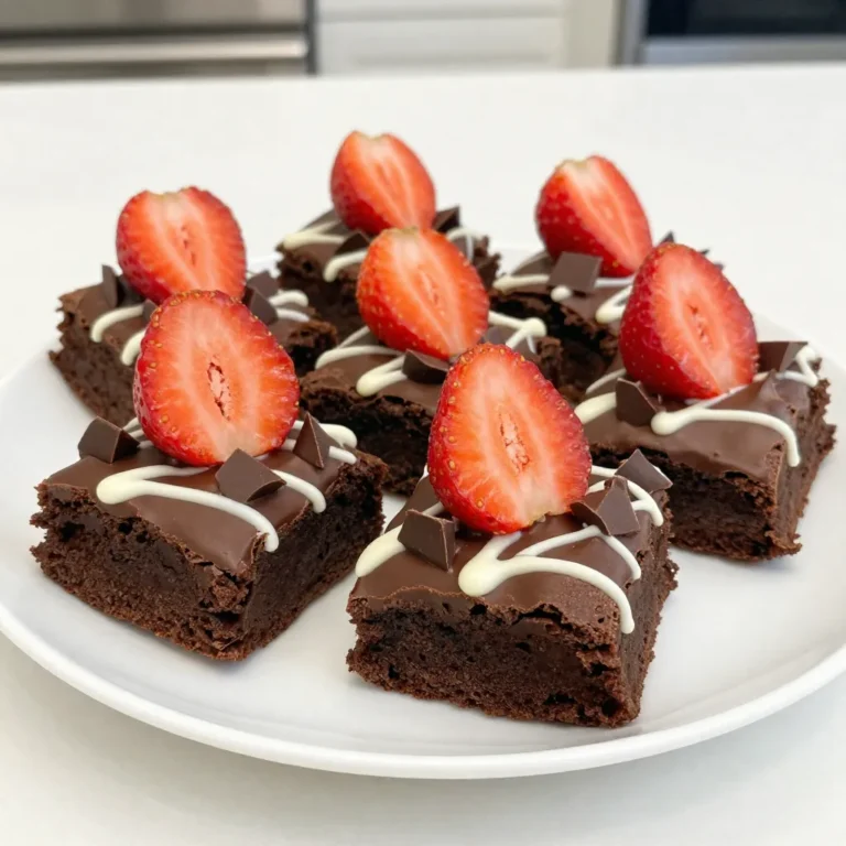 - 1 cup unsalted butter - 1 cup granulated sugar - 1 cup packed brown sugar - 4 large eggs - 1 teaspoon pure vanilla extract - 1 cup all-purpose flour - 1 cup unsweetened cocoa powder - 1/2 teaspoon salt - 1 cup semisweet or dark chocolate chips - 1 cup fresh strawberries - 1 cup white chocolate chips (for drizzling) - Optional fresh strawberry slices for garnish When I make chocolate covered strawberry brownies, I gather my ingredients first. I use unsalted butter for a rich base. Then, I mix two types of sugar: granulated and brown. This blend gives the brownies a sweet and deep flavor. I add in four large eggs and one teaspoon of pure vanilla extract. The eggs help bind the mix, while vanilla adds warmth. Next, I sift one cup of all-purpose flour, one cup of unsweetened cocoa powder, and half a teaspoon of salt. This step ensures a smooth batter without lumps. I fold the dry mix into the wet ingredients gently. Over-mixing can ruin the texture! I also add one cup of semisweet or dark chocolate chips. They melt slightly and add pockets of gooey goodness. The final touch is one cup of fresh strawberries. I hull and slice them before folding them into the batter, bringing a fresh taste to the rich chocolate. For the toppings, I use one cup of white chocolate chips for drizzling. This adds a sweet contrast to the dark brownies. If I want an extra touch, I add fresh strawberry slices on top for a lovely garnish. It makes the brownies look as good as they taste! {{ingredient_image_2}} - Preheat your oven to 350°F (175°C). - Prepare a 9x13 inch baking pan by greasing it or lining it with parchment paper. - In a large bowl, mix 1 cup of melted butter with 1 cup of granulated sugar and 1 cup of brown sugar. Whisk until smooth. - Crack 4 large eggs into the bowl, mixing them in one by one. Add 1 teaspoon of pure vanilla extract and blend until the batter feels velvety. - In another bowl, sift together 1 cup of all-purpose flour, 1 cup of cocoa powder, and 1/2 teaspoon of salt. - Gradually add this dry mix into the wet ingredients. Fold gently until just combined. - Now, fold in 1 cup of chocolate chips and 1 cup of sliced strawberries. - Pour the brownie batter into the prepared pan. Use a spatula to spread it evenly. - Sprinkle a few reserved chocolate chips on top for extra richness. - Bake in the oven for about 25-30 minutes. To test for doneness, insert a toothpick in the center. It should come out with a few moist crumbs. - Once baked, let the brownies cool completely in the pan on a wire rack. - Melt 1 cup of white chocolate chips in a microwave-safe bowl. Heat in 30-second intervals, stirring until smooth. - Drizzle the melted white chocolate over the cooled brownies. Let it set before cutting. - For a nice touch, top the brownies with extra strawberry slices before serving. To get the best brownies, timing is key. Bake them for 25-30 minutes. Check for doneness by inserting a toothpick into the center. If it comes out with a few moist crumbs, they are ready. If you see wet batter, give them a few more minutes. When mixing, you want to be gentle. After adding the dry ingredients, fold them into the wet mix. Use a spatula and don’t stir too hard. Overworking the batter can make your brownies tough. You want them soft and chewy. For a stunning presentation, cut the brownies into even squares. Place them on a nice platter. Add a handful of fresh strawberries around them. Drizzle leftover melted white chocolate on top for flair. This makes your dessert look fancy and inviting. Pair these brownies with vanilla ice cream or whipped cream. The creaminess contrasts well with the rich chocolate. This combination will make your treat even more delightful. Enjoy your creation with family and friends! Pro Tips Use Room Temperature Ingredients: Ensure your eggs and butter are at room temperature for a smoother batter and better incorporation of ingredients. Don't Overmix: Gently fold the dry ingredients into the wet ingredients to keep your brownies fudgy and avoid a tough texture. Enhance Chocolate Flavor: For a richer chocolate taste, consider adding a teaspoon of espresso powder to the batter. Let Them Cool: Allow the brownies to cool completely in the pan before cutting to achieve clean, neat squares. {{image_4}} You can change the taste of your brownies easily. Try adding nuts like walnuts or pecans for crunch. This adds texture and flavor. You can also use different types of chocolate. Use dark chocolate chips for a richer taste. Or, go for milk chocolate for a sweeter bite. Adding extracts can boost the flavor too. A splash of almond or hazelnut extract adds a unique twist. You can also mix in spices like cinnamon or a pinch of salt to enhance the chocolate flavor. These small changes make a big difference in taste. When it comes to toppings, think outside the box! Instead of white chocolate drizzle, try dark chocolate. This gives a nice contrast to the sweet brownies. Melt some dark chocolate and drizzle it over the top for a bold look. You can also experiment with different fruits. Besides strawberries, consider using raspberries or blueberries. These fruits add color and a fresh taste to your brownies. You can mix and match to find your favorite combination. To keep your chocolate covered strawberry brownies fresh, use proper storage methods. For short-term storage, place brownies in an airtight container. You can keep them at room temperature for up to three days. If you want to store them longer, the fridge is your best bet. In the fridge, they stay good for about a week. Just make sure to wrap them well to prevent drying out. If you want to freeze brownies, they freeze nicely. Wrap each brownie in plastic wrap and then place them in a freezer bag or container. They can last for up to three months in the freezer. When you are ready to enjoy, just thaw them at room temperature. Reheating brownies can bring back their soft, gooey texture. To do this, preheat your oven to 350°F (175°C). Place your brownies on a baking sheet and cover them loosely with foil. Heat them for about 10 minutes. This method helps keep the brownies moist. You can also use the microwave for quick reheating. Place a brownie on a microwave-safe plate and cover it with a damp paper towel. Heat it in short bursts of 10-15 seconds until warm. Be careful not to overheat, as that can dry them out. Enjoy your warm brownies with an extra drizzle of white chocolate or a scoop of ice cream! How do I know when the brownies are done? You can test your brownies by inserting a toothpick into the center. If it comes out with a few moist crumbs, they are done. If there is wet batter, bake them a bit longer. Remember, they will continue to cook slightly after you take them out. Can I use different fruits in this recipe? Yes, you can! While strawberries shine here, feel free to try raspberries or cherries. Just make sure the fruit is fresh and sliced. This will keep the brownies moist and add tasty bursts of flavor. How long do chocolate covered strawberry brownies last? These brownies can last up to a week at room temperature. If you store them in the fridge, they can last even longer. Just make sure to keep them in an airtight container to maintain their freshness. Can I make these brownies gluten-free? Absolutely! You can swap all-purpose flour with a gluten-free flour blend. Just make sure the blend is suitable for baking. This will keep the texture nice and soft, just like traditional brownies. What can I substitute for eggs in this recipe? If you need an egg substitute, try using unsweetened applesauce. For one egg, use 1/4 cup of applesauce. This keeps the brownies moist and adds a hint of sweetness. You can also use flaxseed meal mixed with water for a similar effect. These brownies combine rich chocolate and fresh strawberries for a tasty treat. We covered the ingredients, steps, and key tips to ensure your success. You can customize flavors and toppings to fit your taste, too. Remember to store and reheat them correctly for the best bite. With these tips in mind, you’re ready to wow everyone with your baking. Enjoy making these chocolate-covered strawberry brownies!