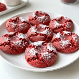 To make red velvet crinkle cookies, gather these key ingredients: - 2 cups all-purpose flour - 1 tablespoon unsweetened cocoa powder - 1 teaspoon baking powder - 1/2 teaspoon baking soda - 1/4 teaspoon fine salt - 1 cup granulated sugar - 1/2 cup vegetable oil - 2 large eggs - 1 tablespoon red food coloring - 1 teaspoon pure vanilla extract - 1 cup powdered sugar (for coating) Each ingredient plays an important role. The flour provides structure, while cocoa adds a hint of chocolate. Baking powder and baking soda help the cookies rise. Sugar sweetens and contributes to the crinkle effect. Vegetable oil keeps the cookies moist and soft. Eggs bind the mixture, and red food coloring gives them that signature hue. Finally, powdered sugar creates a lovely coating for a sweet finish. With these ingredients, you can create a delightful batch of red velvet crinkle cookies that will impress anyone! {{ingredient_image_2}} First, set your oven to 350&deg;F (175&deg;C). This temperature helps the cookies bake evenly. Next, prepare your baking sheet by lining it with parchment paper. This step keeps the cookies from sticking. In a medium bowl, whisk together 2 cups of all-purpose flour and 1 tablespoon of cocoa powder. Then, add 1 teaspoon of baking powder, 1/2 teaspoon of baking soda, and 1/4 teaspoon of fine salt. Mix well and set this aside for later. In a larger bowl, combine 1 cup of granulated sugar and 1/2 cup of vegetable oil. Whisk them together until smooth. Then, add 2 large eggs one at a time. Next, stir in 1 tablespoon of red food coloring and 1 teaspoon of pure vanilla extract. Mix until the batter is smooth and vibrant. Gradually add the dry flour mixture to the wet ingredients. Stir gently until the dough is fully mixed. You want a sticky dough that holds together well. Chilling the dough is important. It helps the cookies hold their shape. Place the dough in the fridge for about 30 minutes. This makes it easier to handle. After chilling, use a tablespoon or cookie scoop to portion the dough. Roll each piece into a ball. Coat each ball in powdered sugar, making sure they get a nice layer. Place the coated balls on the baking sheet, leaving about 2 inches of space between them. Bake the cookies for 10-12 minutes. The edges should be set, and the centers should look slightly underbaked. Once baked, take the sheet out and let the cookies cool for 5 minutes. Then, transfer them to a wire rack to cool completely. To bake the best red velvet crinkle cookies, focus on time and temperature. Preheat your oven to 350&deg;F (175&deg;C). Bake the cookies for 10 to 12 minutes. The edges should be set, while the centers look slightly underbaked. This gives you a chewy texture. Prevent cookies from sticking by using parchment paper on your baking sheet. This helps with easy removal after baking. You can also let them cool on the sheet for a few minutes before moving them to a wire rack. You can add fun flavors to your cookies. Try different extracts like almond or coconut. Just a few drops can change the taste. You can also mix in chocolate chips for a sweet surprise. Use semi-sweet or white chocolate chips for a nice twist. For a beautiful display, serve your cookies on a decorative platter. Dust them lightly with powdered sugar. You can also add fresh berries or a scoop of vanilla ice cream on the side. This makes for a fancy dessert that looks great and tastes even better. Pro Tips Chill the Dough: Refrigerating the dough for at least 30 minutes helps the cookies maintain their shape and results in a chewier texture. Proper Measuring: Ensure you measure the flour accurately by spooning it into the measuring cup and leveling it off, as too much flour can lead to dry cookies. Baking Time: Keep a close eye on the cookies in the oven; they should look slightly underbaked in the center for that perfect chewy texture. Storage Tips: Store the cooled cookies in an airtight container at room temperature to keep them fresh and soft for several days. {{image_4}} For classic red velvet crinkle cookies, you need simple ingredients. These include all-purpose flour, cocoa powder, baking powder, baking soda, and salt. You also need sugar, vegetable oil, eggs, red food coloring, and vanilla extract. To keep the bright red color, use high-quality red food coloring. This helps the cookies stand out. You can add chocolate chips for a twist. Mix in about one cup of semi-sweet chocolate chips. This adds a rich flavor that complements the red velvet base. Balance the sweetness by slightly reducing the granulated sugar. This makes each bite a lovely mix of chocolate and red velvet. If you want a gluten-free version, use almond flour or a gluten-free all-purpose flour blend. These substitutes work well while keeping the cookies soft. You may also need to adjust the baking powder. Start with less and add more if needed. This helps maintain the right texture without gluten. Store your Red Velvet Crinkle Cookies in an airtight container. This keeps them fresh. You can keep them at room temperature for up to a week. If you want them to last longer, refrigerate them. This will keep them moist and tasty. To freeze these cookies, first let them cool completely. Then, place them in a single layer on a baking sheet. Freeze for about an hour. Once frozen, transfer them to a freezer bag. This helps save space. When you want to eat them, you can thaw them overnight in the fridge. You can also warm them in the microwave for a few seconds. These cookies can last about a week at room temperature. In the fridge, they can stay fresh for up to two weeks. Look for signs of spoilage like a hard texture or off smell. If they lose their soft, chewy feel, it&rsquo;s best to toss them. Keep an eye on your cookies, so you enjoy them at their best! Red velvet cookies have a unique flavor. They balance chocolate and vanilla. The cocoa powder adds depth. The red food coloring gives them a vibrant look. This makes them stand out on any dessert table. Their soft texture also adds to the charm. You will enjoy the fun twist on a classic cookie. You can use unsweetened cocoa powder. It changes the taste and color a bit. The cookies may not be as rich. For a better flavor, consider Dutch-processed cocoa. This type adds a smoother taste. It also enhances the red color. If you prefer, you can skip cocoa entirely for a pure red velvet flavor. To make cookies chewier, adjust the baking time. Bake them for less time, around 10 minutes. The centers should stay soft. You can also add more oil for moisture. Another option is to include an extra egg yolk. This helps keep the cookies soft and chewy. Red velvet cookies are a delightful treat that combines rich flavors and vibrant color. We covered the key ingredients, step-by-step instructions, and tips for perfect results. Don&rsquo;t forget to experiment with flavors or try gluten-free options. Proper storage will keep your cookies fresh, while the right serving ideas will impress everyone. Enjoy making these tasty cookies, and let your creativity shine!