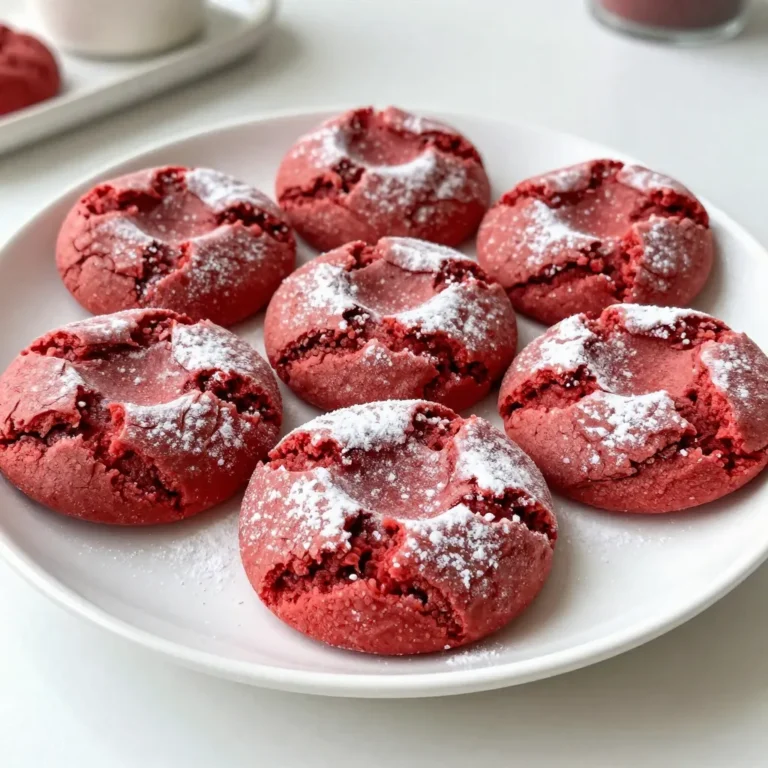 To make red velvet crinkle cookies, gather these key ingredients: - 2 cups all-purpose flour - 1 tablespoon unsweetened cocoa powder - 1 teaspoon baking powder - 1/2 teaspoon baking soda - 1/4 teaspoon fine salt - 1 cup granulated sugar - 1/2 cup vegetable oil - 2 large eggs - 1 tablespoon red food coloring - 1 teaspoon pure vanilla extract - 1 cup powdered sugar (for coating) Each ingredient plays an important role. The flour provides structure, while cocoa adds a hint of chocolate. Baking powder and baking soda help the cookies rise. Sugar sweetens and contributes to the crinkle effect. Vegetable oil keeps the cookies moist and soft. Eggs bind the mixture, and red food coloring gives them that signature hue. Finally, powdered sugar creates a lovely coating for a sweet finish. With these ingredients, you can create a delightful batch of red velvet crinkle cookies that will impress anyone! {{ingredient_image_2}} First, set your oven to 350°F (175°C). This temperature helps the cookies bake evenly. Next, prepare your baking sheet by lining it with parchment paper. This step keeps the cookies from sticking. In a medium bowl, whisk together 2 cups of all-purpose flour and 1 tablespoon of cocoa powder. Then, add 1 teaspoon of baking powder, 1/2 teaspoon of baking soda, and 1/4 teaspoon of fine salt. Mix well and set this aside for later. In a larger bowl, combine 1 cup of granulated sugar and 1/2 cup of vegetable oil. Whisk them together until smooth. Then, add 2 large eggs one at a time. Next, stir in 1 tablespoon of red food coloring and 1 teaspoon of pure vanilla extract. Mix until the batter is smooth and vibrant. Gradually add the dry flour mixture to the wet ingredients. Stir gently until the dough is fully mixed. You want a sticky dough that holds together well. Chilling the dough is important. It helps the cookies hold their shape. Place the dough in the fridge for about 30 minutes. This makes it easier to handle. After chilling, use a tablespoon or cookie scoop to portion the dough. Roll each piece into a ball. Coat each ball in powdered sugar, making sure they get a nice layer. Place the coated balls on the baking sheet, leaving about 2 inches of space between them. Bake the cookies for 10-12 minutes. The edges should be set, and the centers should look slightly underbaked. Once baked, take the sheet out and let the cookies cool for 5 minutes. Then, transfer them to a wire rack to cool completely. To bake the best red velvet crinkle cookies, focus on time and temperature. Preheat your oven to 350°F (175°C). Bake the cookies for 10 to 12 minutes. The edges should be set, while the centers look slightly underbaked. This gives you a chewy texture. Prevent cookies from sticking by using parchment paper on your baking sheet. This helps with easy removal after baking. You can also let them cool on the sheet for a few minutes before moving them to a wire rack. You can add fun flavors to your cookies. Try different extracts like almond or coconut. Just a few drops can change the taste. You can also mix in chocolate chips for a sweet surprise. Use semi-sweet or white chocolate chips for a nice twist. For a beautiful display, serve your cookies on a decorative platter. Dust them lightly with powdered sugar. You can also add fresh berries or a scoop of vanilla ice cream on the side. This makes for a fancy dessert that looks great and tastes even better. Pro Tips Chill the Dough: Refrigerating the dough for at least 30 minutes helps the cookies maintain their shape and results in a chewier texture. Proper Measuring: Ensure you measure the flour accurately by spooning it into the measuring cup and leveling it off, as too much flour can lead to dry cookies. Baking Time: Keep a close eye on the cookies in the oven; they should look slightly underbaked in the center for that perfect chewy texture. Storage Tips: Store the cooled cookies in an airtight container at room temperature to keep them fresh and soft for several days. {{image_4}} For classic red velvet crinkle cookies, you need simple ingredients. These include all-purpose flour, cocoa powder, baking powder, baking soda, and salt. You also need sugar, vegetable oil, eggs, red food coloring, and vanilla extract. To keep the bright red color, use high-quality red food coloring. This helps the cookies stand out. You can add chocolate chips for a twist. Mix in about one cup of semi-sweet chocolate chips. This adds a rich flavor that complements the red velvet base. Balance the sweetness by slightly reducing the granulated sugar. This makes each bite a lovely mix of chocolate and red velvet. If you want a gluten-free version, use almond flour or a gluten-free all-purpose flour blend. These substitutes work well while keeping the cookies soft. You may also need to adjust the baking powder. Start with less and add more if needed. This helps maintain the right texture without gluten. Store your Red Velvet Crinkle Cookies in an airtight container. This keeps them fresh. You can keep them at room temperature for up to a week. If you want them to last longer, refrigerate them. This will keep them moist and tasty. To freeze these cookies, first let them cool completely. Then, place them in a single layer on a baking sheet. Freeze for about an hour. Once frozen, transfer them to a freezer bag. This helps save space. When you want to eat them, you can thaw them overnight in the fridge. You can also warm them in the microwave for a few seconds. These cookies can last about a week at room temperature. In the fridge, they can stay fresh for up to two weeks. Look for signs of spoilage like a hard texture or off smell. If they lose their soft, chewy feel, it’s best to toss them. Keep an eye on your cookies, so you enjoy them at their best! Red velvet cookies have a unique flavor. They balance chocolate and vanilla. The cocoa powder adds depth. The red food coloring gives them a vibrant look. This makes them stand out on any dessert table. Their soft texture also adds to the charm. You will enjoy the fun twist on a classic cookie. You can use unsweetened cocoa powder. It changes the taste and color a bit. The cookies may not be as rich. For a better flavor, consider Dutch-processed cocoa. This type adds a smoother taste. It also enhances the red color. If you prefer, you can skip cocoa entirely for a pure red velvet flavor. To make cookies chewier, adjust the baking time. Bake them for less time, around 10 minutes. The centers should stay soft. You can also add more oil for moisture. Another option is to include an extra egg yolk. This helps keep the cookies soft and chewy. Red velvet cookies are a delightful treat that combines rich flavors and vibrant color. We covered the key ingredients, step-by-step instructions, and tips for perfect results. Don’t forget to experiment with flavors or try gluten-free options. Proper storage will keep your cookies fresh, while the right serving ideas will impress everyone. Enjoy making these tasty cookies, and let your creativity shine!