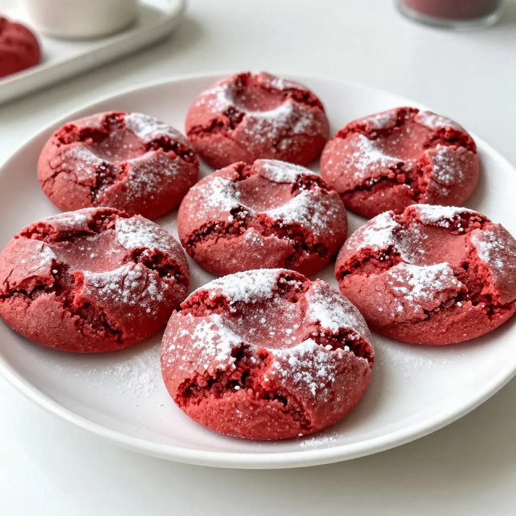 To make red velvet crinkle cookies, gather these key ingredients: - 2 cups all-purpose flour - 1 tablespoon unsweetened cocoa powder - 1 teaspoon baking powder - 1/2 teaspoon baking soda - 1/4 teaspoon fine salt - 1 cup granulated sugar - 1/2 cup vegetable oil - 2 large eggs - 1 tablespoon red food coloring - 1 teaspoon pure vanilla extract - 1 cup powdered sugar (for coating) Each ingredient plays an important role. The flour provides structure, while cocoa adds a hint of chocolate. Baking powder and baking soda help the cookies rise. Sugar sweetens and contributes to the crinkle effect. Vegetable oil keeps the cookies moist and soft. Eggs bind the mixture, and red food coloring gives them that signature hue. Finally, powdered sugar creates a lovely coating for a sweet finish. With these ingredients, you can create a delightful batch of red velvet crinkle cookies that will impress anyone! {{ingredient_image_2}} First, set your oven to 350°F (175°C). This temperature helps the cookies bake evenly. Next, prepare your baking sheet by lining it with parchment paper. This step keeps the cookies from sticking. In a medium bowl, whisk together 2 cups of all-purpose flour and 1 tablespoon of cocoa powder. Then, add 1 teaspoon of baking powder, 1/2 teaspoon of baking soda, and 1/4 teaspoon of fine salt. Mix well and set this aside for later. In a larger bowl, combine 1 cup of granulated sugar and 1/2 cup of vegetable oil. Whisk them together until smooth. Then, add 2 large eggs one at a time. Next, stir in 1 tablespoon of red food coloring and 1 teaspoon of pure vanilla extract. Mix until the batter is smooth and vibrant. Gradually add the dry flour mixture to the wet ingredients. Stir gently until the dough is fully mixed. You want a sticky dough that holds together well. Chilling the dough is important. It helps the cookies hold their shape. Place the dough in the fridge for about 30 minutes. This makes it easier to handle. After chilling, use a tablespoon or cookie scoop to portion the dough. Roll each piece into a ball. Coat each ball in powdered sugar, making sure they get a nice layer. Place the coated balls on the baking sheet, leaving about 2 inches of space between them. Bake the cookies for 10-12 minutes. The edges should be set, and the centers should look slightly underbaked. Once baked, take the sheet out and let the cookies cool for 5 minutes. Then, transfer them to a wire rack to cool completely. To bake the best red velvet crinkle cookies, focus on time and temperature. Preheat your oven to 350°F (175°C). Bake the cookies for 10 to 12 minutes. The edges should be set, while the centers look slightly underbaked. This gives you a chewy texture. Prevent cookies from sticking by using parchment paper on your baking sheet. This helps with easy removal after baking. You can also let them cool on the sheet for a few minutes before moving them to a wire rack. You can add fun flavors to your cookies. Try different extracts like almond or coconut. Just a few drops can change the taste. You can also mix in chocolate chips for a sweet surprise. Use semi-sweet or white chocolate chips for a nice twist. For a beautiful display, serve your cookies on a decorative platter. Dust them lightly with powdered sugar. You can also add fresh berries or a scoop of vanilla ice cream on the side. This makes for a fancy dessert that looks great and tastes even better. Pro Tips Chill the Dough: Refrigerating the dough for at least 30 minutes helps the cookies maintain their shape and results in a chewier texture. Proper Measuring: Ensure you measure the flour accurately by spooning it into the measuring cup and leveling it off, as too much flour can lead to dry cookies. Baking Time: Keep a close eye on the cookies in the oven; they should look slightly underbaked in the center for that perfect chewy texture. Storage Tips: Store the cooled cookies in an airtight container at room temperature to keep them fresh and soft for several days. {{image_4}} For classic red velvet crinkle cookies, you need simple ingredients. These include all-purpose flour, cocoa powder, baking powder, baking soda, and salt. You also need sugar, vegetable oil, eggs, red food coloring, and vanilla extract. To keep the bright red color, use high-quality red food coloring. This helps the cookies stand out. You can add chocolate chips for a twist. Mix in about one cup of semi-sweet chocolate chips. This adds a rich flavor that complements the red velvet base. Balance the sweetness by slightly reducing the granulated sugar. This makes each bite a lovely mix of chocolate and red velvet. If you want a gluten-free version, use almond flour or a gluten-free all-purpose flour blend. These substitutes work well while keeping the cookies soft. You may also need to adjust the baking powder. Start with less and add more if needed. This helps maintain the right texture without gluten. Store your Red Velvet Crinkle Cookies in an airtight container. This keeps them fresh. You can keep them at room temperature for up to a week. If you want them to last longer, refrigerate them. This will keep them moist and tasty. To freeze these cookies, first let them cool completely. Then, place them in a single layer on a baking sheet. Freeze for about an hour. Once frozen, transfer them to a freezer bag. This helps save space. When you want to eat them, you can thaw them overnight in the fridge. You can also warm them in the microwave for a few seconds. These cookies can last about a week at room temperature. In the fridge, they can stay fresh for up to two weeks. Look for signs of spoilage like a hard texture or off smell. If they lose their soft, chewy feel, it’s best to toss them. Keep an eye on your cookies, so you enjoy them at their best! Red velvet cookies have a unique flavor. They balance chocolate and vanilla. The cocoa powder adds depth. The red food coloring gives them a vibrant look. This makes them stand out on any dessert table. Their soft texture also adds to the charm. You will enjoy the fun twist on a classic cookie. You can use unsweetened cocoa powder. It changes the taste and color a bit. The cookies may not be as rich. For a better flavor, consider Dutch-processed cocoa. This type adds a smoother taste. It also enhances the red color. If you prefer, you can skip cocoa entirely for a pure red velvet flavor. To make cookies chewier, adjust the baking time. Bake them for less time, around 10 minutes. The centers should stay soft. You can also add more oil for moisture. Another option is to include an extra egg yolk. This helps keep the cookies soft and chewy. Red velvet cookies are a delightful treat that combines rich flavors and vibrant color. We covered the key ingredients, step-by-step instructions, and tips for perfect results. Don’t forget to experiment with flavors or try gluten-free options. Proper storage will keep your cookies fresh, while the right serving ideas will impress everyone. Enjoy making these tasty cookies, and let your creativity shine!