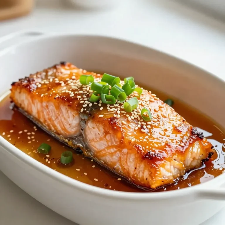 - 4 salmon fillets (approx. 6 ounces each) - 1/4 cup honey - 3 tablespoons low-sodium soy sauce - 4 cloves garlic, finely minced - 1 tablespoon fresh ginger, grated - 1 tablespoon olive oil - Salt and black pepper, to taste - 2 green onions, thinly sliced (for garnish) - Sesame seeds, toasted (for garnish) Salmon is rich in omega-3 fatty acids. This is great for heart health. The honey gives a sweet touch. It balances well with the salty soy sauce. Garlic adds depth and flavor, making it fragrant. Fresh ginger brightens the dish and adds a spicy kick. Low-sodium soy sauce keeps it healthy. It still provides that umami taste we love. Olive oil helps cook the salmon while adding richness. Green onions and sesame seeds add color and crunch. They make the dish visually appealing and tasty. If you're allergic to fish, try chicken or tofu instead. Both absorb flavors well. For the honey, maple syrup is a good choice for a similar sweetness. Use tamari if you need a gluten-free option. You can replace garlic with shallots for a milder flavor. If ginger is not available, ground ginger works too, but use less. Always check for allergies to any ingredient before cooking. This way, you can enjoy the meal safely! {{ingredient_image_2}} To make the marinade, grab a medium bowl. In that bowl, whisk together the honey, low-sodium soy sauce, garlic, and ginger. This mix gives your salmon a sweet and savory flavor. Whisk until the ingredients blend well and the mixture is smooth. This step is key for a great glaze. Next, take your salmon fillets. Place them in a shallow dish. Make sure they sit in a single layer. Pour the marinade over the salmon, coating each fillet well. Cover the dish and put it in the fridge. Let it marinate for at least 30 minutes. If you have more time, let it sit for up to 1 hour. The longer it sits, the better the taste. Now, preheat your oven to 400°F (200°C). This ensures it reaches the right heat while the salmon marinates. In an oven-safe skillet, heat olive oil over medium-high heat. Once the oil shimmers, take the salmon out of the marinade. Place the fillets skin-side down in the skillet. Sear them for about 3-4 minutes. You want the skin crispy and golden. After this, gently flip the salmon using a spatula. Pour the reserved marinade over the top. Transfer the skillet to the oven and bake for 8-10 minutes. The salmon is ready when it flakes easily with a fork. For a nice glaze, switch your oven to broil for the last 2-3 minutes. This step helps caramelize the glaze, making it shiny and tasty. Watch it closely to prevent burning. Once done, remove the skillet from the oven. Garnish your salmon with sliced green onions and toasted sesame seeds. Enjoy your delicious dish! To make salmon just right, focus on the cooking time. Salmon needs about 12 to 14 minutes total. First, sear it for 3 to 4 minutes on medium-high heat. Then, bake it for 8 to 10 minutes. The salmon should flake easily with a fork when it’s done. Use a meat thermometer to check for doneness. The ideal temperature is 145°F (63°C). Marinating is key to great flavor. Use a shallow dish for the salmon fillets. Make sure they are in a single layer. Pour the marinade over them so they are well coated. Allow the salmon to marinate for at least 30 minutes. For a stronger taste, let it marinate for up to 1 hour. Keep it in the fridge during this time. Using the right tools makes cooking easier. You will need an oven-safe skillet for this recipe. A spatula is important for flipping the salmon without breaking it. Use a whisk for mixing the marinade well. A meat thermometer helps check if the salmon is cooked through. Having these tools ready will make your cooking experience smoother and more fun. Pro Tips Marinate Longer for Flavor: Allow the salmon to marinate for up to 1 hour for a more intense and flavorful glaze. Use Fresh Ingredients: Fresh garlic and ginger enhance the overall taste of the dish, making it more aromatic and delicious. Check Salmon Doneness: The salmon is perfectly cooked when it flakes easily with a fork and is opaque in the center. Broil for Extra Caramelization: Broiling for the last few minutes can add a beautiful glaze, but watch closely to prevent burning. {{image_4}} You can easily change the taste of honey garlic glazed salmon. Here are some ideas: - Add citrus juice: Squeeze fresh lemon or lime juice into the marinade. - Use herbs: Add fresh herbs like cilantro or basil for a fresh twist. - Spice it up: Mix in red pepper flakes or chili paste for heat. These tweaks can make this dish even more exciting and fun. Not in the mood for salmon? Try these options: - Chicken breast: Use the same marinade for juicy grilled chicken. - Tofu: Marinate and bake firm tofu for a plant-based option. - Shrimp: Cook shrimp in the same glaze for a quick seafood dish. These proteins soak up the flavors well, making them great substitutes. How you plate your dish can make it more delightful. Here are some fun ideas: - Serve on rice: Place the salmon over fluffy jasmine rice. - Wrap in lettuce: Use large lettuce leaves as a wrap for a fresh bite. - Top with slaw: Add a crunchy slaw for texture and color. These serving methods can elevate your meal and impress your guests. To store leftovers, let the salmon cool down first. Place the salmon in an airtight container. Make sure to keep some of the glaze if you want extra flavor. Leftover salmon will stay fresh in the fridge for up to three days. If you have extra garlic or ginger, you can add them to the glaze for more taste when you reheat. To reheat the salmon, use an oven for the best results. Preheat your oven to 300°F (150°C). Place the salmon on a baking sheet. Drizzle a little extra glaze over it to keep it moist. Heat for about 10-15 minutes, or until it is warm all the way through. You can also use a microwave, but be careful not to overcook it. Heat in short bursts of 30 seconds. If you want to freeze the salmon, do it as soon as it cools. Wrap each fillet tightly in plastic wrap and then in foil. It can stay in the freezer for up to three months. To thaw, move the salmon to the fridge a day before you want to eat it. This slow thawing helps keep its flavor and texture. Always avoid refreezing thawed salmon for best quality. Yes, you can use frozen salmon. Just thaw it in the fridge overnight. This keeps it safe and tasty. Once thawed, follow the same steps to marinate and cook. The flavor will still shine through! You know the salmon is done when it flakes easily with a fork. The flesh should change from translucent to opaque. You can also check the internal temperature; it should reach 145°F (63°C). If you’re unsure, cut a small piece to see. Many sides go well with this dish. Here are a few to try: - Steamed broccoli - Garlic mashed potatoes - Jasmine rice - Quinoa salad - Roasted asparagus These sides bring balance and add color to your plate. Yes, grilling works great! Just preheat your grill to medium-high heat. Marinate the salmon as usual. Place the fillets skin-side down on the grill. Cook for about 5-6 minutes, then flip and grill for another 4-5 minutes. Brush with the marinade for extra flavor. Enjoy that smoky taste! This blog post covered everything about making Honey Garlic Glazed Salmon. We explored the ingredients and shared tips for marinating and cooking it perfectly. You learned about variations and how to store leftovers well. Remember, cooking salmon can be easy and fun with the right methods. Try different flavors and proteins to keep it fresh. Enjoy your cooking journey, and don’t hesitate to get creative!