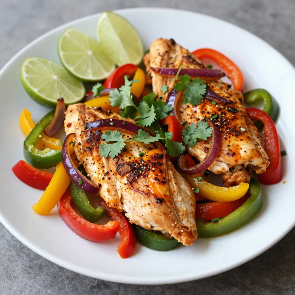 - 4 boneless, skinless chicken breasts - 2 tablespoons olive oil - 2 teaspoons chili powder - 1 teaspoon ground cumin - 1 teaspoon garlic powder - 1 teaspoon onion powder - 1 teaspoon smoked paprika - Sea salt and freshly cracked black pepper, to taste - 1 red bell pepper, thinly sliced - 1 yellow bell pepper, thinly sliced - 1 green bell pepper, thinly sliced - 1 large red onion, thinly sliced - Fresh lime wedges, for serving - Fresh cilantro, roughly chopped, for garnish When measuring your ingredients, precision matters. Use a standard measuring spoon or cup. - Olive oil: 2 tablespoons - Spices: Use teaspoons for dry spices. - Peppers and onion: Slice them thin for even cooking. To make your dish pop, add some fresh lime wedges. A squeeze of lime gives a nice tang. You can also sprinkle chopped cilantro on top for a fresh taste. Both add color and flavor. {{ingredient_image_2}} 1. Preheat your oven to 425°F (220°C). This sets the stage for perfect cooking. 2. Line a large baking sheet with parchment paper. This makes cleanup easy. 3. In a small bowl, mix 2 tablespoons of olive oil with 2 teaspoons of chili powder, 1 teaspoon of ground cumin, 1 teaspoon of garlic powder, 1 teaspoon of onion powder, and 1 teaspoon of smoked paprika. Add sea salt and pepper to taste. Whisk until blended. 4. Take 4 chicken breasts and put them in a big mixing bowl. Pour the marinade over the chicken. Toss until each piece is well coated. 5. Place the marinated chicken on the lined baking sheet. Leave space between each piece for even cooking. 6. Slice 1 red bell pepper, 1 yellow bell pepper, 1 green bell pepper, and 1 large red onion. Scatter these colorful veggies around the chicken on the sheet pan. 7. Drizzle any leftover marinade over the veggies. This adds more flavor to them. 8. Bake in the preheated oven for 25-30 minutes. The chicken should reach 165°F (75°C) and the veggies should be tender. 9. Once done, take the sheet pan out of the oven. Let the chicken rest for 5 minutes to keep it juicy. 10. Slice the chicken into strips. Serve it with the colorful roasted veggies. 11. Add fresh lime wedges for a zesty kick. Sprinkle chopped cilantro on top for a nice finish. This simple process gives you a tasty meal with bright flavors. Enjoy! To keep your chicken juicy, start with fresh, high-quality breasts. Use a meat thermometer to check for doneness. The chicken should reach 165°F (75°C). Let it rest for five minutes after baking. This helps the juices settle inside the meat. Cutting too soon can dry it out. Marinating the chicken is key for flavor and moisture. Mix olive oil with spices like chili powder and cumin. Coat the chicken well, so each piece absorbs the flavors. Let it marinate for at least 30 minutes. For the best taste, marinate overnight in the fridge. Chicken breasts can vary in thickness. Thicker pieces may need more time to cook. If your chicken is very thick, bake for 30 to 35 minutes. For thinner pieces, check for doneness at 25 minutes. Always use a thermometer for the best results. Pro Tips Marinate Longer: For even more flavor, consider marinating the chicken for at least 30 minutes or up to 2 hours in the refrigerator before cooking. Use Fresh Vegetables: Choosing fresh, seasonal vegetables will enhance the flavor and texture of your fajitas, making them even more vibrant. Experiment with Spices: Feel free to adjust the spice levels or add additional spices like cayenne pepper or oregano to customize the flavor profile to your liking. Serve with Toppings: Enhance your fajitas with toppings such as avocado, sour cream, or salsa for a delicious and personalized meal experience. {{image_4}} You can switch the chicken for other proteins. Try using shrimp or beef. For shrimp, cook it for less time. It cooks fast and will stay tender. If you choose beef, use thin strips of flank steak. Adjust the cooking time to ensure it cooks fully but remains juicy. For a tasty vegetarian option, use hearty veggies or plant-based proteins. You can replace the chicken with firm tofu or tempeh. Cut them into bite-sized pieces and marinate just like the chicken. Add mushrooms and zucchini for more texture and flavor. This way, you keep the spirit of fajitas alive without meat. To amp up the flavor, add more spices. Consider including cayenne for heat or smoked paprika for depth. You can also mix in lime zest for a fresh twist. Try adding fresh herbs like oregano or thyme. These little changes make your dish unique and exciting. After your meal, let the fajita chicken cool down. Then, slice the chicken and mix it with the veggies. Transfer everything to an airtight container. Proper storage helps keep the flavors fresh. You can store leftovers in the fridge for up to three days. Make sure the container is sealed tight to avoid drying out. If you want to save some for later, freezing works great. Place the chicken and veggies in a freezer-safe bag. Remove as much air as you can before sealing. Label the bag with the date. You can freeze it for up to three months. When you're ready to eat, just thaw it in the fridge overnight. To reheat, you can use an oven or a microwave. For the oven, preheat it to 350°F (175°C). Place the chicken and veggies on a baking sheet and cover with foil. Heat for about 15-20 minutes, or until warm. If using a microwave, put the food on a microwave-safe plate. Heat in short bursts of 1-2 minutes, stirring in between. Make sure it’s heated all the way through. Enjoy your tasty leftovers! Yes, you can use frozen chicken. However, it is best to thaw it first. Thawing ensures even cooking. This way, the chicken absorbs the marinade well. If you must cook it frozen, add extra time to the baking. Always check the chicken’s internal temp. It should reach 165°F (75°C) for safety. You can serve Sheet Pan Fajita Chicken with many sides. Some great options include: - Warm tortillas for wrapping - Rice or quinoa for a hearty base - Fresh guacamole for creaminess - Salsa for a zesty kick - A simple green salad for crunch Mix and match these sides to make your meal even better! To add more heat to your dish, try these tips: - Use more chili powder in the marinade. - Add sliced jalapeños or serrano peppers. - Serve with a spicy salsa or hot sauce. - Sprinkle crushed red pepper flakes over the veggies. Experiment with these suggestions to find your perfect level of spice! You now have a clear guide on creating delicious Sheet Pan Fajita Chicken. We covered the key ingredients, the step-by-step instructions for cooking, and helpful tips for juicy results. You can also explore tasty variations and easy storage methods. Remember, each step matters in making your dish great. With simple swaps and some creativity, you can make this meal fit your tastes. Embrace the process and enjoy your cooking journey.