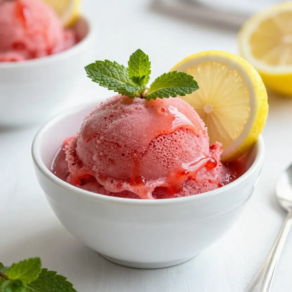 To make the perfect Frozen Strawberry Lemonade Sorbet, you need just a few simple ingredients. Each one plays a key role in creating that refreshing taste. Here’s what you need: - 2 cups fresh strawberries, hulled and halved - 1/2 cup granulated sugar - 1 cup freshly squeezed lemon juice (approx. 4-6 medium-sized lemons) - 1 teaspoon freshly grated lemon zest - 1 1/2 cups water - 1 tablespoon agave syrup (optional, for an extra touch of sweetness) - Fresh mint leaves, for garnish Fresh strawberries give this sorbet its sweet, fruity base. The granulated sugar helps balance the tartness of the lemons. Freshly squeezed lemon juice and zest bring a bright zing. Water helps blend everything smoothly. If you want more sweetness, add agave syrup. Lastly, fresh mint leaves add a lovely touch when you serve. Each ingredient works together to create a sorbet that is both tasty and refreshing. It’s a great way to cool off on a hot day! {{ingredient_image_2}} To start, take 2 cups of fresh strawberries. Hull and halve them. Place the strawberries in a blender. Add 1/2 cup of granulated sugar. Blend until smooth. This makes the strawberry puree. Next, let the puree sit for about 10 minutes. This is called maceration. It helps bring out the strawberry flavors. In a medium saucepan, combine 1 1/2 cups of water, 1 cup of freshly squeezed lemon juice, and 1 teaspoon of lemon zest. If you want, add 1 tablespoon of agave syrup for extra sweetness. Heat this mixture over medium heat. Stir it gently. You want it warm, not boiling. Keep heating until the sugar dissolves. Once the sugar is gone, take it off the heat and let it cool a bit. After cooling, pour the strawberry puree into the lemon mixture. Stir well. You want a nice blend of pink and yellow. Now, pour this mixture into a shallow container. Cover it tightly. This will keep ice crystals from forming. Place it in the freezer. After one hour, take it out. Use a fork to stir the mixture. This breaks up ice crystals. Return it to the freezer. Repeat this process every 30 minutes for 2-3 hours. Your goal is a smooth, firm sorbet. Once it reaches the right texture, it’s ready to serve! To make your frozen strawberry lemonade sorbet creamy, focus on texture. Start by blending your strawberries with sugar until smooth. This step helps break down the fruit and mix in sweetness. After that, let the puree sit for about 10 minutes. This waiting time helps the strawberries release their juices, boosting flavor and texture. When you freeze the mixture, stirring is key. After an hour in the freezer, take it out and use a fork to stir. This breaks up ice crystals that form and keeps the sorbet smooth. Repeat this process every 30 minutes for about 2-3 hours. The more you stir, the creamier your sorbet will be! Plating your sorbet can make a big difference. Serve it in pre-chilled bowls for a fancy touch. This keeps your sorbet cold longer. Use a scoop or spoon to serve generous portions. For added appeal, garnish with fresh mint leaves and a thin slice of lemon. This not only looks great but adds a fresh zing to each bite. You can even add a drizzle of agave syrup on top for an extra sweet touch. Enjoy your refreshing treat! Pro Tips Choose Ripe Strawberries: Select strawberries that are fully ripe for the best flavor; they should be bright red and fragrant. Adjust Sweetness to Taste: Feel free to adjust the amount of sugar or agave syrup based on your preference for sweetness and the natural sweetness of your strawberries. Prevent Ice Crystals: Stirring the mixture every 30 minutes during freezing helps create a smoother sorbet by preventing large ice crystals from forming. Experiment with Flavors: Try adding other fruits such as raspberries or blueberries to create your unique twist on this sorbet recipe! {{image_4}} You can boost the taste of your Frozen Strawberry Lemonade Sorbet by adding other fruits. Mix in blueberries for a berry blast or try peaches for a sweet twist. You can also use citrus fruits like limes or oranges to add a zesty note. These fruits blend well and keep the sorbet refreshing. Substituting different sweeteners is another way to change the flavor. Instead of granulated sugar, use honey or maple syrup. These options add unique tastes and can enhance the overall flavor of your sorbet. Just adjust the amount to keep the right sweetness. For a vegan option, you can easily make this sorbet without any animal products. Use the agave syrup instead of honey. All the other ingredients are already plant-based, so you’re good to go! If you want a low-sugar alternative, try using a sugar substitute like stevia or erythritol. These options can reduce calories while keeping the sorbet tasty. Remember to adjust the amount based on your preferred sweetness. To keep your sorbet fresh, use a shallow container. A metal or glass dish works best. These materials help freeze the sorbet evenly. Cover the container with a tight lid or plastic wrap. This keeps out air and prevents ice crystals from forming. When you put the sorbet in the freezer, keep it away from the door. The door opens often, causing temperature changes. A stable temperature will help maintain the sorbet's smooth texture. If you plan to store your sorbet for a while, consider using an airtight container. This provides extra protection against freezer burn. Frozen strawberry lemonade sorbet lasts about two weeks in the freezer. After two weeks, the quality may drop. You might notice changes in taste and texture. Check for signs that the sorbet has gone bad. If you see large ice crystals or a grainy texture, it’s time to toss it. Also, if the flavor seems off or sour, do not eat it. Always trust your senses; they guide you well in the kitchen. Yes, you can use frozen strawberries. However, they may change the texture. Fresh strawberries give a smoother sorbet. Frozen ones can add extra water, making the sorbet icy. If you use frozen strawberries, blend them straight from the freezer. This way, you keep the sorbet creamy. To adjust sweetness, taste as you mix. If it's too tart, add more sugar or agave syrup. You can also use honey or maple syrup for sweetness. Remember, the sweet and tart balance is key for a great flavor. Yes, you can make sorbet without sugar. Use ripe fruit for natural sweetness. You can also try stevia or monk fruit as sweeteners. Just remember, they may change the taste a bit. Start with a small amount, then adjust to your liking. Leftover sorbet can be fun to use! Try it in smoothies, cocktails, or as a topping on desserts. You can also mix it with yogurt for a quick treat. Create sorbet pops by pouring it into molds. The options are endless! We covered how to make a delicious strawberry lemon sorbet, from fresh ingredients to tips on serving. You learned ways to enhance flavors and texture. Remember to check how long your sorbet lasts in the freezer and store it well. This treat is great for any occasion. I hope you try it out and enjoy every scoop!