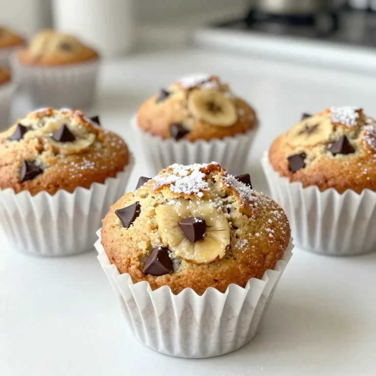- 3 ripe bananas, thoroughly mashed - 1/2 cup granulated sugar - 1/4 cup brown sugar, firmly packed - 1/3 cup melted coconut oil (or substitute with unsalted butter) - 2 large eggs - 1 teaspoon pure vanilla extract - 1 teaspoon baking soda - 1/2 teaspoon fine sea salt - 1 teaspoon ground cinnamon - 1 1/2 cups all-purpose flour - 1 cup semi-sweet chocolate chips - 1/2 cup chopped walnuts or pecans (optional) I love starting with ripe bananas for this recipe. They should have brown spots. These spots show they are sweet and ready to mash. Next, I grab the sugars. I use both granulated and brown sugar. The brown sugar adds a nice caramel flavor. Coconut oil is my go-to fat, but unsalted butter works too. It gives the muffins a rich taste. Eggs help bind everything together. They also add moisture. Vanilla extract adds a touch of warmth and depth. For dry ingredients, I use baking soda to help the muffins rise. Sea salt balances the sweetness. Cinnamon brings a cozy flavor to the mix. I always use all-purpose flour for the best texture. And of course, I can’t forget the star of the show: chocolate chips! They melt into gooey goodness. If I feel fancy, I add chopped nuts for a crunchy surprise. With these ingredients, you will create a delightful treat that everyone will love! {{ingredient_image_2}} - Preheat oven to 350°F (175°C). - Prepare a muffin tin with paper liners or grease it lightly. - In a large bowl, combine the mashed bananas, granulated sugar, brown sugar, and melted coconut oil. - Stir until smooth and well-mixed. - Add the eggs and vanilla extract to the banana mixture. - Whisk until the mixture is smooth and even. - In another bowl, whisk together the baking soda, sea salt, ground cinnamon, and all-purpose flour. - Gradually add the dry mix into the wet mix. - Stir gently until just blended, but don’t overmix. - Carefully fold in the semi-sweet chocolate chips. - If you like, also add the chopped walnuts or pecans. - Use a spoon or small ice cream scoop to fill the muffin tin. - Fill each cup about two-thirds full to allow for rising. - Bake for 18-20 minutes. - Check doneness by inserting a toothpick; it should come out clean or with a few crumbs. - Let the muffins cool in the tin for about 5 minutes. - Then, transfer them to a wire rack to cool completely. - Overmixing Avoidance Techniques: Overmixing makes muffins tough. Mix wet and dry ingredients gently until just combined. The batter should be lumpy, not smooth. This keeps the muffins light and airy. - Ripeness of Bananas: Use very ripe bananas for the best flavor and moisture. The darker the banana, the sweeter it is. Look for bananas with brown spots on the peel. This indicates they are perfect for baking. - Best Storage Practices: Store muffins in an airtight container. Keep them at room temperature for up to three days. For longer storage, place them in the fridge. This helps them last longer without drying out. - How to Reheat for Freshness: Reheat muffins in the microwave for about 15 seconds. This warms them up nicely. You can also use the oven at 350°F for 5 to 7 minutes. This gives them a fresh-baked taste. - Presentation Tips for Serving: Serve muffins warm for the best experience. A light dusting of powdered sugar adds a nice touch. You can also drizzle melted chocolate for extra indulgence. - Pairing Ideas (Drinks, Spreads): Enjoy these muffins with a cup of coffee or tea. They pair well with nut butter or cream cheese. A dollop of yogurt on the side adds a nice contrast. Pro Tips Choose Ripe Bananas: The riper the bananas, the sweeter and more flavorful your muffins will be. Look for bananas with brown spots for the best results. Don't Overmix: To achieve light and fluffy muffins, mix the wet and dry ingredients until just combined. Overmixing can lead to dense muffins. Adjust for Altitude: If you're baking at high altitude, you may need to increase the flour slightly and reduce the sugar to prevent muffins from overflowing. Storage Tips: Store leftover muffins in an airtight container at room temperature for up to 3 days, or freeze them for longer storage. Reheat in the microwave for a warm treat! {{image_4}} If you want to make these muffins nut-free, it's easy! Just skip the walnuts or pecans. Instead, add more chocolate chips. This keeps the muffins rich and sweet. You still get that great chocolate flavor, without any nuts. You can make some changes to make these muffins healthier. - Using Whole Wheat Flour: Swap all-purpose flour for whole wheat flour. This gives more fiber and a nuttier taste. The muffins will still be soft and tasty. - Reducing Sugar: You can cut down on the sugars. Try using 1/3 cup of granulated sugar instead of 1/2 cup. This still keeps the muffins sweet but lowers the sugar content. Make your muffins unique by adding different flavors. - Different Spices or Extracts: Try adding a teaspoon of nutmeg or almond extract. These will add depth to the flavor. - Fruit Alternatives: You can mix in other fruits too. Chopped apples or berries work well. They add freshness and a new twist to your muffins. You can keep your chocolate chip banana bread muffins at room temperature for up to three days. Make sure to store them in an airtight container. This keeps them soft and fresh. If you see any mold, toss them out right away. You should refrigerate the muffins if you want to keep them longer. They last about a week in the fridge. Place them in a sealed bag or container. Cold muffins can be a bit firmer, so let them sit at room temp for a few minutes before eating. To freeze your muffins, wrap each one in plastic wrap. Then, place them in a freezer bag. This method keeps them fresh for up to three months. Make sure to label the bag with the date. To thaw, take them out and leave them at room temperature for a few hours. You can also microwave them for about 15-20 seconds. This warms them up quickly and makes them soft again. Enjoy your muffins any time! Yes, you can use frozen bananas. They work well in muffins. When thawed, frozen bananas become soft and mushy. This makes them easy to mash. The flavor stays sweet and rich. Just be sure to drain any excess liquid before mashing. This keeps the muffins from being too wet. If you want to make these muffins vegan, there are great egg alternatives. You can use unsweetened applesauce. Use 1/4 cup for each egg. Another option is flaxseed meal. Mix 1 tablespoon of flaxseed meal with 2.5 tablespoons of water. Let it sit for 5 minutes. This will create a gel-like texture. Finally, you can try mashed banana. Use 1/4 cup for each egg. It adds flavor too! Making muffins without sugar is easy! You can use ripe bananas for natural sweetness. They add moisture and flavor. You can also use honey or maple syrup. Use 1/2 cup for the sugar in the recipe. Another option is stevia or monk fruit sweetener. These are low-calorie and sweet. Just check the package for conversion ratios. This way, you can enjoy yummy muffins without added sugar! Making these banana muffins is simple and fun. You’ve learned about the key ingredients, easy steps, and helpful tips. Don't forget the variations to try for new flavors. Remember, the right storage ensures your muffins stay fresh. Enjoy baking, and share these treats with friends and family. With this knowledge, you can create delicious muffins perfect for any time! Happy baking!