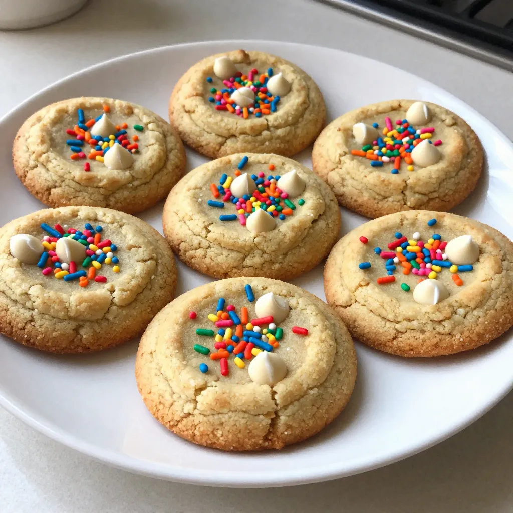 To make Funfetti birthday cake cookies, you need to gather some simple ingredients. Here’s what you will need: - 1 cup unsalted butter, softened - 1 cup granulated sugar - 1 cup light brown sugar - 2 large eggs - 1 teaspoon vanilla extract - 3 cups all-purpose flour - 1 teaspoon baking powder - 1 teaspoon baking soda - 1/2 teaspoon salt - 1 cup rainbow sprinkles - 1 cup white chocolate chips These ingredients create a fun and colorful cookie. The butter makes them soft, while the sugars add sweetness. The eggs help bind everything together. Vanilla gives a nice flavor. Flour is the base of our cookies, while baking powder and baking soda help them rise. The salt balances the sweetness. The rainbow sprinkles add joy and color, perfect for any birthday. Lastly, the white chocolate chips give a creamy touch to each bite. Make sure to use fresh ingredients for the best flavor. Having everything ready will make baking easier and more fun! {{ingredient_image_2}} 1. Preheat the oven to 350°F (175°C). This is the first and most crucial step. 2. In a large bowl, cream the unsalted butter, granulated sugar, and light brown sugar. Mix until the mix is fluffy and smooth. This takes about 2-3 minutes. 3. Add the eggs one by one. Mix well after each addition. Then pour in the vanilla extract and blend until smooth. 1. In another bowl, sift together the all-purpose flour, baking powder, baking soda, and salt. Sifting is key for a light texture. 2. Gradually stir the dry mix into the wet mix. Use a spatula or wooden spoon to combine gently. Do not over-mix this dough; it makes tough cookies. 1. Carefully fold in the rainbow sprinkles and white chocolate chips. Make sure they spread evenly through the dough. 2. Use a cookie scoop or tablespoon to drop rounded balls onto a lined baking sheet. Leave about 2 inches of space between each cookie. 3. Bake the cookies in your preheated oven for 10-12 minutes. The edges will turn golden while the centers may look a bit soft. They will firm up as they cool. 4. After baking, let the cookies rest on the sheet for about 5 minutes. Then, transfer them to a wire rack to cool completely. To keep your Funfetti cookies soft and chewy, do not over-mix the dough. Over-mixing can make the cookies tough. Mix just until the ingredients come together. When measuring flour, use the scoop and level method. Scoop the flour with a spoon into your measuring cup, then level it off with a knife. This method helps avoid packing the flour too tightly. To know when your cookies are done, look for lightly golden edges. The centers may seem soft, but they will firm up as they cool. To get the best texture, let the cookies cool on the baking sheet for about five minutes. After that, move them to a wire rack to cool completely. This step helps them maintain their soft, chewy texture. Serving your Funfetti cookies on a bright platter makes them pop. For fun, add extra sprinkles on top just before serving. This adds color and excitement. You can also use themed sprinkles for special events, like stars for birthdays or hearts for Valentine’s Day. These little touches make your cookies stand out at any celebration. Pro Tips Chill the Dough: For thicker cookies, chill the dough for at least 30 minutes before baking. This helps prevent spreading and gives a chewier texture. Use Fresh Ingredients: Ensure your baking powder and baking soda are fresh for the best rise. Check expiration dates to avoid flat cookies. Customize Sprinkles: Feel free to mix different types of sprinkles or even chocolate chips to match your theme or preference! Monitor Baking Time: Ovens can vary, so keep an eye on the cookies. Remove them when the edges are golden, even if the centers look slightly underbaked. {{image_4}} You can change up the flavor of your Funfetti birthday cake cookies easily. Here are two fun ideas: - Different Types of Chocolate Chips: Try using dark chocolate or milk chocolate chips. These will add a new twist to the cookies. You can even combine them for a mix of flavors! - Substituting Sprinkles with Other Mix-Ins: Instead of rainbow sprinkles, use crushed candies or nuts. This adds a unique touch and surprises everyone with each bite. Have special dietary needs? No problem! Here are some easy swaps: - Gluten-free option using alternative flours: You can use almond flour or a gluten-free blend. Just make sure to adjust the amount since gluten-free flours can differ in density. - Vegan substitutions for butter and eggs: Replace butter with coconut oil or a vegan butter. For eggs, use flax eggs or applesauce. This keeps the cookies tasty without animal products. Make your cookies fit any celebration with these ideas: - Ideas for themed sprinkles for different celebrations: For holidays, use red and green sprinkles for Christmas or pastel sprinkles for Easter. This makes the cookies festive and fun! - Color variations based on holidays or events: You can dye the dough with food coloring. This adds a splash of color and makes your cookies stand out for birthdays or parties. To keep your Funfetti birthday cake cookies fresh, store them in an airtight container. This helps prevent them from drying out. You can also use a cookie jar, but make sure it seals well. A cookie jar lets cookies breathe, but they may lose some moisture. You can freeze the cookie dough for later use! Scoop the dough into balls and place them on a baking sheet. Freeze them for about an hour. Once frozen, transfer the dough balls to a zip-top bag. When you want to bake, simply pull out the dough. Let it thaw in the fridge overnight before baking. For baked cookies, you can also freeze them. Place cooled cookies in a zip-top bag. Thaw them at room temperature for a few hours before enjoying. At room temperature, these cookies stay fresh for about five days. Keep them in an airtight container for best results. Look for signs that cookies have gone bad. If they smell off or have a hard texture, it’s time to toss them. Enjoy your sweet treats while they last! Store your cookies in an airtight container. This keeps them fresh for up to one week. If you want them to last longer, try freezing them. Just make sure to separate layers with parchment paper. Yes, you can make the dough ahead of time! Just wrap it tightly in plastic wrap. You can keep it in the fridge for up to three days. If you want to store it longer, freeze it. Just thaw it in the fridge before baking. You can use dark chocolate chips or milk chocolate chips. If you want a fruity twist, try dried fruit or nuts. These will add a nice crunch and flavor to your cookies. To prevent spreading, chill the dough for at least 30 minutes before baking. Ensure you measure your flour correctly. Too little flour can cause cookies to spread. Finally, don’t skip the baking powder; it helps the cookies rise and stay puffy. You now have a complete guide to making Funfetti birthday cake cookies. You learned about the key ingredients, step-by-step baking instructions, and ways to avoid tough cookies. We also explored variations to suit different tastes, storage tips for freshness, and answered common questions. Baking these cookies is simple and fun. Feel free to personalize them for any event. Whether it’s a birthday or family gathering, these treats will bring joy to everyone. Enjoy your delicious creations!