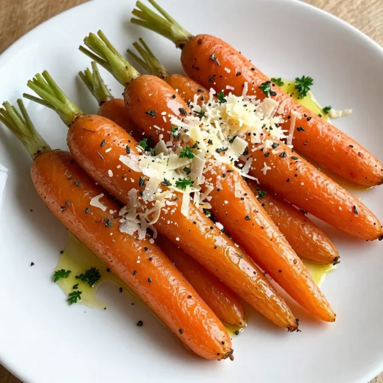 - 1 pound baby carrots, peeled - 2 tablespoons extra virgin olive oil - 1/4 cup freshly grated Parmesan cheese - 2 teaspoons dried thyme - 2 teaspoons dried rosemary - 1 teaspoon garlic powder - Sea salt and freshly cracked black pepper, to taste - Fresh parsley, finely chopped (for garnish) The first step to making Parmesan Herb Roasted Carrots is gathering your ingredients. You need one pound of baby carrots. These are sweet and tender, perfect for roasting. Peel them for a smooth texture. Next, grab two tablespoons of extra virgin olive oil. This oil adds flavor and helps the carrots roast nicely. You will also need a quarter cup of freshly grated Parmesan cheese. This gives the carrots a rich, cheesy taste. The herbs are key, too. Gather two teaspoons each of dried thyme and dried rosemary. These herbs add warmth and depth. One teaspoon of garlic powder brings a savory punch. Finally, have sea salt and freshly cracked black pepper on hand. These will enhance the flavors. For garnish, finely chop some fresh parsley. This adds color and freshness to your dish. Having these ingredients ready makes cooking easier and more fun! {{ingredient_image_2}} Set your oven to 425°F (220°C). Preheating is key for perfect roasting. A hot oven helps the carrots cook quickly and brown nicely. This step makes sure your carrots get that lovely caramelized flavor. In a large bowl, add 1 pound of peeled baby carrots. Drizzle 2 tablespoons of extra virgin olive oil over the top. Toss the carrots well. Make sure each carrot gets a nice coat of oil. This helps them roast evenly and taste great. Now it’s time to add flavor! Sprinkle 1/4 cup of freshly grated Parmesan cheese, 2 teaspoons of dried thyme, 2 teaspoons of dried rosemary, and 1 teaspoon of garlic powder on the carrots. Add sea salt and freshly cracked black pepper to taste. Toss everything again until each carrot is covered in seasoning. Next, line a baking sheet with parchment paper. Spread the seasoned carrots in a single layer. Don’t overcrowd the baking sheet; this helps each carrot roast well. Place the baking sheet in the preheated oven. Roast the carrots for 25 to 30 minutes. Stir them halfway through cooking. This ensures they cook evenly and get that beautiful golden-brown color. Keep an eye on them. You want them tender and nicely caramelized. To make sure your carrots roast well, check for doneness after 25 minutes. They should be tender and golden brown. If you use larger carrots, they may need a bit more time. Avoid overcrowding on the baking sheet. If the carrots sit too close, they will steam instead of roast. Spread them out in a single layer to get that perfect caramelized finish. Try adding fresh herbs like basil or dill for a new twist. These herbs can boost the taste and bring out the flavors of the carrots. A squeeze of lemon juice before serving can brighten the dish. It adds a nice zing that pairs well with the Parmesan. Serve the roasted carrots on a colorful platter to catch the eye. You can arrange them in a fan shape for a fun look. Garnish with finely chopped parsley. This adds a fresh touch and makes the dish more appealing. The green color contrasts nicely with the orange carrots. Pro Tips Quality Carrots: Use fresh, vibrant baby carrots for the best flavor and texture. Look for carrots with a smooth surface and bright color. Cheese Alternatives: If you're looking for a lower-calorie option, try substituting Parmesan with nutritional yeast for a similar cheesy flavor without the dairy. Herb Variations: Feel free to experiment with fresh herbs like dill or basil instead of dried thyme and rosemary for a different flavor profile. Roasting Technique: For extra caramelization, consider giving the carrots a quick broil for the last 2-3 minutes of cooking. Just watch closely to prevent burning! {{image_4}} Adding honey brings a sweet touch to your roasted carrots. Use about one tablespoon of honey for each pound of carrots. Drizzle it over the carrots after tossing them in oil and spices. The honey will caramelize during roasting. This sweetness balances well with garlic flavor. The garlic enhances the dish, making it even more delicious. If you like heat, try adding red pepper flakes. Start with a pinch and increase to suit your taste. Mix the flakes in with the Parmesan and herbs. This adds a nice kick to the dish. You can also adjust the salt and pepper to balance the flavors. Feel free to swap dried herbs for fresh ones. Fresh thyme and rosemary can bring a brighter taste. Simply use three times the amount of fresh herbs as dried. You can also try other cheese options. Gruyère or cheddar can add a different flavor profile. Experiment with what you like best! To keep your roasted carrots fresh, let them cool first. Place them in an airtight container. Glass or plastic containers work well for this. Store them in the fridge for up to five days. Make sure to label the container with the date to track freshness. When you want to enjoy your leftovers, reheating is key to keeping them tasty. The oven is the best choice. Preheat it to 350°F (175°C). Spread the carrots on a baking sheet. Heat them for about 10-15 minutes. This method helps maintain their texture and flavor. You can also use the microwave, but they may lose some crunch. Yes, you can freeze roasted carrots. First, let them cool completely. Then, spread them on a baking sheet in a single layer. Freeze them for about an hour. After that, transfer them to a freezer-safe container or bag. They can last for up to three months in the freezer. To thaw, place them in the fridge overnight, then reheat as described above. Yes, you can use regular carrots. They have a thicker skin and need more prep. You should peel and cut them into smaller pieces. This helps them cook evenly. Cooking time may change. Regular carrots can take a bit longer to roast. Aim for 30 to 35 minutes instead of 25 to 30 minutes. Check for tenderness with a fork. Yes! To make it vegan, swap the Parmesan cheese. Use a plant-based cheese or nutritional yeast. Nutritional yeast adds a cheesy flavor without dairy. For the olive oil, you can stick with it or use avocado oil. Both will give good results. Just make sure to adjust the amount if needed. These roasted carrots last about 3 to 5 days in the fridge. Store them in an airtight container to keep them fresh. Always check for signs of spoilage before eating. Look for any weird smells or slimy texture. If they seem off, it’s best to toss them. Roasting baby carrots is simple and tasty. We covered ingredients, step-by-step instructions, tips, variations, and storage. You can enhance flavor and presentation or adapt the recipe to your tastes. Remember, perfecting the roast brings out the best in these veggies. Whether you stick with Parmesan or try new herbs, you'll enjoy great results. With proper storage, leftovers can last for up to a week in your fridge. Try making these roasted carrots tonight for an easy and delicious side dish!