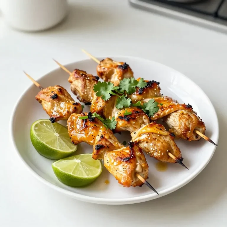 - 500g chicken breast, cut into bite-sized cubes - 1 cup coconut milk - Zest and juice of 2 limes - 2 tablespoons honey - 2 cloves garlic, minced - 1 teaspoon ground ginger - 1 teaspoon salt - 1/2 teaspoon black pepper - Fresh cilantro, chopped, for garnish - Bamboo skewers (soaked in water for 30 minutes) To make Coconut Lime Chicken Skewers, start with fresh chicken breast. Cut it into small cubes. This helps the chicken cook evenly and absorb the marinade well. The coconut milk gives the skewers a rich flavor. The zest and juice of limes add brightness and freshness. Next, we create the marinade. Combine honey, minced garlic, and ground ginger in your mixing bowl. The honey adds a hint of sweetness. The garlic gives a nice punch. The ginger brings warmth and depth. Season the mix with salt and black pepper. These simple seasonings highlight the other flavors. Once mixed, add the chicken. Make sure each piece gets coated well. Cover the bowl and let it sit in the fridge. If you can, marinate overnight. This step ensures the chicken is tender and full of flavor. For grilling, use soaked bamboo skewers. Soaking prevents them from burning on the grill. After marinating, thread the chicken onto the skewers. Leave a little space between each piece. This allows for even cooking and better grill marks. When ready to cook, make sure your grill is hot. This helps to sear the chicken nicely. Grill the skewers for 10 to 12 minutes. Remember to turn them often. Use a meat thermometer to check if they are done. The chicken should reach 75°C (165°F). After grilling, let the skewers rest. This step keeps the chicken juicy. Garnish with fresh cilantro and serve with lime wedges. Enjoy the tropical flavors that will take you to a sunny beach! {{ingredient_image_2}} First, grab a big mixing bowl. Whisk together these ingredients: - 1 cup coconut milk - Zest and juice of 2 limes - 2 tablespoons honey - 2 cloves garlic, minced - 1 teaspoon ground ginger - 1 teaspoon salt - 1/2 teaspoon black pepper Mix until smooth and well blended. This marinade adds rich flavor to the chicken. The lime gives a nice zing, while the honey balances it with sweetness. Next, cut 500g of chicken breast into bite-sized cubes. Add these cubes to your marinade. Stir gently until all chicken pieces are covered. Cover the bowl tightly with plastic wrap. Place it in the fridge. Let it marinate for at least 1 hour. For the best flavor, let it sit overnight. This step is key for making your chicken juicy and tasty. When you're ready to cook, preheat your grill to medium-high heat. Soak bamboo skewers in water for 30 minutes to prevent burning. Once the grill is hot, thread the marinated chicken onto the skewers. Leave a little space between pieces for even cooking. Grill the skewers for 10-12 minutes. Turn them every few minutes. This helps achieve a nice char and ensures the chicken is cooked through. Use a meat thermometer. Make sure the chicken reaches an internal temperature of 75°C (165°F). After grilling, take the skewers off the heat. Let them rest for a few minutes. This helps keep the chicken juicy. Serve with fresh cilantro and lime wedges for a burst of flavor! For the best flavor and tenderness, marinate the chicken for at least 1 hour. I recommend marinating overnight if you can. This allows the chicken to soak up all the yummy flavors from the coconut milk and lime. The longer it sits, the more it will taste like a tropical dream. To get perfect grill marks, preheat your grill to medium-high heat. Make sure it’s hot before adding the skewers. Grill the chicken for about 10-12 minutes. Turn them every few minutes for even cooking. Use a meat thermometer to check if the chicken reaches 75°C (165°F). After grilling, let the chicken rest for a few minutes. This helps keep it juicy and tasty. When serving, arrange the skewers on a bright platter. Add lime wedges around them for a pop of color. A sprinkle of fresh cilantro on top makes it look fancy. You can also serve it with coconut rice or a fresh salad. This adds a nice touch and balances the tropical flavors. Pro Tips Marinate Longer for Better Flavor: For the best results, allow the chicken to marinate overnight. This extra time allows the flavors to deeply penetrate the meat, resulting in a more flavorful dish. Preheat Your Grill: Always preheat your grill to medium-high heat before adding the skewers. This ensures a nice sear and helps lock in the juices, keeping the chicken tender and juicy. Use a Meat Thermometer: To ensure your chicken is perfectly cooked, use a meat thermometer to check the internal temperature. It should reach 75°C (165°F) for safe consumption. Presentation Matters: Arrange your skewers on a vibrant platter and garnish with fresh cilantro and lime wedges. Not only does it look appealing, but it also enhances the overall dining experience. {{image_4}} You can play with the main ingredients for Coconut Lime Chicken Skewers. If you want a leaner option, try turkey breast. It also picks up the marinade well. For a vegetarian twist, use firm tofu or tempeh. Both soak up flavors nicely. You can also try different marinades. For example, use yogurt instead of coconut milk for a tangy taste. Honey can be swapped with maple syrup for a vegan option. While grilling gives a smoky flavor, you can still enjoy these skewers in other ways. If you don’t have a grill, bake them in the oven. Preheat your oven to 200°C (400°F). Place skewers on a baking sheet lined with parchment paper. Bake for 15-20 minutes, turning halfway. You’ll get juicy skewers without the grill. You can also pan-sear them in a skillet. Just add a bit of oil and cook on medium heat, turning until golden. Want to spice things up? Add a dash of cayenne pepper for heat. You can also mix in some smoked paprika for a deeper flavor. Fresh herbs like basil or mint can add a fresh twist. For a tangy kick, consider adding a splash of fish sauce or soy sauce to the marinade. This enhances the umami taste and makes the chicken more savory. Don't hesitate to experiment with your favorite flavors! To keep your Coconut Lime Chicken Skewers fresh, store them properly. First, let the skewers cool down to room temperature. Next, place them in an airtight container or wrap them tightly in plastic wrap. You can refrigerate the skewers for up to three days. If you want to save them longer, freeze them. Wrap each skewer in plastic wrap, then place them in a freezer bag. They can last for about three months in the freezer. To reheat the skewers, avoid drying them out. The best method is to use the oven. Preheat the oven to 180°C (350°F). Place the skewers on a baking sheet and cover them with foil. Heat for about 10-15 minutes or until warm. You can also use a microwave. Just place the skewers on a microwave-safe plate and cover with a damp paper towel. Heat in short bursts of 30 seconds, checking to see if they are warm. Marinated chicken can last in the fridge for up to two days before cooking. Once cooked, the Coconut Lime Chicken Skewers can stay fresh in the fridge for about three days. Always check for any off smells or changes in color before eating. If stored properly, these skewers make a great meal for later! You can serve many tasty sides with these skewers. Here are some great ideas: - Fluffy coconut rice - Crisp green salad - Grilled vegetables - Quinoa with lime and cilantro - Fresh fruit salad These sides enhance the tropical flavors and add freshness. They make the meal more fun and colorful. Yes, you can! These skewers work well with other proteins. Here are a few options: - Shrimp: Marinate and grill them for a quick cooking time. - Tofu: Use firm or extra-firm tofu for a tasty plant-based option. - Pork: Cubed pork tenderloin can soak up the marinade well. Feel free to be creative. Each protein has its own unique flavor and texture. To check if the chicken is done, use a meat thermometer. The internal temperature should reach 75°C (165°F). You can also look for these signs: - The chicken should be firm to the touch. - The juices should run clear, not pink. These tips help ensure your skewers are safe and delicious. Enjoy your flavorful grilled delight! In this post, we covered how to make Coconut Lime Chicken Skewers. You learned about the key ingredients, marinade, and grilling steps. I shared tips for flavor, presentation, and how to store leftovers. Remember, marinating adds great taste and tenderness. You can also swap ingredients or try different cooking methods. Make these skewers your own with your favorite sides. Enjoy the grilling process and the delicious results!