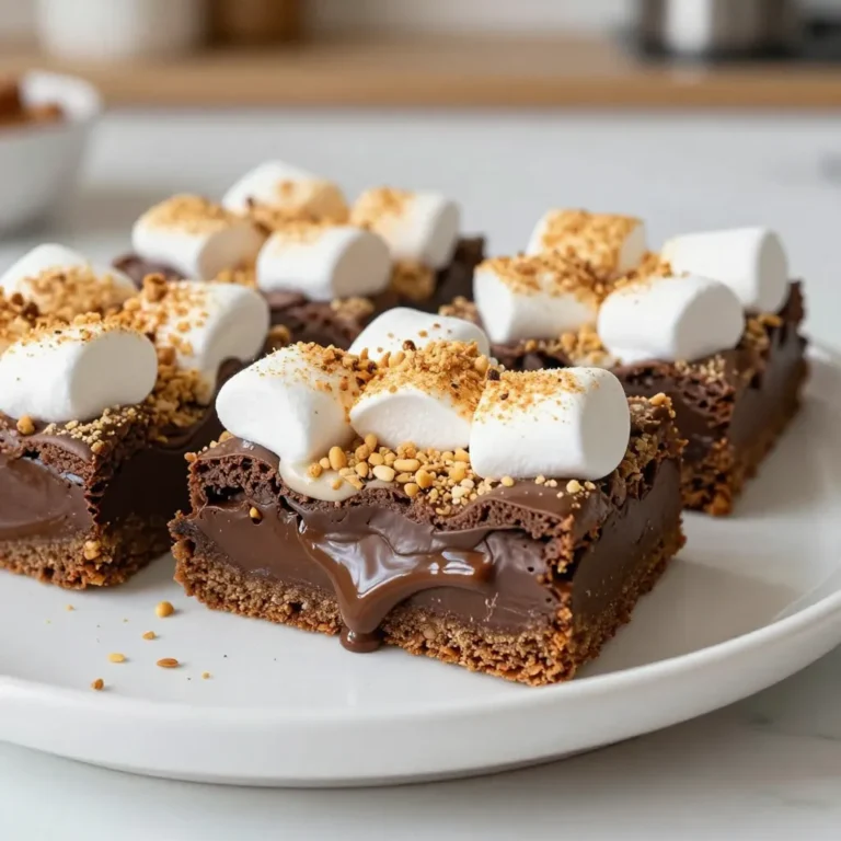 To make S’mores Brownie Bars, you need fresh and tasty ingredients. Here’s what you’ll need: - 1/2 cup unsalted butter, melted - 1 cup granulated sugar - 2 large eggs - 1 teaspoon pure vanilla extract - 1/3 cup unsweetened cocoa powder - 1 cup all-purpose flour - 1/4 teaspoon fine sea salt - 1 cup mini marshmallows - 1/2 cup semi-sweet chocolate chips - 1/2 cup crushed graham crackers (plus extra for topping) - 1/2 cup milk chocolate bar, broken into bite-sized pieces These ingredients make the bars rich and sweet. The butter gives a soft texture, while sugar adds sweetness. Eggs help bind everything together. Cocoa powder brings that chocolate flavor that everyone loves. The flour keeps the bars firm, and the salt balances the sweetness. Mini marshmallows add a chewy texture, and chocolate chips bring extra chocolatey goodness. Crushed graham crackers give that classic s’mores crunch. Finally, the milk chocolate pieces melt beautifully on top. Now you’re ready to gather these ingredients and start your S’mores Brownie Bars adventure! {{ingredient_image_2}} First, preheat your oven to 350°F (175°C). Grab a 9x9 inch baking pan. You can grease it with butter or line it with parchment paper. This will help your brownies come out clean and easy. In a large bowl, mix the melted butter and the granulated sugar. Stir until it is smooth. Next, add the two large eggs, one at a time. Mix well after each egg. Finally, stir in the vanilla extract until combined. In another bowl, whisk together the cocoa powder, flour, and sea salt. Make sure they are mixed well. Now, fold this dry mix into your wet mixture. Do this gently to keep the brownies soft. Now comes the fun part! Gently fold in the mini marshmallows, chocolate chips, and crushed graham crackers. Make sure they spread evenly in the batter. This is what makes it a true s’mores treat. Pour the batter into the prepared pan. Use a spatula to spread it out evenly. Press the milk chocolate pieces into the surface of the batter, letting them sink a bit. Bake in the oven for 25 to 30 minutes. To check if they are done, stick a toothpick in the center. It should come out with a few moist crumbs. After baking, let the brownies cool in the pan for about 15 minutes. Then, sprinkle more crushed graham crackers and marshmallows on top. For an extra treat, broil it for 1-2 minutes. Keep an eye on it to avoid burning. Let the bars cool completely before cutting them. This makes slicing easier. Enjoy your tasty s’mores brownie bars! To get the best texture for your s'mores brownie bars, pay close attention when mixing. Mix the wet ingredients until smooth but do not overmix. When folding in dry ingredients, stop as soon as you see no more flour. This keeps your bars soft and chewy. The mini marshmallows and chocolate chips add a great texture contrast, so distribute them evenly in the batter. If you need to switch up some ingredients, here are a few easy swaps: - Use coconut oil instead of butter for a dairy-free option. - Try brown sugar instead of granulated sugar for a richer taste. - Use almond flour if you prefer a gluten-free version. Just remember to adjust the amount to ensure the right consistency. - For a fun twist, swap the semi-sweet chocolate chips with white chocolate or butterscotch chips. Serve your s'mores brownie bars warm for a gooey treat. Place them on a rustic wooden platter for a campfire feel. You can garnish with whole graham crackers and fluffy marshmallows around the edges. Drizzle some chocolate sauce on top for extra sweetness. These bars are perfect for camping trips or backyard hangouts. Enjoy them with friends and family! Pro Tips Storage Tips: Keep your S'mores Brownie Bars in an airtight container at room temperature for up to 3 days, or refrigerate for up to a week to maintain freshness. Mix-Ins Variation: Feel free to customize your brownie bars by adding nuts like walnuts or pecans for extra crunch and flavor! Serving Suggestion: Serve these brownie bars warm with a scoop of vanilla ice cream on top for an indulgent dessert experience. Toasting Marshmallows: For a campfire flavor, toast the marshmallows on top using a kitchen torch before serving to achieve that classic s'mores taste. {{image_4}} You can add a nutty twist to your s’mores brownie bars. Chopping nuts adds great flavor. Walnuts or pecans work well. Just mix in half a cup with the other goodies. The nuts give a nice crunch and extra taste. If you need a gluten-free version, swap regular flour for almond flour or a gluten-free blend. This change keeps the brownies moist and tasty. Make sure your chocolate chips and graham crackers are also gluten-free. For a rich flavor, try adding peanut butter. Mix in half a cup of creamy peanut butter to the wet ingredients. It adds a great taste and pairs well with chocolate. You can also drizzle some on top before baking for a fun design. To keep your S’mores Brownie Bars fresh, store them in an airtight container. Layer parchment paper between bars to prevent sticking. Keep the container at room temperature for up to three days. If you want to keep them longer, refrigeration is an option. Just remember, cold storage can affect the texture. If you want to enjoy a warm brownie bar, simply reheat them in the microwave. Place a bar on a microwave-safe plate and heat for about 10-15 seconds. Check regularly to avoid overheating. This quick method makes the chocolate melt again and gives a gooey experience. You can freeze these treats for up to three months. First, cut the brownie bars into squares. Wrap each square in plastic wrap, then place them in a freezer bag. When ready to eat, thaw them in the fridge overnight. You can also reheat them after thawing for a warm treat. Yes, you can use dark chocolate or white chocolate. Each type gives a unique taste. Dark chocolate adds richness, while white chocolate adds sweetness. Feel free to mix and match! Store leftovers in an airtight container. Keep them at room temperature for up to three days. For longer storage, place them in the fridge. Just make sure they are sealed well to keep them moist. Yes! You can make these brownie bars a day ahead. Just bake, cool, and store them as I mentioned above. They taste great the next day, too! You can use unsweetened applesauce or mashed bananas. Use 1/4 cup for each egg you replace. This will help keep your brownies moist and tasty! This blog post walks you through making tasty s’mores brownie bars. We covered ingredients, steps, and tips for perfect bars. You learned about fun variations and how to store leftovers. Remember, these brownie bars are not just a treat; they bring joy. Enjoy the process, share them with friends, and have fun! I hope you create these treats often and explore new flavors. Happy baking!