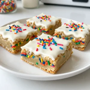 To make funfetti sugar cookie bars, you need some simple ingredients. Each one plays a key role in creating the perfect treat. Here&rsquo;s the list of what you&rsquo;ll need: - 2 &frac12; cups all-purpose flour - 1 teaspoon baking powder - &frac12; teaspoon baking soda - &frac12; teaspoon salt - &frac34; cup unsalted butter, softened to room temperature - 1 cup granulated sugar - &frac12; cup brown sugar, packed tightly - 2 large eggs, at room temperature - 2 teaspoons pure vanilla extract - &frac12; cup rainbow sprinkles (plus extra for topping) - 1 cup royal icing or cream cheese frosting (optional for topping) Each ingredient adds flavor, texture, and fun. The flour gives the bars structure. Baking powder and baking soda help them rise. Salt enhances the sweetness. Butter creates a rich taste and soft texture. The sugars add sweetness and moisture. Eggs bind everything together. Vanilla adds a warm flavor. Rainbow sprinkles bring joy and color. Frosting is optional but makes your bars extra special! {{ingredient_image_2}} - Preheat oven to 350&deg;F (175&deg;C). - Prepare the baking pan with parchment paper. Start by preheating your oven. This ensures even baking. Next, grab a 9x13 inch baking pan. Line it with parchment paper. Leave some paper hanging over the sides. This will help you lift the bars out later. - Combine flour, baking powder, baking soda, and salt. In a medium bowl, mix all-purpose flour, baking powder, baking soda, and salt. Use a whisk to blend everything well. Set this bowl aside while you work on the wet ingredients. - Beat butter and sugars until light and fluffy. In a larger bowl, take softened unsalted butter. Add granulated sugar and brown sugar. Use a hand mixer to beat this mixture until it&rsquo;s light and fluffy. This step takes about 2-3 minutes. The fluffiness makes your bars soft and chewy. - Add eggs one at a time. - Mix in vanilla extract. Now, crack the eggs into the butter-sugar mix. Add them one at a time. Make sure each egg is mixed in well before adding the next. Then, pour in the pure vanilla extract. This adds a lovely flavor to your bars. - Gradually mix dry ingredients into wet. Take the bowl with your dry ingredients. Gradually mix it into the wet ingredients. Do this at low speed with your mixer. Stop mixing when everything is just combined. Overmixing can make your bars tough. - Fold in rainbow sprinkles. - Pour batter into prepared pan. Now for the fun part! Carefully fold in the rainbow sprinkles. Use a spatula or wooden spoon to mix them in evenly. Then, pour the batter into your lined baking pan. Use a spatula to spread it out evenly. - Bake and check for doneness. - Cool on wire rack. Bake the cookie bars in your preheated oven. Check them after about 20 minutes. They should be lightly golden on the edges. Insert a toothpick into the center. If it comes out clean, they are done! Remove them from the oven and let them cool for about 10 minutes in the pan. Then, lift them out using the parchment paper and let them cool completely on a wire rack. - Apply frosting and extra sprinkles. - Cut into bars for serving. Once the bars are cool, it&rsquo;s time to frost. Spread royal icing or cream cheese frosting on top. For extra fun, add more rainbow sprinkles on the frosting. Finally, use a sharp knife to cut the bars into squares or rectangles. Enjoy your sweet treats! For the best cookie bars, start with mixing the butter and sugars well. Use a hand mixer or stand mixer to beat them until fluffy. This step adds air, making the bars soft and chewy. When adding the eggs, do it one at a time. This helps mix well. Avoid overmixing once you add the dry ingredients. Mix just until everything is combined. This keeps your bars from being tough. If you see any flour pockets, gently fold the batter with a spatula. To kick up the flavor, you can add a splash of almond extract. It gives a sweet, nutty flavor that pairs well with the cookie. You can also try adding lemon zest for a bright twist. Both options bring a fun change to the classic funfetti taste. For serving, arrange the cookie bars on a colorful platter. Stack them slightly to create a fun display. This adds height and makes them eye-catching. Don&rsquo;t forget to sprinkle extra rainbow sprinkles on top. It adds a joyful touch that everyone loves. Pro Tips Butter Temperature: Ensure your butter is softened to room temperature for optimal creaming with the sugars, which will help achieve that light and fluffy texture. Don&rsquo;t Overmix: When combining the dry ingredients with the wet, mix just until incorporated. Overmixing can lead to tough cookie bars. Cooling Time: Allow the cookie bars to cool completely before frosting. This prevents the frosting from melting and ensures a beautiful finish. Sprinkle Management: For an extra pop of color, reserve some sprinkles to add on top after frosting. This keeps them vibrant and prevents them from bleeding into the batter. {{image_4}} You can easily change the flavor of your Funfetti sugar cookie bars. Adding lemon zest gives a bright, fresh taste. Just a teaspoon will do! If you prefer a nutty flavor, try almond extract instead of vanilla. It adds a lovely twist. You can also play with the sprinkles. Use chocolate or seasonal sprinkles for fun themes. Frosting can make your cookie bars even more special. Instead of royal icing or cream cheese, try chocolate ganache. It&rsquo;s rich and smooth, perfect for chocolate lovers. Whipped cream is another great choice. It&rsquo;s light and airy, adding a nice touch. You can also serve them plain for a simpler treat. If you need gluten-free options, use a gluten-free flour blend. This works well without changing the taste much. For a vegan version, swap eggs for flax eggs. Use plant-based butter and dairy-free frosting. These changes keep the fun while meeting your dietary needs. You can store your Funfetti sugar cookie bars in two ways: at room temperature or in the fridge. - Room Temperature: Keep them in an airtight container. This works well if you plan to eat them in a few days. - Refrigerator: Place them in the fridge if you want them to last longer. The cold keeps them fresh, but they may get a bit firmer. Freezing cookie bars is easy. Here&rsquo;s how: 1. Cool Completely: Let the bars cool down fully after baking. 2. Cut Bars: Slice the bars into squares or rectangles. 3. Wrap: Wrap each piece in plastic wrap tightly. 4. Place in Bag: Put the wrapped bars in a freezer bag. Try to remove as much air as you can. 5. Label: Mark the date on the bag for reference. 6. Freeze: Store them in the freezer for up to three months. Thawing: To thaw, take out the bars and leave them at room temperature for about 30 minutes. You can also heat them in the microwave for a few seconds. When stored properly, the cookie bars can last: - At Room Temperature: About 4-5 days. - In the Refrigerator: Up to a week. - In the Freezer: Up to three months. Enjoy the sweet treats whenever you want! Yes, you can make these cookie bars ahead of time. Bake them and let them cool completely. Then, wrap them tightly in plastic wrap or store them in an airtight container. They will stay fresh for up to three days at room temperature. You can also freeze them for longer storage. You can tell the cookie bars are done when the edges turn lightly golden. Insert a toothpick in the center; if it comes out clean, they are ready. Make sure not to overbake them, or they may become dry. If you don't have rainbow sprinkles, you can use mini chocolate chips or chopped nuts. You can also use themed sprinkles for holidays or special events. The key is to keep the fun and color in your cookie bars. Yes, you can use a different size pan. If you use a smaller pan, the bars may take longer to bake. If you use a larger pan, they may bake faster. Keep an eye on them while they bake. If your cookie bars are crumbly, you may have overmixed the batter or used too much flour. To fix this, try adding a little melted butter to the mixture. This will help bind the ingredients together better. You now have all the steps to make delicious cookie bars. Remember the key ingredients: flour, sugar, eggs, and sprinkles. The process is simple, from mixing to baking. Experiment with flavors and toppings to make it your own. Store them right to keep your treats fresh. With these tips, you&rsquo;ll bake perfect cookie bars every time. So gather your ingredients, and start baking today!