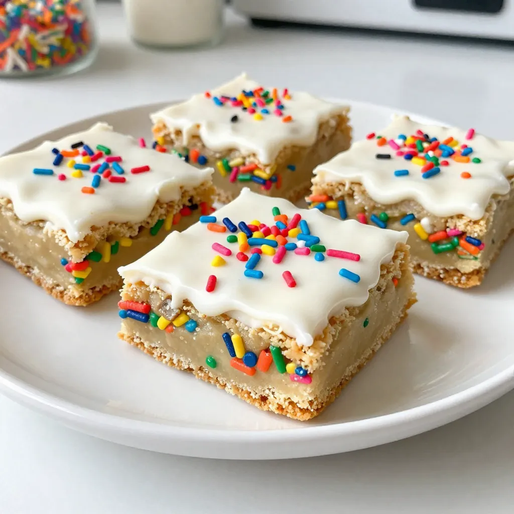 To make funfetti sugar cookie bars, you need some simple ingredients. Each one plays a key role in creating the perfect treat. Here’s the list of what you’ll need: - 2 ½ cups all-purpose flour - 1 teaspoon baking powder - ½ teaspoon baking soda - ½ teaspoon salt - ¾ cup unsalted butter, softened to room temperature - 1 cup granulated sugar - ½ cup brown sugar, packed tightly - 2 large eggs, at room temperature - 2 teaspoons pure vanilla extract - ½ cup rainbow sprinkles (plus extra for topping) - 1 cup royal icing or cream cheese frosting (optional for topping) Each ingredient adds flavor, texture, and fun. The flour gives the bars structure. Baking powder and baking soda help them rise. Salt enhances the sweetness. Butter creates a rich taste and soft texture. The sugars add sweetness and moisture. Eggs bind everything together. Vanilla adds a warm flavor. Rainbow sprinkles bring joy and color. Frosting is optional but makes your bars extra special! {{ingredient_image_2}} - Preheat oven to 350°F (175°C). - Prepare the baking pan with parchment paper. Start by preheating your oven. This ensures even baking. Next, grab a 9x13 inch baking pan. Line it with parchment paper. Leave some paper hanging over the sides. This will help you lift the bars out later. - Combine flour, baking powder, baking soda, and salt. In a medium bowl, mix all-purpose flour, baking powder, baking soda, and salt. Use a whisk to blend everything well. Set this bowl aside while you work on the wet ingredients. - Beat butter and sugars until light and fluffy. In a larger bowl, take softened unsalted butter. Add granulated sugar and brown sugar. Use a hand mixer to beat this mixture until it’s light and fluffy. This step takes about 2-3 minutes. The fluffiness makes your bars soft and chewy. - Add eggs one at a time. - Mix in vanilla extract. Now, crack the eggs into the butter-sugar mix. Add them one at a time. Make sure each egg is mixed in well before adding the next. Then, pour in the pure vanilla extract. This adds a lovely flavor to your bars. - Gradually mix dry ingredients into wet. Take the bowl with your dry ingredients. Gradually mix it into the wet ingredients. Do this at low speed with your mixer. Stop mixing when everything is just combined. Overmixing can make your bars tough. - Fold in rainbow sprinkles. - Pour batter into prepared pan. Now for the fun part! Carefully fold in the rainbow sprinkles. Use a spatula or wooden spoon to mix them in evenly. Then, pour the batter into your lined baking pan. Use a spatula to spread it out evenly. - Bake and check for doneness. - Cool on wire rack. Bake the cookie bars in your preheated oven. Check them after about 20 minutes. They should be lightly golden on the edges. Insert a toothpick into the center. If it comes out clean, they are done! Remove them from the oven and let them cool for about 10 minutes in the pan. Then, lift them out using the parchment paper and let them cool completely on a wire rack. - Apply frosting and extra sprinkles. - Cut into bars for serving. Once the bars are cool, it’s time to frost. Spread royal icing or cream cheese frosting on top. For extra fun, add more rainbow sprinkles on the frosting. Finally, use a sharp knife to cut the bars into squares or rectangles. Enjoy your sweet treats! For the best cookie bars, start with mixing the butter and sugars well. Use a hand mixer or stand mixer to beat them until fluffy. This step adds air, making the bars soft and chewy. When adding the eggs, do it one at a time. This helps mix well. Avoid overmixing once you add the dry ingredients. Mix just until everything is combined. This keeps your bars from being tough. If you see any flour pockets, gently fold the batter with a spatula. To kick up the flavor, you can add a splash of almond extract. It gives a sweet, nutty flavor that pairs well with the cookie. You can also try adding lemon zest for a bright twist. Both options bring a fun change to the classic funfetti taste. For serving, arrange the cookie bars on a colorful platter. Stack them slightly to create a fun display. This adds height and makes them eye-catching. Don’t forget to sprinkle extra rainbow sprinkles on top. It adds a joyful touch that everyone loves. Pro Tips Butter Temperature: Ensure your butter is softened to room temperature for optimal creaming with the sugars, which will help achieve that light and fluffy texture. Don’t Overmix: When combining the dry ingredients with the wet, mix just until incorporated. Overmixing can lead to tough cookie bars. Cooling Time: Allow the cookie bars to cool completely before frosting. This prevents the frosting from melting and ensures a beautiful finish. Sprinkle Management: For an extra pop of color, reserve some sprinkles to add on top after frosting. This keeps them vibrant and prevents them from bleeding into the batter. {{image_4}} You can easily change the flavor of your Funfetti sugar cookie bars. Adding lemon zest gives a bright, fresh taste. Just a teaspoon will do! If you prefer a nutty flavor, try almond extract instead of vanilla. It adds a lovely twist. You can also play with the sprinkles. Use chocolate or seasonal sprinkles for fun themes. Frosting can make your cookie bars even more special. Instead of royal icing or cream cheese, try chocolate ganache. It’s rich and smooth, perfect for chocolate lovers. Whipped cream is another great choice. It’s light and airy, adding a nice touch. You can also serve them plain for a simpler treat. If you need gluten-free options, use a gluten-free flour blend. This works well without changing the taste much. For a vegan version, swap eggs for flax eggs. Use plant-based butter and dairy-free frosting. These changes keep the fun while meeting your dietary needs. You can store your Funfetti sugar cookie bars in two ways: at room temperature or in the fridge. - Room Temperature: Keep them in an airtight container. This works well if you plan to eat them in a few days. - Refrigerator: Place them in the fridge if you want them to last longer. The cold keeps them fresh, but they may get a bit firmer. Freezing cookie bars is easy. Here’s how: 1. Cool Completely: Let the bars cool down fully after baking. 2. Cut Bars: Slice the bars into squares or rectangles. 3. Wrap: Wrap each piece in plastic wrap tightly. 4. Place in Bag: Put the wrapped bars in a freezer bag. Try to remove as much air as you can. 5. Label: Mark the date on the bag for reference. 6. Freeze: Store them in the freezer for up to three months. Thawing: To thaw, take out the bars and leave them at room temperature for about 30 minutes. You can also heat them in the microwave for a few seconds. When stored properly, the cookie bars can last: - At Room Temperature: About 4-5 days. - In the Refrigerator: Up to a week. - In the Freezer: Up to three months. Enjoy the sweet treats whenever you want! Yes, you can make these cookie bars ahead of time. Bake them and let them cool completely. Then, wrap them tightly in plastic wrap or store them in an airtight container. They will stay fresh for up to three days at room temperature. You can also freeze them for longer storage. You can tell the cookie bars are done when the edges turn lightly golden. Insert a toothpick in the center; if it comes out clean, they are ready. Make sure not to overbake them, or they may become dry. If you don't have rainbow sprinkles, you can use mini chocolate chips or chopped nuts. You can also use themed sprinkles for holidays or special events. The key is to keep the fun and color in your cookie bars. Yes, you can use a different size pan. If you use a smaller pan, the bars may take longer to bake. If you use a larger pan, they may bake faster. Keep an eye on them while they bake. If your cookie bars are crumbly, you may have overmixed the batter or used too much flour. To fix this, try adding a little melted butter to the mixture. This will help bind the ingredients together better. You now have all the steps to make delicious cookie bars. Remember the key ingredients: flour, sugar, eggs, and sprinkles. The process is simple, from mixing to baking. Experiment with flavors and toppings to make it your own. Store them right to keep your treats fresh. With these tips, you’ll bake perfect cookie bars every time. So gather your ingredients, and start baking today!