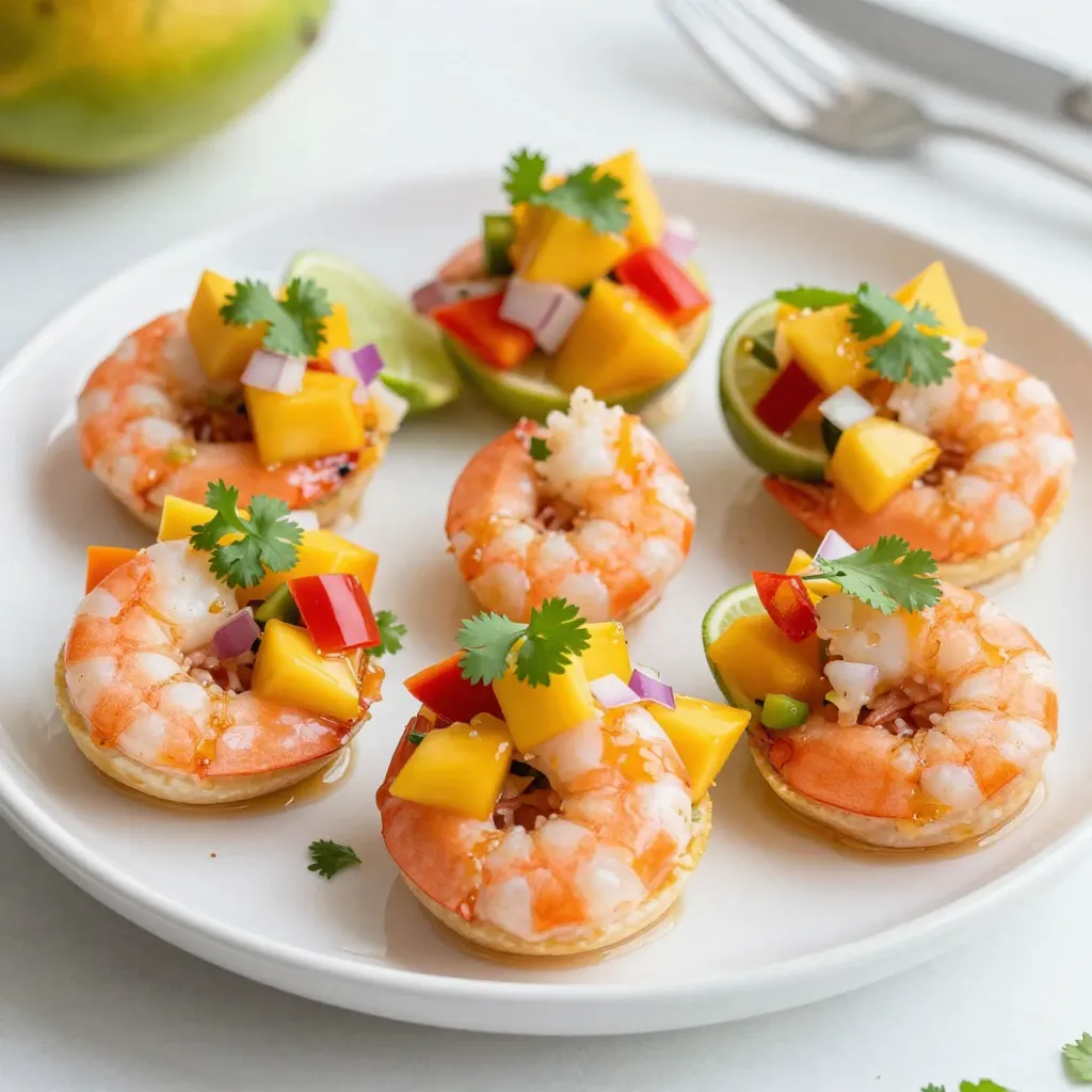 - 1 pound large shrimp, peeled and deveined - 1 ripe mango, diced into small cubes - 1/2 red bell pepper, finely diced - 1/4 red onion, finely chopped - 1 fresh jalapeño, deseeded and minced - 2 tablespoons freshly squeezed lime juice - 1 tablespoon honey (adjust for sweetness preference) - 2 tablespoons fresh cilantro, finely chopped - Salt and pepper to taste - 12 small tortilla cups (store-bought or homemade) - Olive oil for cooking You can swap the shrimp for crab or scallops. If you want less heat, skip the jalapeño. For a sweeter kick, add diced pineapple. You can also use lemon juice instead of lime. - Medium mixing bowl for salsa - Small bowl for dressing - Whisk for mixing - Skillet for cooking shrimp - Spatula for turning shrimp - Serving platter for presentation {{ingredient_image_2}} First, grab a medium bowl. Add the diced mango, red bell pepper, chopped red onion, and minced jalapeño. Mix gently until everything is combined. This salsa brings a fresh and zesty taste to the shrimp cups. Let it sit. This helps the flavors blend well together. Next, take a smaller bowl. Whisk the lime juice, honey, and chopped cilantro until mixed well. Pour this dressing over the mango salsa. Toss gently to coat all the pieces. Add salt and pepper to taste. This dressing adds a sweet and tangy kick. Now, heat a drizzle of olive oil in a skillet over medium heat. When the oil shimmers, add the shrimp in a single layer. Make sure not to overcrowd the pan. Season with salt and pepper. Cook for about 2-3 minutes on each side. The shrimp should turn pink and opaque. Remove from heat and let them cool a bit. Take your tortilla cups. Fill each one with a few cooked shrimp pieces. Top them generously with the mango salsa. Make sure each cup is full of flavor. This is where you get that beautiful mix of shrimp and salsa. Arrange the filled shrimp cups on a platter. This makes for a fun and eye-catching display. You can garnish with extra cilantro or lime wedges for more color. Enjoy these cups right away for the best taste! To cook shrimp just right, choose fresh shrimp. Look for ones that smell clean. Peel and devein them before cooking. Heat olive oil in your skillet until it shimmers. Cook the shrimp in a single layer. This helps them cook evenly. Season with salt and pepper. Cook for about 2-3 minutes on each side. They should turn pink and opaque. If they curl up, they are done! You can boost the flavor of your mango salsa shrimp cups. Try adding lime zest for extra zing. A little garlic can bring depth to your shrimp. For a sweet touch, add more honey to the salsa. You can also mix in diced avocado for creaminess. If you want it spicier, add more jalapeño or even some hot sauce. Each tweak can create a new taste experience! Presentation makes food more exciting. Arrange the shrimp cups on a bright platter. Garnish with extra cilantro leaves. This adds color and freshness. You can add lime wedges around the cups. This invites guests to squeeze fresh juice on top. For a fun twist, use colorful tortilla cups. They will make each bite a visual treat. Remember, we eat with our eyes first! Pro Tips Fresh Ingredients: Use the ripest mango you can find for the best flavor. A ripe mango will be fragrant and slightly soft to the touch. Customize the Heat: Adjust the amount of jalapeño to your spice preference. For a milder salsa, remove the seeds and membranes. Perfectly Cooked Shrimp: Avoid overcooking the shrimp; they should be just pink and opaque. Remove them from heat as soon as they reach this point. Make Ahead: You can prepare the mango salsa a few hours in advance. Just wait to assemble the cups until you’re ready to serve for the freshest taste. {{image_4}} You can swap shrimp for other seafood. Scallops offer a sweet, tender bite. Crab meat adds a rich flavor. Lobster brings a gourmet touch. Simply cook these options the same way as shrimp. This keeps the recipe easy and delicious. If you want a vegetarian option, use beans or tofu. Black beans provide protein and texture. Diced avocado adds creaminess and healthy fats. Grilled corn offers a sweet crunch. Toss them with the mango salsa for a fresh taste. These swaps keep the cups vibrant and tasty. Feel free to mix in other fruits for a twist. Pineapple adds a zesty kick and pairs well with shrimp. Papaya gives a sweet, buttery flavor. Kiwi brings a tangy contrast. Just make sure to balance the flavors with lime juice and cilantro. The more fruit, the merrier! To keep your shrimp cups fresh, store them in an airtight container. Place the shrimp and salsa in separate containers. This helps prevent the tortilla cups from getting soggy. You can store them in the fridge for up to two days. Reheat the shrimp on the stove over low heat. This warms them gently without drying them out. Avoid microwaving, as it can make the shrimp rubbery. If you prefer to reheat the salsa, do so on low heat as well. I don’t recommend freezing the assembled shrimp cups. The tortilla cups will lose their crunch. However, you can freeze the shrimp and salsa separately. Place them in freezer-safe bags. They can last up to three months in the freezer. When you're ready to eat them, thaw in the fridge overnight. Then reheat the shrimp and enjoy your tasty treat! Yes, you can prepare the mango salsa a few hours ahead. Just store it in the fridge. However, I suggest assembling the shrimp cups just before serving. This keeps the tortilla cups crisp and fresh. These shrimp cups work well with many sides. Try serving them with simple mixed greens or tortilla chips. You can also pair them with a light avocado salad for extra flavor. Yes, this recipe is gluten-free if you use gluten-free tortilla cups. Always check the package to be sure. Most fresh ingredients are naturally gluten-free, making this dish safe for those with gluten allergies. Absolutely! Frozen shrimp work great for this recipe. Just thaw them in the fridge overnight before cooking. Ensure they are fully defrosted for even cooking and flavor. The spice level depends on the jalapeño. If you want it mild, remove the seeds and membranes. For more heat, add extra jalapeños or try a spicier pepper. Adjust to suit your taste! In this post, I shared how to make tasty shrimp cups with mango salsa. You learned about the key ingredients, step-by-step methods, and helpful tips. I also covered variations and storage options. Cooking can be fun and easy when you have the right guide. Try these ideas in your kitchen. You'll impress your friends and family with these flavorful dishes. Let your creativity shine while you cook! Enjoy every bite, and don’t hesitate to experiment!