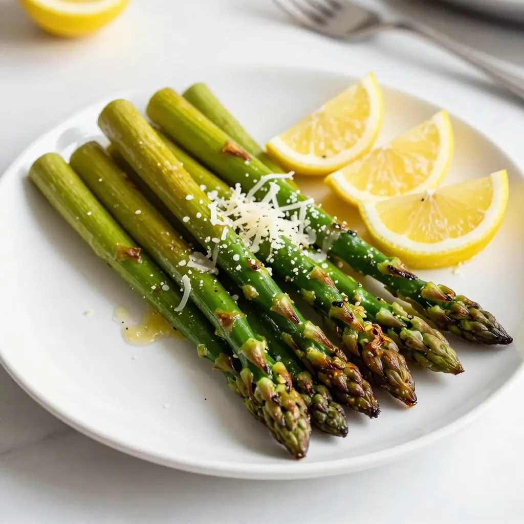 You need 1 pound of fresh asparagus. Look for bright green spears. They should feel firm and snap easily. Trim the ends so they cook evenly. Fresh asparagus gives the best taste. Use 3 tablespoons of high-quality olive oil. It adds a rich flavor to the dish. Next, take 3 cloves of garlic and mince them finely. Garlic gives the dish a nice kick. Mix them together to create a tasty base for the asparagus. You will need the zest and juice from 1 medium lemon. This adds a fresh, zesty taste. If you want a hint of sweetness, add 1 teaspoon of honey or maple syrup. This step is optional, but it can balance the flavors nicely. {{ingredient_image_2}} First, preheat your oven to 400°F (200°C). This step is key for roasting. Next, grab a large mixing bowl. Pour in 3 tablespoons of high-quality olive oil. Add 3 cloves of finely minced garlic. Then, zest one fresh lemon and add that too. Squeeze the juice from one medium lemon into the bowl. If you want some sweetness, a teaspoon of honey or maple syrup works well. Whisk these ingredients until they blend nicely. Now, take 1 pound of trimmed asparagus spears. Add them to your bowl with the lemon-garlic mix. Gently toss them around. Make sure each spear gets a good coat of flavor. This step really helps the asparagus absorb all those tasty notes. Prepare a large baking sheet by lining it with parchment paper. Spread the coated asparagus in one even layer. Ensure none of the spears overlap; this helps them roast evenly. Season with a pinch of sea salt and freshly cracked black pepper for added flavor. Place the baking sheet in your preheated oven. Roast for about 12 to 15 minutes. You want the asparagus to become tender and slightly caramelized. If you like, sprinkle 2 tablespoons of finely grated Parmesan cheese over the asparagus during the last 3 minutes. This gives a nice cheesy finish. When they’re done, transfer the asparagus to a serving platter. Garnish with lemon wedges for a bright touch. When picking asparagus, look for bright green color. The tips should be tightly closed. Avoid spears that are limp or brown. Fresh asparagus is firm and crisp. You want spears around the same thickness. This helps them cook evenly. If they are too thin, they may overcook. To get that lovely caramelization, keep space between the spears. They should not touch each other on the baking sheet. This allows hot air to flow around them. Roast at 400°F for 12 to 15 minutes. Check for tenderness with a fork. If they are bright green and tender, they're ready. Use sea salt and freshly cracked black pepper for the best taste. They bring out the natural flavors of the asparagus. If you like a bit of sweetness, add honey or maple syrup. This adds a nice balance to the dish. For extra depth, sprinkle Parmesan cheese in the last few minutes of roasting. It adds a rich, savory touch. Pro Tips Choose Fresh Asparagus: Select bright green asparagus with firm stems and closed tips for the best flavor and texture. Adjust Roasting Time: Depending on the thickness of your asparagus, you may need to adjust the roasting time for perfect tenderness. Enhance Flavors: Experiment with adding a pinch of red pepper flakes for a spicy kick or a splash of balsamic vinegar for depth. Serve Immediately: Asparagus is best served right after roasting when it's at its peak crispness and flavor. {{image_4}} Cheese can elevate the taste of lemon garlic asparagus. I love using Parmesan, which adds a nutty flavor. Just sprinkle it on during the last few minutes of roasting. For a creamier twist, try goat cheese. Its tanginess pairs well with the lemon. You can also use feta for a salty kick. Each cheese brings a new taste to the dish. Mixing in other veggies can create a colorful and tasty dish. Consider adding cherry tomatoes for a burst of sweetness. Baby carrots add crunch and vibrant color. Bell peppers can bring a sweet flavor and a pop of color. You can roast these veggies alongside the asparagus. Just adjust the cooking time if needed, so everything cooks evenly. Herbs and spices can turn this dish into something special. Fresh herbs like thyme or basil add a fresh taste. You can sprinkle them on before serving for a bright finish. If you want some heat, add a pinch of red pepper flakes. A dash of smoked paprika can give a warm flavor. Experiment with your favorites to make this dish your own! If you have leftover lemon garlic asparagus, store it in the fridge. Place it in an airtight container. This keeps the asparagus fresh for up to three days. Avoid leaving it out at room temperature, as this can spoil the dish. To reheat the asparagus, use the oven or stovetop. Preheat your oven to 350°F (175°C). Spread the asparagus on a baking sheet and heat for about 5-10 minutes. On the stovetop, add a splash of olive oil to a pan. Heat over medium heat, then add the asparagus. Stir it gently for 3-5 minutes until warmed through. Freezing lemon garlic asparagus is an option, but it may change the texture. To freeze, blanch the asparagus first. Boil it for 2-3 minutes, then plunge it into ice water. Drain and dry the spears. Place them in a freezer bag, removing as much air as possible. They can last for up to 3 months in the freezer. When ready to use, thaw in the fridge overnight before reheating. Yes, you can use frozen asparagus. It is a great option when fresh is not available. Just keep in mind that frozen asparagus can be softer after cooking. You may need to adjust the roasting time. Check for tenderness around the 8-10 minute mark. This way, you avoid overcooking. You can tell when asparagus is done by its color and feel. Look for a bright green color. The asparagus should be tender but still crisp. You can test it by piercing a spear with a fork. If it goes through easily, it is ready. Usually, roasting for 12-15 minutes at 400°F works well. Lemon garlic asparagus pairs well with many dishes. Here are some ideas: - Grilled chicken or fish - Quinoa or rice - Pasta with light sauce - A fresh salad - Steak or pork chops These options create a balanced meal that everyone will enjoy. Roasting asparagus is simple and fun. We covered fresh ingredients like asparagus, olive oil, garlic, and lemon. You learned step-by-step methods for preparing and cooking it perfectly. Tips on picking fresh asparagus and creative variations add flavor joy. Remember, store leftovers well and reheat them easily. Don’t hesitate to try frozen asparagus if fresh is out of reach. This dish pairs nicely with many meals. Enjoy every tasty bite!