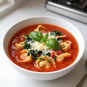 - 2 tablespoons olive oil - 1 medium onion, diced - 3 cloves garlic, minced - 1 can (28 oz) crushed tomatoes - 4 cups vegetable broth - 1 teaspoon dried oregano - 1 teaspoon dried basil - Salt and freshly ground black pepper to taste - 1 package (9 oz) cheese tortellini (fresh or frozen) - 2 cups baby spinach, rinsed and drained - 1/4 cup fresh basil, chopped - Grated Parmesan cheese for garnish The ingredients for Tomato Basil Tortellini Soup are simple yet flavorful. You start with fresh garlic and onion, which add a nice base. The crushed tomatoes give it a rich, tangy taste. The tortellini adds heartiness, making it a filling dish. This soup is not just tasty; it is also colorful and inviting. Each serving of this soup provides: - Calories: 320 - Protein: 12g - Carbohydrates: 45g - Fat: 10g - Fiber: 4g - Sodium: 700mg This soup is great for a quick meal. It provides a good amount of carbs and protein. The fiber from spinach and tomatoes helps keep you full. If you want to change things up, here are some easy swaps: - Use chicken broth instead of vegetable broth for a meaty flavor. - Swap cheese tortellini for spinach or meat-filled tortellini. - Fresh basil can be replaced with 1 teaspoon of dried basil if needed. - Add other veggies like carrots or zucchini for more nutrition. These substitutions can help match your taste or what you have on hand. Don't be scared to mix and match! {{ingredient_image_2}} Start by gathering all your ingredients. This makes cooking easier and fun. Dice one medium onion and mince three cloves of garlic. Open a 28-ounce can of crushed tomatoes and set it aside. Measure out four cups of vegetable broth and have your spices ready. You will need one teaspoon of dried oregano and one teaspoon of dried basil. Don&rsquo;t forget salt and black pepper. Finally, get a 9-ounce package of cheese tortellini, some baby spinach, and fresh basil for later. Heat two tablespoons of olive oil in a large pot over medium heat. When the oil is hot, add the diced onion. Saut&eacute; it for about five minutes. Stir it occasionally until the onion is soft and clear. Next, add the minced garlic and cook for one more minute. The garlic should smell nice but not brown. Pour in the crushed tomatoes and vegetable broth. Add the dried oregano, dried basil, salt, and black pepper. Stir it all together and bring it to a gentle simmer. Let it bubble for ten minutes so the flavors mix well. Now, stir in the tortellini. Make sure they are covered by the broth. Cook according to the package instructions. For fresh tortellini, it takes about 3 to 5 minutes. If you use frozen, it will be around 7 to 10 minutes. Once they float and are soft, they&rsquo;re ready. Add the rinsed baby spinach and cook for another two minutes. Watch the spinach turn bright green. It&rsquo;s almost done! Your soup is ready when the tortellini are tender and the spinach is wilted. Look for the tortellini to float on top of the soup. The bright green spinach shows it&rsquo;s cooked just right. Before serving, add chopped fresh basil for extra flavor. Ladle the soup into bowls and top with grated Parmesan cheese. Enjoy your hearty and comforting meal! To make the best Tomato Basil Tortellini Soup, focus on your heat. Start by warming olive oil in a large pot over medium heat. This step helps to bring out the sweet flavor of the onion. Saut&eacute; the onion until it turns soft and clear. Next, add garlic. Stir it for just a minute. This keeps the garlic from burning. Add crushed tomatoes and vegetable broth carefully. Stir it well to mix the spices. Let it simmer gently. This allows the flavors to blend. To boost the taste, use fresh basil. Add this right before serving. Fresh herbs add a bright note to the soup. Also, use high-quality canned tomatoes. They make a big difference in flavor. For a touch of spice, sprinkle in some red pepper flakes. This adds warmth without overwhelming the dish. Lastly, a sprinkle of grated Parmesan cheese adds creaminess and depth. One common mistake is cooking tortellini too long. Follow the package instructions closely. They should float in the soup when done. Overcooking makes them mushy. Another mistake is not seasoning enough. Always taste your soup before serving. Adjust the salt and pepper levels as needed. Lastly, don&rsquo;t skip the fresh basil at the end. It gives the soup a fresh, vibrant flavor. Pro Tips Use Fresh Ingredients: For the best flavor, opt for fresh basil and high-quality vegetable broth. Fresh ingredients can elevate the taste of your soup immensely. Adjust the Thickness: If you prefer a thicker soup, blend a portion of the soup before adding the tortellini. This will create a heartier texture while still keeping some chunks. Spice it Up: If you enjoy a little heat, consider adding a pinch of red pepper flakes when you saut&eacute; the garlic for an extra kick. Make it a Meal: Pair the soup with a salad or a sandwich for a complete meal. It&rsquo;s perfect for lunch or a light dinner. {{image_4}} You can easily make this soup vegetarian. Use vegetable broth instead of chicken broth. This keeps the yummy taste but fits a veggie diet. Also, check that your tortellini is cheese-based. Most brands offer a cheese version. You can add more veggies too. Think about using carrots, zucchini, or bell peppers. These add color and crunch. To make this soup dairy-free, skip the Parmesan cheese. You can use a dairy-free cheese for topping. Nutritional yeast is another great choice. It has a cheesy taste and gives nutrients. Make sure to check your tortellini, too. Some brands use dairy in their fillings. You might find tasty dairy-free tortellini options. Get creative with your soup! Add cooked beans for protein and fiber. Chickpeas or white beans work well. You can also toss in other greens like kale or Swiss chard. They add nutrients and flavor. For a spicy kick, add red pepper flakes. A squeeze of lemon juice before serving brightens the taste. You can store your leftover soup in an airtight container. Let the soup cool to room temperature first. Then, place it in the fridge. It stays fresh for about three days. If you want, you can also divide it into smaller portions for easy meals later. Freezing is a great option if you have extra soup. First, allow the soup to cool completely. Next, use freezer-safe containers or bags. Leave some space at the top of the container, as the soup will expand when frozen. It will keep for up to three months in the freezer. When you're ready to eat, just thaw it overnight in the fridge. Reheat your soup on the stove for the best taste. Pour the soup into a pot and heat it over medium-low heat. Stir it gently as it warms up. You can also use a microwave. Place the soup in a microwave-safe bowl and cover it. Heat in short bursts, stirring in between, until it's hot. If the soup thickens too much, add a splash of broth or water to loosen it up. Enjoy your warm and hearty meal! To make Tomato Basil Tortellini Soup vegan, swap out the cheese tortellini for a vegan option. Many stores offer vegan tortellini made from plant-based ingredients. Use vegetable broth instead of chicken or beef broth. If you want creaminess, add some coconut milk or cashew cream. Top it off with vegan cheese instead of Parmesan. This way, you keep all the great flavors while making it plant-based! Yes, you can use homemade broth instead of store-bought. Homemade broth adds a fresh taste to your soup. Just make sure it&rsquo;s well-seasoned. Simmer some vegetables like carrots, celery, and onions with herbs to create a flavorful base. Strain the broth before adding it to your soup. This choice gives you more control over the taste and ingredients. You can serve this soup with a variety of sides. A crusty piece of bread pairs well, perfect for dipping. A simple side salad adds freshness and crunch. Consider a Caesar salad for a classic touch. For a heartier meal, serve it with grilled cheese sandwiches. You can also sprinkle extra fresh basil on top for a lovely finish. This blog post covered how to make Tomato Basil Tortellini Soup. We explored the key ingredients and their nutrition. Then, I shared step-by-step instructions for easy cooking. I also offered tips to enhance flavor and avoid mistakes. You can find variations, storage tips, and answers to common questions. With these insights, you can create this delicious soup with confidence. Enjoy making this dish and sharing it with loved ones!