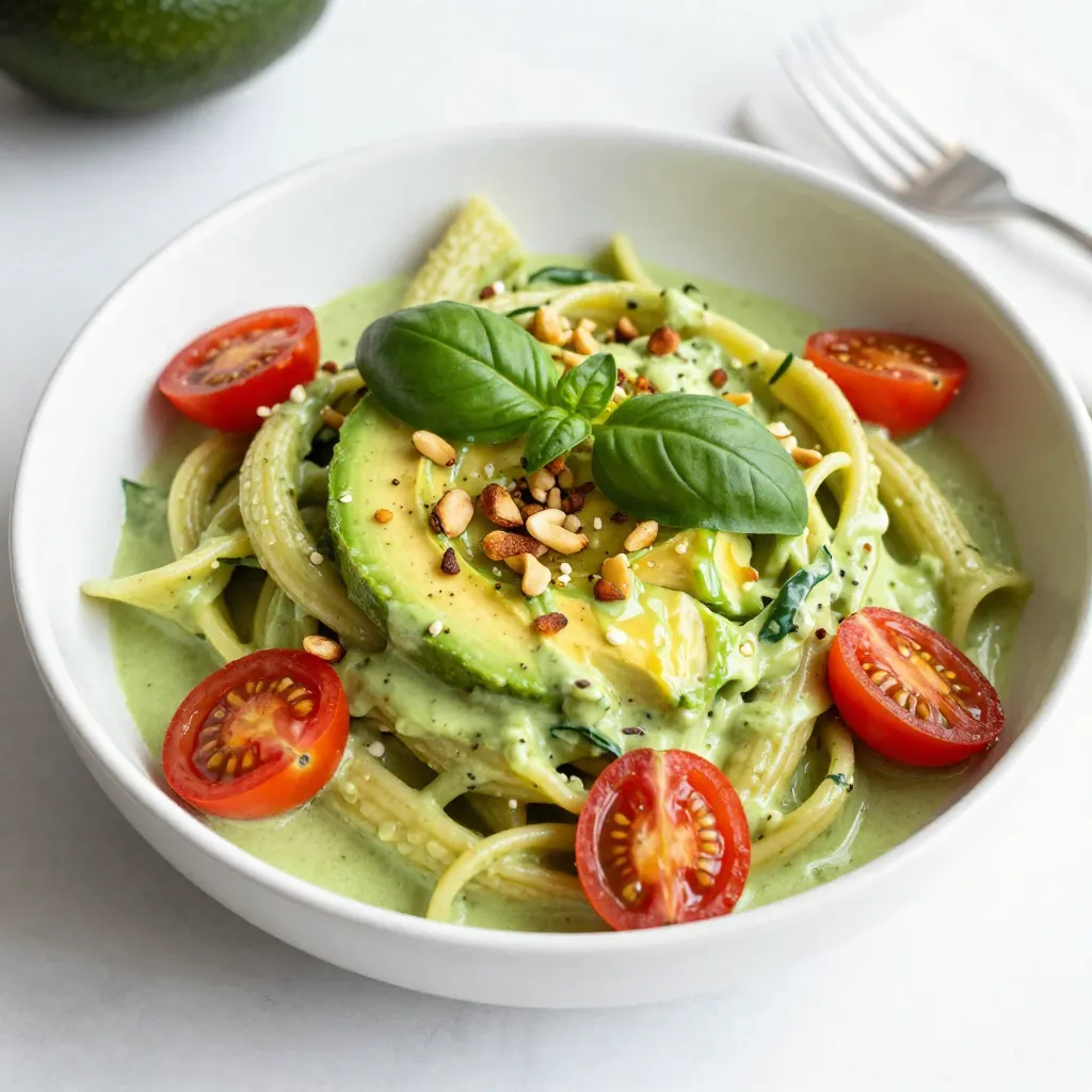 - 8 oz of your favorite pasta (like spaghetti or fusilli) - 2 ripe avocados (halved and pitted) - 1 cup of fresh basil leaves (packed) - 1 cup of fresh spinach leaves (packed) - 1 clove of garlic (peeled) - 2 tablespoons of freshly squeezed lime juice - 1 tablespoon of extra virgin olive oil - Salt and freshly ground black pepper, to taste - 1 cup of cherry tomatoes (halved, for garnish) - A handful of toasted pine nuts or chopped walnuts (for garnish) - 1 tablespoon of nutritional yeast (for a cheesy flavor) I always choose ripe avocados. They should feel soft but not mushy. Fresh herbs are vital too. Basil and spinach should be bright and fragrant. Use fresh lime juice for the best taste. It brings out the green goddess flavor. If you want a cheesy taste, pick good-quality nutritional yeast. For nuts, toasted pine nuts add a lovely crunch. You can also use walnuts. They give a great texture. Remember, using high-quality ingredients makes the dish shine. It enhances the flavors and makes every bite special. {{ingredient_image_2}} First, take a large pot and fill it with water. Add a generous amount of salt. Bring the water to a rolling boil. Once boiling, toss in 8 ounces of your favorite pasta, like spaghetti or fusilli. Cook according to the package instructions until it is al dente. This usually takes about 8 to 10 minutes. When done, drain the pasta in a colander. Remember to save about 1 cup of the starchy pasta water. This water will help the sauce stick later. Now, let's make the Green Goddess sauce. Grab a food processor and add two ripe avocados, halved and pitted. Next, add one cup of fresh basil leaves and one cup of fresh spinach leaves. Toss in one peeled garlic clove and two tablespoons of fresh lime juice. Don’t forget to add one tablespoon of extra virgin olive oil. If you want a cheesy flavor, include one tablespoon of nutritional yeast. Blend everything until smooth. If the sauce is too thick, slowly add some reserved pasta water until you reach the right consistency. Taste it and add salt and freshly ground black pepper as needed. Return your drained pasta to the pot. Pour the vibrant Green Goddess sauce over the pasta. Toss the pasta gently. Make sure each piece is evenly coated with the sauce. If the sauce doesn't cling well, add more reserved pasta water. This will help the sauce stick to the pasta perfectly. Now it’s time to serve! Portion the pasta into serving bowls. Top each bowl with halved cherry tomatoes for a bright touch. For an extra crunch, sprinkle on some toasted pine nuts or chopped walnuts. Before serving, you can drizzle a little extra fresh lime juice on top for added flavor. For a fancy touch, place a sprig of fresh basil on each bowl and add a lime wedge on the side. Enjoy your vibrant and fresh dish! To get a smooth sauce, use ripe avocados. They blend easily, giving a creamy texture. If your sauce is too thick, add some reserved pasta water. Start with a small amount and blend again. This method helps you control the thickness. Keep blending until it looks good and creamy. Seasoning is key for a tasty dish. Always taste your sauce before serving. Add salt and pepper to boost the flavors. If you like a bit of zest, add more lime juice. Nutritional yeast can add a cheesy flavor too. Experiment with these seasonings until the taste is just right for you. Cooking pasta al dente means it should be firm when bitten. Start with boiling salted water. Add the pasta and follow the package instructions. Check it a minute before the time is up. The pasta should be tender but still hold its shape. Drain it quickly and don’t rinse. This keeps the starch, helping the sauce stick better. Pro Tips Use Ripe Avocados: Ensure your avocados are perfectly ripe for a creamy and flavorful sauce. They should yield slightly to gentle pressure when squeezed. Fresh Ingredients Matter: Use fresh herbs and spinach for the best flavor. The freshness will elevate the taste of the Green Goddess sauce. Adjust the Texture: If your sauce is too thick, slowly add the reserved pasta water until you reach your desired creaminess. This water is starchy and helps the sauce cling to the pasta. Garnishing for Flavor: Don't skip the toppings! The cherry tomatoes and nuts add not only color but also texture and flavor contrast to the dish. {{image_4}} This dish shines as a vegan delight. The main ingredients are already vegan-friendly. Use pasta made from wheat or rice. The creamy sauce comes from ripe avocados and greens. If you want a cheesy taste, add nutritional yeast. It gives a nice depth without dairy. Feel free to load up on fresh herbs and veggies. They add flavor and nutrition, keeping it fresh and tasty. For a gluten-free version, choose gluten-free pasta. Options include brown rice pasta or quinoa pasta. Both cook well and taste great with the sauce. Make sure to check the package for cooking times. This dish keeps its vibrant flavors, even with gluten-free pasta. You won’t miss a thing! Adding protein can make this dish heartier. Grilled chicken or shrimp works well. Cook the protein separately and toss it with the pasta. You can also use chickpeas or tofu for a plant-based option. This adds texture and flavor, making each bite satisfying. The creamy sauce pairs nicely with any added protein. After enjoying your Avocado Lime Green Goddess Pasta, store any leftovers in an airtight container. Make sure the pasta and sauce cool down before sealing. This helps keep the dish fresh. You can store it in the fridge for up to three days. If you plan to eat it later, try to separate the pasta from the sauce. This avoids sogginess and keeps flavors bright. When you’re ready to enjoy the leftovers, reheating correctly is key. You can reheat the pasta in a skillet over low heat. Add a splash of water or a bit of olive oil to help loosen the sauce. Stir gently until heated through. If using a microwave, place the pasta in a bowl and cover it with a damp paper towel. Heat it in short bursts, stirring in between, until warm. This keeps the pasta from drying out. If you want to save the Green Goddess sauce, freezing is a great option. Pour the sauce into ice cube trays or freezer-safe containers. This allows you to thaw just what you need later. To use, remove the desired amount and let it thaw in the fridge overnight. You can also warm it gently in a pot over low heat. Avoid freezing the pasta, as it changes texture when thawed. Yes, you can use any pasta you like. Spaghetti, fusilli, or penne work great. Just make sure to cook it until it's al dente. This gives the pasta a nice bite. You can even try whole wheat or gluten-free pasta for a healthier option. The key is to pair it with the creamy sauce for a tasty meal. If you don’t have nutritional yeast, you can use grated cheese. Parmesan or pecorino adds a rich flavor. You can also skip it if you want a lighter dish. Adding a bit more salt can help enhance the taste. Don’t worry; the sauce will still be creamy and delicious! To add some heat, sprinkle in red pepper flakes or cayenne pepper. You can also mix in some sliced jalapeños for a fresh kick. Adding a dash of hot sauce is another quick fix. Start by adding a little, then taste and adjust. This way, you control the spice level to your liking. The Green Goddess sauce lasts about three days in the fridge. Store it in an airtight container to keep it fresh. If you notice it thickening, just add a splash of water or lime juice before serving. This keeps the flavor bright and the texture smooth. In this post, we explored the essential and optional ingredients needed for our dish. We walked through step-by-step instructions for cooking pasta and preparing the Green Goddess sauce. I shared tips for perfect texture and flavor. We also looked at variations for different diets and how to store leftovers properly. This recipe is flexible and fun. You can make it your own and enjoy every bite. Now, it’s your turn to create something delicious!