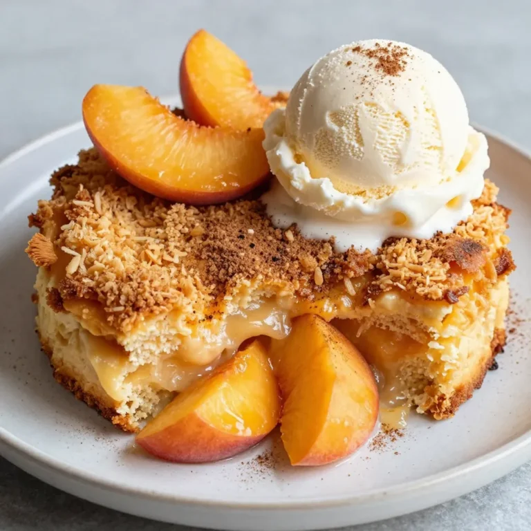 You can use either fresh or canned peaches for this recipe. Fresh peaches give a bright flavor. They also add a nice texture. You will need about 4 cups of fresh peaches, sliced. If you choose canned peaches, use 2 cans in syrup. Drain some syrup but keep a bit for extra sweetness. Canned peaches are handy and save time. The sweetness of your dump cake depends on the peaches. If you use fresh peaches, add 1 cup of granulated sugar. For canned peaches, taste them first. If they are sweet enough, reduce the sugar. You can cut back to 3/4 cup or even 1/2 cup. You want to find the right balance for your taste. Want to make your dump cake even better? Add a teaspoon of ground cinnamon. This spice gives warmth and depth. You can also add 1/2 teaspoon of vanilla extract for a sweet note. If you use canned peaches, consider using the peach juice instead of water. It adds more peach flavor to the cake. Try these simple tricks to make it shine! {{ingredient_image_2}} Start by washing your fresh peaches. Slice them into thin pieces. If you use canned peaches, drain some syrup but keep a little for taste. In a bowl, mix the peaches with sugar and cinnamon. Toss them gently to coat. This mix adds sweetness and spice. Pour the peach mix into a greased 9x13 inch baking dish. Spread it out evenly. Next, take the box of yellow cake mix. Open it and sprinkle it evenly over the peaches. Do not mix or stir. Just cover the peaches completely. This layer gives your cake its nice texture. Now, melt the unsalted butter in a bowl. Drizzle the melted butter over the cake mix. Try to cover all parts for a rich flavor. Now it’s time for the oven. Pour the water or peach juice over the cake mix and butter. Avoid stirring again. This will help the cake bake well. Place the baking dish in the preheated oven set to 350°F (175°C). Bake for 45-50 minutes. Look for a golden brown top and bubbling edges. When done, take it out and let it cool for about 10 minutes. This step helps it set. Now you are ready to serve! To get the best texture for your peach cobbler dump cake, keep a few things in mind. First, use fresh peaches if possible. They give a nice bite and juicy flavor. If using canned peaches, drain them well. This keeps the cake from getting soggy. When you layer the cake mix, do not stir it. Just sprinkle it on top of the peaches. This helps create a nice crust while baking. Lastly, make sure to drizzle the melted butter evenly. This adds richness and helps with texture. You can switch up the flavors in your peach cobbler dump cake easily. Try adding some berries along with the peaches. Blueberries or raspberries add a nice twist. You can also mix in spices like nutmeg or cardamom for a warm flavor. If you like a bit of tartness, add some lemon zest. This brightens up the dish. For a richer taste, try using brown sugar instead of white sugar. Each of these changes can make your dessert even more delicious! Serving your peach cobbler dump cake is just as fun as making it. For the best experience, serve it warm. A scoop of vanilla ice cream or whipped cream on top adds creaminess. You can also garnish it with fresh peach slices for a pretty look. If you want a bit of crunch, sprinkle some crushed nuts on top. This adds texture and flavor. Pair it with a cup of coffee or sweet tea for a perfect dessert moment. Enjoy every bite! Pro Tips Choose Ripe Peaches: For the best flavor and sweetness, select peaches that are slightly soft to the touch and fragrant. This will enhance the overall taste of your dump cake. Adjust Sweetness: If using canned peaches, taste the syrup before adding sugar. You may find that the syrup provides enough sweetness, allowing you to reduce or eliminate the added sugar. Experiment with Flavors: Feel free to add a splash of almond extract or a sprinkle of nutmeg for a unique twist. These flavors can complement the peaches beautifully. Serve Warm: This dessert is best enjoyed warm. Let it cool for a few minutes after baking, then serve with a scoop of ice cream or whipped cream for a delightful treat. {{image_4}} You can make this dessert gluten-free. Just swap the yellow cake mix for a gluten-free version. Most brands offer good taste and texture. Follow the same steps to assemble the cake. The result will still be delicious and satisfying. Feel free to get creative with the fruit. You can use apples, blueberries, or even cherries. Adjust the sugar based on the fruit you choose. For example, if you use tart cherries, you may want more sugar. This change can bring new flavors and excitement to your dessert. Nuts can add a nice crunch. Chopped pecans or walnuts work well. Sprinkle them on top of the cake mix before baking. You can also try spices like nutmeg or ginger for a unique twist. Just a pinch can change the whole flavor profile. Enjoy experimenting and finding your perfect mix! To store leftovers, let the cake cool first. Cover the dish with plastic wrap or foil. You can also transfer the cake to an airtight container. Keep it in the fridge for up to three days. This helps maintain its flavor and texture. When you are ready to enjoy the cake again, preheat your oven to 350°F (175°C). Slice a portion of the cake and place it in an oven-safe dish. Heat it for about 15 minutes. You can also microwave a slice for 30 seconds to 1 minute. Add a scoop of ice cream on top for extra delight! If you want to freeze the cake, let it cool completely. Wrap it tightly in plastic wrap and then in foil. This keeps the cake fresh in the freezer for up to three months. When you are ready to serve it, thaw it in the fridge overnight. Reheat it in the oven before serving for the best taste. Yes, you can use frozen peaches. Just thaw and drain them first. This helps avoid extra liquid in the cake. Using frozen peaches can work well, especially when fresh ones are out of season. They will provide that sweet and juicy flavor you want. The dump cake is done when the top is golden brown and bubbly. You can check with a toothpick. Insert it into the center, and it should come out clean. Be sure to watch for the bubbling around the edges. This means the cake is ready to enjoy. You can prepare the dump cake a day in advance. Just assemble the layers in the dish and cover it with plastic wrap. Store it in the fridge. When you’re ready to bake, let it sit at room temperature for about 30 minutes. This way, it bakes evenly. Enjoy it fresh from the oven for the best taste! This blog post covers how to make a delicious peach cobbler dump cake. We explored fresh versus canned peaches, sweetener choices, and ways to boost flavor. I shared easy steps for prepping, layering, and baking. You learned tips for texture and serving ideas, plus variations like gluten-free options and different fruits. Finally, we discussed storage and answered common questions. Now you are ready to create your own tasty dessert! Enjoy every bite of your cobbler, and don’t hesitate to get creative with the recipe!