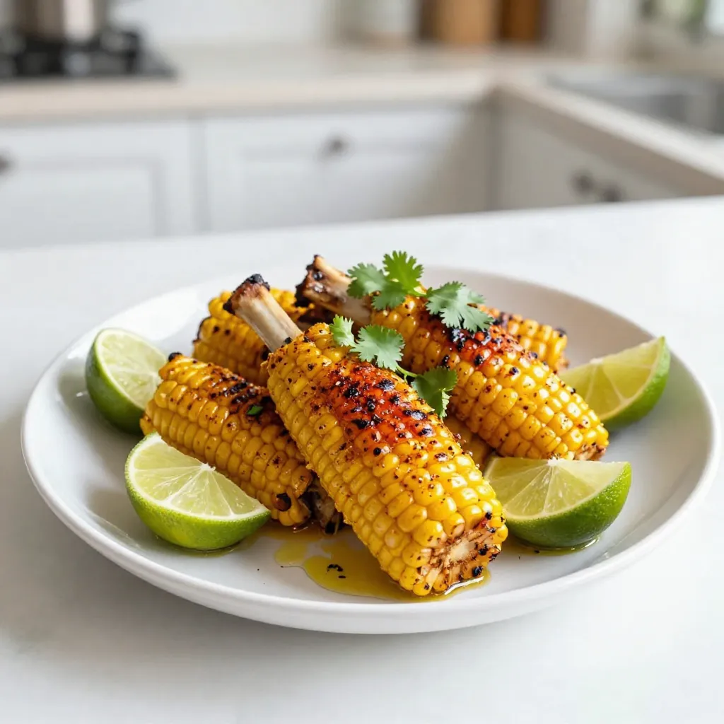 To make Chili Lime Grilled Corn Ribs, you need a few simple ingredients. Here’s the list: - Fresh corn: 4 ears - Olive oil: 2 tablespoons - Spices: chili powder, smoked paprika, garlic powder - Fresh produce: lime zest and lime juice - Seasoning: sea salt and black pepper - Garnish: chopped cilantro and lime wedges Each ingredient plays a key role in creating that bold flavor. Fresh corn gives a sweet crunch. Olive oil adds richness and helps with grilling. The spices bring heat and depth. Lime zest and juice give a bright, zesty flavor. Sea salt and black pepper enhance everything. Finally, cilantro and lime wedges brighten the dish when served. Using fresh, high-quality ingredients makes a big difference. It helps create a dish that is not only tasty but also visually appealing. Enjoy the process of gathering these ingredients. Each one adds a unique touch to your summer treat. {{ingredient_image_2}} Start by turning on your grill. Set it to medium-high heat. This step helps get a nice sear on the corn. A hot grill will give you that perfect char. Grab 4 ears of fresh corn. Stand each ear upright on a cutting board. Use a sharp knife to cut each ear into quarters. You want the pieces to look like ribs. This shape makes them fun to eat and easy to grill. In a large mixing bowl, add 2 tablespoons of extra virgin olive oil. Then, mix in 1 teaspoon of chili powder, 1 teaspoon of smoked paprika, and 1/2 teaspoon of garlic powder. Next, add the zest of 1 lime and the juice of 2 limes. Season with sea salt and freshly cracked black pepper. Whisk until everything blends well. This marinade is key for flavor. Now, add the corn ribs to the bowl with the marinade. Gently toss them so every piece gets coated. Let the corn sit for at least 15 minutes. This helps the flavors soak into the corn. Carefully place the marinated corn ribs on the hot grill. Grill for about 5-7 minutes per side. Flip them only once to get nice grill marks. Keep an eye on them; you want them tender but still crunchy. When the corn ribs are done, take them off the grill. Arrange them on a serving platter. Sprinkle fresh chopped cilantro over the top for a burst of color. Serve with lime wedges on the side for an extra kick of citrus. Enjoy your tasty chili lime grilled corn ribs! To make the best chili lime grilled corn ribs, start with fresh corn. Look for ears with bright green husks. The kernels should feel plump and firm. Sweet corn is ideal for its juicy flavor. Avoid corn with dry or brown spots. Freshness makes a big difference in taste. Getting perfect grill marks is key for both looks and taste. Preheat your grill to medium-high heat before cooking. Place the corn ribs on the hot grill, and don’t move them for 5 to 7 minutes. This helps develop those beautiful char marks. Flip only once to keep the ribs intact. You can adjust the spice to suit your taste. For milder corn ribs, use less chili powder. If you love heat, add cayenne pepper or more chili powder. You can even mix in fresh chopped jalapeños for an extra kick. Remember to taste the marinade before you add the corn to find your perfect balance. Pro Tips Choose Fresh Corn: Select ears of corn that have bright green husks and plump kernels for the best flavor and texture. Let the Marinade Soak: Allow the corn ribs to marinate for at least 15 minutes to enhance the flavor; longer for a more intense taste. Control the Grill Temperature: Maintain a medium-high heat while grilling to achieve a perfect char without burning the corn. Experiment with Spices: Don't hesitate to adjust the spice levels or add your favorite seasonings for a personalized flavor twist. {{image_4}} You can add cheese to your corn ribs for a tasty twist. Cotija cheese has a salty flavor that pairs well with the chili and lime. To use Cotija, crumble it over the grilled corn before serving. Parmesan cheese also works great if you prefer a richer taste. Just sprinkle it on right after grilling. The cheese melts slightly and adds a creamy touch. If you love heat, add jalapeños to your corn ribs. You can slice fresh jalapeños and mix them into the marinade. This adds a nice spicy kick to the dish. For a milder flavor, you can remove the seeds before adding them. Grilling the jalapeños alongside the corn will enhance their smoky taste, making your dish even more flavorful. For a vegan version, you can easily change the marinade. Instead of using olive oil, try avocado oil. It has a similar taste and works well with the spices. You can also add some maple syrup for a hint of sweetness. This plant-based option keeps the dish tasty while being completely vegan-friendly. Enjoy your corn ribs guilt-free! After enjoying your chili lime grilled corn ribs, let them cool. Place the corn ribs in an airtight container. They will stay fresh in the fridge for up to three days. If you want to keep them longer, consider freezing. To reheat the corn ribs, use a grill or an oven. Preheat your grill to medium heat. Grill for about 3 to 4 minutes until warm. If using an oven, set it to 350°F (175°C). Place the corn on a baking sheet and heat for about 10 minutes. This will help revive the flavors and keep the texture nice. To freeze, wrap each corn rib tightly in plastic wrap. Then, place them in a freezer bag. Remove as much air as possible. They can stay frozen for up to three months. When ready to eat, thaw in the fridge overnight before reheating. This method helps maintain the taste and texture. Yes, you can use frozen corn. However, fresh corn tastes better. If you use frozen corn, thaw it first. Cut the thawed corn into rib-like sections. Follow the rest of the recipe as usual. The key is to ensure the corn is well marinated and grilled. Corn ribs are done when they are tender and have nice grill marks. Grill them for about 5-7 minutes on each side. Check them often to avoid burning. You can use a fork to test tenderness. If the corn gives a little when you poke it, it’s ready to eat! You can mix things up with different spices. Try adding cumin for warmth. You could also use cayenne pepper for heat. For a sweet twist, add some brown sugar. Feel free to play with flavors to make it your own. The chili lime base works well with many spices. You now have a clear guide to making grilled corn ribs. We covered the best ingredients, step-by-step grilling, and handy tips for perfect results. Don’t forget about fun variations that add flair. Store your leftovers wisely, so nothing goes to waste. Enjoy experimenting with spices and flavors! Your next barbecue will surely impress. Let's get cooking and create something delicious!