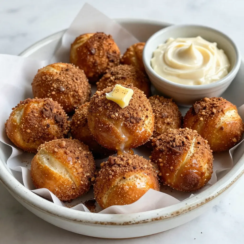 To make delicious cinnamon sugar pretzel bites, gather these ingredients: - 1 ½ cups warm water (between 110°F and 115°F) - 1 packet (2 ¼ teaspoons) active dry yeast - 1 tablespoon granulated sugar (for activating yeast) - 4 cups all-purpose flour - 1 teaspoon salt - ½ cup baking soda (for boiling solution) - 1 large egg, beaten (for egg wash) - ½ cup unsalted butter, melted (for brushing) - ½ cup granulated sugar (for coating) - 2 teaspoons ground cinnamon (for coating) If you need alternatives, try these substitutions: - All-purpose flour: Use bread flour for a chewier bite. - Granulated sugar: Brown sugar adds a deeper flavor. - Unsalted butter: Use coconut oil for a dairy-free option. - Active dry yeast: Instant yeast works with no need for proofing. To ensure the best flavors and textures, pick fresh ingredients: - Yeast: Check the expiration date on the packet. Fresh yeast bubbles when mixed with warm water. - Flour: Look for a clean, dry package. Avoid any signs of moisture or pests. - Butter: Choose high-quality unsalted butter for the best taste. - Cinnamon: Smell the spice to check freshness. It should have a strong aroma. These tips help you make the best pretzel bites. Enjoy the process and the tasty results! {{ingredient_image_2}} First, get a small bowl. Add 1 ½ cups of warm water. The water should feel warm, not hot, around 110°F to 115°F. Sprinkle in 2 ¼ teaspoons of active dry yeast and 1 tablespoon of sugar. Stir it gently. Let this sit for about 5 minutes. You want it to foam up. This foam means the yeast is alive and ready to work. Next, grab a big bowl. In it, mix 4 cups of all-purpose flour with 1 teaspoon of salt. Pour in the frothy yeast mixture. Use a wooden spoon or spatula to mix until a shaggy dough forms. Now, turn the dough onto a floured surface. Knead it for about 5 to 7 minutes. The dough should feel smooth and stretchy. Once you’re done, place it in a greased bowl. Cover it with a damp cloth. Let it rise in a warm spot for about 1 hour. It needs to double in size. While the dough rises, preheat your oven to 425°F (220°C). Line a baking sheet with parchment paper. In a large pot, boil 10 cups of water. Carefully stir in ½ cup of baking soda. This will create a pretzel bath. After the dough has risen, punch it down to release air. Divide it into 8 equal pieces. Roll each piece into a rope, about 10-12 inches long. Cut the ropes into 1-inch pieces. Now, drop the pretzel bites into the boiling water for 30 seconds. Use a slotted spoon to take them out and place them on the baking sheet. Brush the tops with a beaten egg for shine. Bake them for 8 to 10 minutes until golden brown. Once they are out, brush them with melted butter. Mix ½ cup of sugar with 2 teaspoons of cinnamon. Roll the warm pretzel bites in this mix until coated. Enjoy the sweet and soft goodness! To get those perfect golden pretzel bites, start with the right boiling solution. Use ½ cup of baking soda in 10 cups of water. This helps create that classic pretzel crust. Boil the bites for about 30 seconds. This step locks in moisture and gives them a nice color. After boiling, brush them with a beaten egg. This gives them a shiny finish when baked. Bake them at 425°F for 8 to 10 minutes. Watch closely; they should be golden brown and puffy. One common mistake is not letting the dough rise enough. Make sure it doubles in size. If the dough is too wet, your bites may turn out dense. Add flour gradually while kneading to avoid this. Another mistake is boiling them for too long. Stick to 30 seconds for the best texture. Lastly, don’t skip the cinnamon sugar coating. It adds the sweet touch that makes these bites special. To boost flavor, try adding a pinch of nutmeg to the cinnamon sugar mixture. This subtle spice adds depth. For a fun twist, mix in some vanilla extract into the melted butter before brushing. You can also explore different toppings. Consider a sprinkle of sea salt after baking for a sweet-salty snack. Don't forget dipping sauces! Cream cheese or chocolate sauce pairs well with these bites. Pro Tips Use Fresh Yeast: Make sure your yeast is fresh and within its expiration date for the best rise and texture of your pretzel bites. Perfect Boiling Time: Do not exceed the 30 seconds boiling time; this helps to achieve that signature chewy texture without overcooking. Cooling on a Rack: Allow the pretzel bites to cool on a wire rack to prevent them from becoming soggy as they cool. Customize Your Coating: Experiment with different spices or flavored sugars for the coating to create unique variations of pretzel bites. {{image_4}} You can twist the classic cinnamon sugar pretzel bites into a sweet and savory delight. Try adding a pinch of sea salt for a contrast to the sweetness. You can also sprinkle in some grated cheese before baking. This gives a cheesy richness that pairs well with the sweet cinnamon flavor. For a spicy kick, add a dash of cayenne pepper to the cinnamon sugar mix. It creates a fun flavor contrast and wakes up your taste buds. If you need a gluten-free option, substitute all-purpose flour with a gluten-free blend. Look for one that works well for baking, and make sure it contains xanthan gum. This helps mimic the elasticity of regular dough. You can also use almond flour or coconut flour, but keep in mind they may change the texture. Experiment to find the right mix that works for you. Just be careful with the amounts, as gluten-free flours can absorb more moisture. Consider adding more fun toppings. Try rolling your warm pretzel bites in crushed nuts or sprinkles. This adds crunch and color. You might also enjoy drizzling melted chocolate or caramel over the top. For a more herbal twist, sprinkle some dried herbs like rosemary or thyme after baking. Each topping gives a new twist to your pretzel bites and makes them even more special. After you enjoy your pretzel bites, store any leftovers in an airtight container. This keeps them soft and fresh. Place them at room temperature for up to two days. If you want to keep them longer, consider freezing them. To reheat, preheat your oven to 350°F (175°C). Place the pretzel bites on a baking sheet. Heat for about 5 to 7 minutes. This makes them warm and fluffy again. You can also use the microwave, but they might lose some of their texture. To freeze pretzel bites, let them cool completely first. Then, place them in a single layer on a baking sheet. Freeze until solid, then transfer them to a freezer bag. They can last for up to three months in the freezer. When ready to eat, thaw in the fridge overnight and reheat as mentioned above. Yes, you can use instant yeast. Instant yeast works faster than active dry yeast. You do not need to activate it in warm water. Just mix it directly with the flour. This makes the process quicker, but the taste remains great! Cinnamon sugar pretzel bites taste amazing with different dips. Here are some great options: - Cream cheese dip: Smooth and rich, it balances the sweetness. - Chocolate sauce: Perfect for chocolate lovers, it adds a sweet twist. - Caramel sauce: This adds a buttery flavor that matches well with cinnamon. These pretzel bites stay fresh for 2-3 days at room temperature. Store them in an airtight container. For longer storage, freeze them. They can last up to 3 months in the freezer. Just reheat them in the oven when you want to enjoy them again! We covered a lot on making pretzel bites. We looked at key ingredients and how to pick the best ones. You now have step-by-step instructions to make them. I shared tips for a golden finish and common mistakes to avoid. You learned about fun variations and how to store leftover bites. With this knowledge, you can create tasty pretzel bites at home. Enjoy the process and share your results!