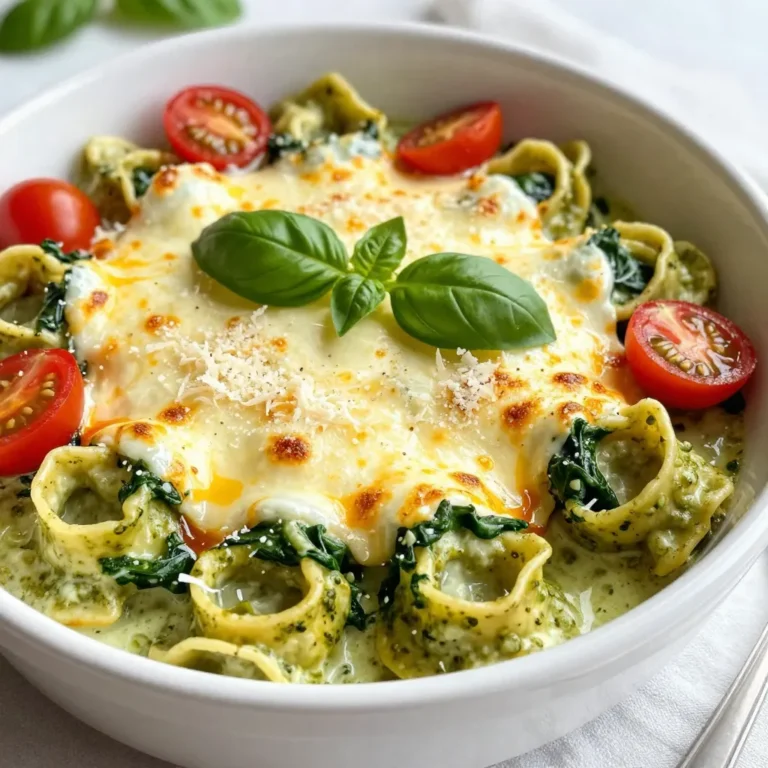 - Cheese Tortellini - Basil Pesto - Heavy Cream - Cheese Varieties - Fresh Vegetables - Seasonings To make a creamy pesto tortellini bake, gather the following ingredients. First, you will need cheese tortellini. You can use either fresh or frozen. A 9-ounce package is perfect. Next, grab a cup of basil pesto. You can buy it at the store or make your own at home. The pesto adds great flavor. You will also need a cup of heavy cream. This makes the dish creamy and rich. For the cheese, use a mix. One cup of shredded mozzarella cheese gives that melty goodness. Add half a cup of grated Parmesan cheese for an extra kick. Fresh vegetables are key for color and taste. Use one cup of halved cherry tomatoes and one cup of baby spinach. These add freshness and nutrition. Lastly, don’t forget garlic. Two cloves, finely minced, add a nice depth of flavor. Season with salt and pepper to your taste. Make sure to gather all these ingredients before you start cooking. This will make the process smooth and fun! {{ingredient_image_2}} 1. Preheat your oven to 375°F (190°C). This step is key for even baking. Make sure the oven is fully warmed before you start cooking. 2. Cook the cheese tortellini in a large pot of boiling salted water. Fresh tortellini takes about 3-5 minutes. If you use frozen, it will take 7-10 minutes. Once they're done, drain them well and set aside. 3. In a medium bowl, mix the basil pesto, heavy cream, minced garlic, and half of the shredded mozzarella cheese. Stir until everything is smooth and blended nicely. This sauce adds flavor and creaminess to the dish. 4. Grab a spacious baking dish, about 9x13 inches. Add the cooked tortellini, the pesto mixture, halved cherry tomatoes, and baby spinach. Toss all the ingredients gently but thoroughly. You want every piece covered in that delicious sauce. 5. Season your mix with salt and pepper to taste. This step is important to enhance the flavors. Make sure to mix it in well. 6. Now, sprinkle the remaining mozzarella cheese and the grated Parmesan cheese evenly over the top. This cheesy layer will create a golden crust when baked. 7. Cover the baking dish tightly with aluminum foil. Place it in the preheated oven and bake for 20 minutes. This helps the flavors meld together. 8. After 20 minutes, carefully remove the foil. Continue baking for another 10-15 minutes. The cheese should bubble and turn a lovely golden brown. 9. Once done, take the dish out of the oven. Let it cool for a few minutes. This helps the dish set before serving. 10. Finally, garnish your creamy pesto tortellini bake with fresh basil leaves. This adds a nice touch for both taste and presentation. Enjoy your meal! Choosing the right tortellini I recommend using cheese tortellini for this dish. Fresh tortellini has a soft texture and rich taste. Frozen tortellini works too, but it may need extra cooking time. Always check the package for cooking guides. Pesto recommendations Store-bought pesto saves time and can be very tasty. Look for one with fresh ingredients. If you want to make your own, blend fresh basil, garlic, nuts, olive oil, and cheese. Homemade pesto gives a bright flavor and freshness. Cheese melting tips To get the best melt, use a mix of mozzarella and Parmesan. Mozzarella adds creaminess, while Parmesan gives a sharp bite. Grate the cheese instead of using pre-shredded for better melting. Add the cheese in layers for even coverage. This will create a nice bubbly top that everyone loves. Pro Tips Use Fresh Ingredients: For the best flavor, opt for fresh basil pesto and seasonal cherry tomatoes. Fresh ingredients elevate the dish and add vibrant taste. Customize the Cheese: Feel free to mix different types of cheese, such as cheddar or fontina, for a unique flavor profile. Experimenting can lead to delicious results! One-Pan Wonder: This dish can easily be made in one pan. Just bake everything in the same dish you cooked the tortellini in, saving time on cleanup. Make Ahead: Prepare the dish in advance and refrigerate it before baking. This allows the flavors to meld beautifully, making it even tastier when you finally bake it. {{image_4}} You can change this dish to fit your taste. Here are some fun swaps. Different cheese options Instead of mozzarella, try using gouda or fontina cheese. These cheeses melt well and add a rich flavor. You can also mix in some ricotta for a creamy texture. If you prefer a tangy bite, use feta cheese. It gives a nice contrast to the pesto. Adding proteins For extra protein, add cooked chicken, shrimp, or Italian sausage. Just make sure to chop them into small pieces. You can also use canned chickpeas for a vegetarian option. They add protein and a nice texture to the bake. Alternative vegetables Feel free to swap in your favorite veggies. Zucchini and bell peppers work great. You can also add broccoli or cauliflower for a crunch. If you love mushrooms, they add a nice earthiness. Just sauté them first for best flavor. These swaps can make the creamy pesto tortellini bake your own! After enjoying your creamy pesto tortellini bake, you may want to save some for later. Here’s how to store it properly. - Refrigeration details: Place any leftovers in an airtight container. Store it in the fridge for up to 3 days. Make sure to let it cool before sealing the container. - Freezing tips: If you want to keep it longer, you can freeze it. Use a freezer-safe container or a resealable bag. It can last up to 3 months in the freezer. Just remember to label the container with the date. - Reheating instructions: When you’re ready to eat again, thaw the dish in the fridge overnight if frozen. Reheat it in the oven at 350°F (175°C) for about 20 minutes, or until it’s hot throughout. You can also microwave individual portions for quick meals. Just be sure to cover them to keep moisture in. Yes, you can use homemade pesto. In fact, it can add a fresh taste. Just blend your favorite herbs, nuts, and cheese for a unique flavor. Homemade pesto often has a brighter taste than store-bought. It can make your dish stand out. Yes, this dish is vegetarian-friendly. It contains no meat. The cheese and vegetables provide great flavor and nutrition. You can enjoy this bake without any meat worries. Just check your pesto to ensure it has no animal products. You can tell it's done when the cheese is bubbly and golden brown. After 30-35 minutes, carefully check your dish. If the top is a nice color, it’s ready. Let it cool for a few minutes before serving to avoid burns. Yes, you can make this dish in advance. Prepare it up to the baking step. Cover it tightly and store it in the fridge. When you’re ready to eat, just bake it straight from the refrigerator. You may need to add a few extra minutes to the baking time. This blog post explained how to make a delicious pesto bake with cheese tortellini. We covered the ingredients you need, like tortellini, pesto, and fresh veggies. Step-by-step, I shared how to prepare and bake the dish. We explored variations to customize your bake and tips for perfecting your meal. Remember, this dish is easy to store and reheat. Enjoy making your pesto bake! It's a fun, tasty meal that you can share with others.