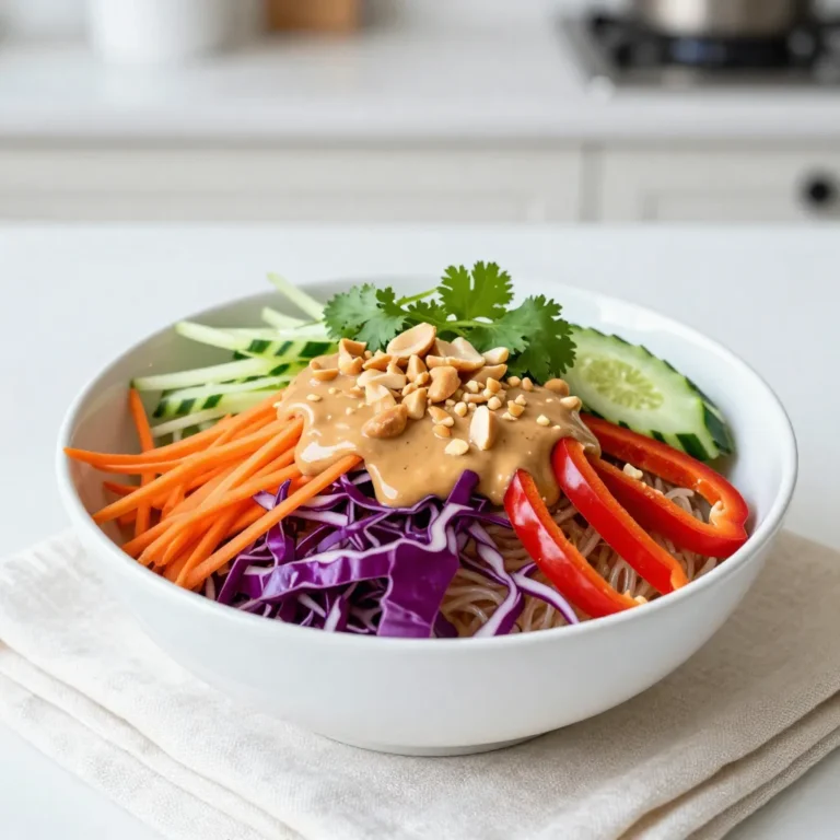 - 8 oz rice noodles - 1 cup shredded red cabbage - 1 cup shredded carrots - 1 red bell pepper, thinly sliced - 1 cucumber, julienned - 1/2 cup fresh cilantro, chopped - 1/4 cup green onions, thinly sliced - 1/2 cup unsalted peanuts, roughly chopped - 1 tablespoon sesame oil For the Peanut Sauce: - 1/2 cup creamy peanut butter - 2 tablespoons soy sauce - 2 tablespoons maple syrup - 1 tablespoon lime juice - 1 tablespoon sesame oil - 1 teaspoon freshly grated ginger - 1 teaspoon sriracha (adjust according to your spice preference) - 2-3 tablespoons water (to adjust consistency) - You can swap fresh vegetables for others like bell peppers or snap peas. - For nut-free options, use sunbutter or tahini in place of peanut butter. - To make it gluten-free, choose gluten-free soy sauce or tamari. - Each serving has about 400 calories. - It contains 15g of protein, 18g of fat, and 50g of carbs. - The fresh veggies offer vitamins and fiber, boosting health and digestion. {{ingredient_image_2}} Start by boiling a large pot of water. Make sure it’s at a rolling boil. Add the rice noodles to the water. Cook them based on the package instructions. Usually, this takes about 4 to 6 minutes. Check for doneness; they should be al dente. Once cooked, drain the noodles in a colander. Rinse them under cold running water. This stops the cooking process and cools them down quickly. Set the noodles aside in a large bowl. Next, gather your fresh vegetables. Chop the red cabbage into thin strips. Shred the carrots and slice the red bell pepper. Julien the cucumber into thin sticks. In a large mixing bowl, combine the cabbage, carrots, bell pepper, cucumber, cilantro, and green onions. Toss everything gently to mix. For the best flavor, try to use fresh vegetables. They add crunch and color to your salad. Now it's time to make the peanut sauce. In a medium bowl, add the creamy peanut butter, soy sauce, maple syrup, lime juice, and sesame oil. Grate some fresh ginger and add it in. If you like some heat, add sriracha. Whisk the mixture until smooth and creamy. If the sauce is too thick, add water, one tablespoon at a time. Keep whisking until you get the right consistency. You want it pourable but not runny. To make this Thai Peanut Noodle Salad shine, focus on texture. Use fresh, crisp veggies. Shredded cabbage and carrots add crunch. Slice bell peppers thinly for a nice bite. Rinse the noodles in cold water. This keeps them firm and prevents clumping. Balancing flavors is key. The sauce needs salt, sweetness, and tang. Adjust the soy sauce and maple syrup to your taste. A squeeze of lime adds brightness. Don't forget the sriracha for a spicy kick. Start with a little and add more if you like it hot. Presentation makes your dish pop. Serve the salad in a large, shallow bowl. Top it with extra cilantro and sesame seeds for color. You can also use clear bowls to show off the vibrant layers. Pair this salad with grilled chicken or shrimp for a hearty meal. It also goes well with spring rolls or a light soup. These sides complement the salad's flavors perfectly. You can prepare this salad in advance. Cook the noodles and chop the veggies a day before. Keep each component separate until you are ready to serve. This keeps the salad fresh and crisp. Store leftovers in an airtight container. Eat within 2 to 3 days for the best flavor. If you want to keep the crunch, store the sauce separately. Just mix it in when you're ready to enjoy your meal. Pro Tips Use Fresh Veggies: Always opt for fresh, crisp vegetables to enhance the crunch and flavor of your salad. Adjust the Spice: Feel free to modify the amount of sriracha in the peanut sauce to suit your spice tolerance. Perfect Noodle Texture: Rinse the noodles under cold water immediately after cooking to stop the cooking process and prevent sticking. Garnish for Flavor: Adding extra peanuts and cilantro on top not only enhances the presentation but also adds layers of flavor to the dish. {{image_4}} You can add proteins to make your salad more filling. Great options include chicken, tofu, or shrimp. - Chicken: Cook chicken breast in a pan until it's golden. Slice it thin and toss it in. - Tofu: Press tofu to remove water, then cut it into cubes. Sauté until golden brown. - Shrimp: Cook shrimp in a pan with a bit of oil until they turn pink. Each protein gives a different texture and taste. Choose one based on your preference! You can adjust the spice level of the sauce to fit your taste. Start with the sriracha and add more if you like heat. - Mild: Use less sriracha or leave it out. - Medium: Add the one teaspoon of sriracha. - Hot: Add extra sriracha or include crushed red pepper flakes. For different flavors, try adding lime zest or a splash of rice vinegar. These add a nice kick without too much heat! Using seasonal vegetables can make your salad even more vibrant. Fresh veggies change with the seasons. - Spring: Add snap peas or radishes for crunch. - Summer: Toss in cherry tomatoes or zucchini for freshness. - Fall: Use roasted sweet potatoes or butternut squash for warmth. You can also switch up the dressing. Instead of peanut sauce, try a light vinaigrette or a sesame dressing. This keeps the dish exciting all year long! To keep your Thai Peanut Noodle Salad fresh, store leftovers in an airtight container. This helps prevent drying out and keeps flavors intact. You can enjoy the salad for up to three days in the fridge. After that, the veggies might lose their crunch. You can freeze Thai Peanut Noodle Salad, but it may change texture. The noodles might become mushy after thawing. To freeze, place the salad in a freezer-safe container. When ready to eat, thaw it overnight in the fridge. For best results, serve it cold. If you want to reheat the salad, do so carefully. Use the microwave on low power for about 30 seconds. Stir and check the temperature. Avoid high heat to keep the veggies crisp. After reheating, top it with fresh peanuts and a drizzle of sesame oil for flavor. The best noodles for Thai Peanut Noodle Salad are rice noodles. They cook quickly and give the salad a nice, soft texture. You can use thin vermicelli or wider rice noodles, depending on your taste. Both work well with the rich peanut sauce and fresh veggies. Yes, you can easily make this salad vegan. Use soy sauce or tamari as a substitute for any non-vegan ingredients. The peanut sauce is already vegan-friendly. Just make sure to check the labels on your sauces and noodles. The peanut sauce lasts about one week in the fridge. Store it in an airtight container to keep it fresh. If it thickens, just add a little water and mix well before using. Absolutely! To make this salad gluten-free, use gluten-free soy sauce or tamari. Rice noodles are naturally gluten-free, making them a great choice for this dish. Always check labels for gluten-free assurance. You can serve the salad warm, but it’s best chilled. The cold noodles and fresh veggies create a nice contrast with the warm sauce. If you prefer it warm, just toss everything together right after cooking the noodles. This article covered how to make a delicious Thai Peanut Noodle Salad. We discussed the key ingredients, possible substitutions, and the nutrition benefits. I shared simple steps for cooking and preparing the salad, along with tips for perfect flavor and texture. You also learned about storage and how to modify the recipe based on your taste. Enjoy making this salad! Experiment with different flavors and ingredients. You'll find a version you love. Make it your own and savor every bite!