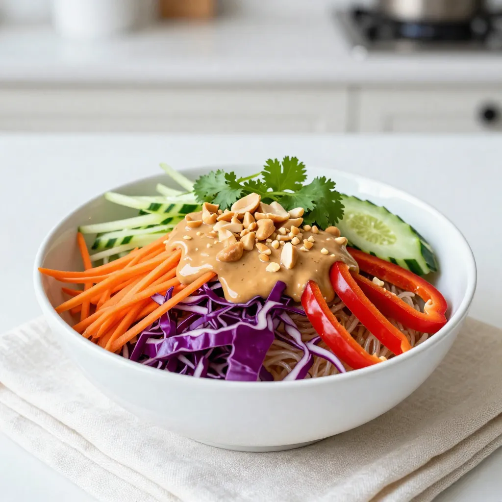 - 8 oz rice noodles - 1 cup shredded red cabbage - 1 cup shredded carrots - 1 red bell pepper, thinly sliced - 1 cucumber, julienned - 1/2 cup fresh cilantro, chopped - 1/4 cup green onions, thinly sliced - 1/2 cup unsalted peanuts, roughly chopped - 1 tablespoon sesame oil For the Peanut Sauce: - 1/2 cup creamy peanut butter - 2 tablespoons soy sauce - 2 tablespoons maple syrup - 1 tablespoon lime juice - 1 tablespoon sesame oil - 1 teaspoon freshly grated ginger - 1 teaspoon sriracha (adjust according to your spice preference) - 2-3 tablespoons water (to adjust consistency) - You can swap fresh vegetables for others like bell peppers or snap peas. - For nut-free options, use sunbutter or tahini in place of peanut butter. - To make it gluten-free, choose gluten-free soy sauce or tamari. - Each serving has about 400 calories. - It contains 15g of protein, 18g of fat, and 50g of carbs. - The fresh veggies offer vitamins and fiber, boosting health and digestion. {{ingredient_image_2}} Start by boiling a large pot of water. Make sure it’s at a rolling boil. Add the rice noodles to the water. Cook them based on the package instructions. Usually, this takes about 4 to 6 minutes. Check for doneness; they should be al dente. Once cooked, drain the noodles in a colander. Rinse them under cold running water. This stops the cooking process and cools them down quickly. Set the noodles aside in a large bowl. Next, gather your fresh vegetables. Chop the red cabbage into thin strips. Shred the carrots and slice the red bell pepper. Julien the cucumber into thin sticks. In a large mixing bowl, combine the cabbage, carrots, bell pepper, cucumber, cilantro, and green onions. Toss everything gently to mix. For the best flavor, try to use fresh vegetables. They add crunch and color to your salad. Now it's time to make the peanut sauce. In a medium bowl, add the creamy peanut butter, soy sauce, maple syrup, lime juice, and sesame oil. Grate some fresh ginger and add it in. If you like some heat, add sriracha. Whisk the mixture until smooth and creamy. If the sauce is too thick, add water, one tablespoon at a time. Keep whisking until you get the right consistency. You want it pourable but not runny. To make this Thai Peanut Noodle Salad shine, focus on texture. Use fresh, crisp veggies. Shredded cabbage and carrots add crunch. Slice bell peppers thinly for a nice bite. Rinse the noodles in cold water. This keeps them firm and prevents clumping. Balancing flavors is key. The sauce needs salt, sweetness, and tang. Adjust the soy sauce and maple syrup to your taste. A squeeze of lime adds brightness. Don't forget the sriracha for a spicy kick. Start with a little and add more if you like it hot. Presentation makes your dish pop. Serve the salad in a large, shallow bowl. Top it with extra cilantro and sesame seeds for color. You can also use clear bowls to show off the vibrant layers. Pair this salad with grilled chicken or shrimp for a hearty meal. It also goes well with spring rolls or a light soup. These sides complement the salad's flavors perfectly. You can prepare this salad in advance. Cook the noodles and chop the veggies a day before. Keep each component separate until you are ready to serve. This keeps the salad fresh and crisp. Store leftovers in an airtight container. Eat within 2 to 3 days for the best flavor. If you want to keep the crunch, store the sauce separately. Just mix it in when you're ready to enjoy your meal. Pro Tips Use Fresh Veggies: Always opt for fresh, crisp vegetables to enhance the crunch and flavor of your salad. Adjust the Spice: Feel free to modify the amount of sriracha in the peanut sauce to suit your spice tolerance. Perfect Noodle Texture: Rinse the noodles under cold water immediately after cooking to stop the cooking process and prevent sticking. Garnish for Flavor: Adding extra peanuts and cilantro on top not only enhances the presentation but also adds layers of flavor to the dish. {{image_4}} You can add proteins to make your salad more filling. Great options include chicken, tofu, or shrimp. - Chicken: Cook chicken breast in a pan until it's golden. Slice it thin and toss it in. - Tofu: Press tofu to remove water, then cut it into cubes. Sauté until golden brown. - Shrimp: Cook shrimp in a pan with a bit of oil until they turn pink. Each protein gives a different texture and taste. Choose one based on your preference! You can adjust the spice level of the sauce to fit your taste. Start with the sriracha and add more if you like heat. - Mild: Use less sriracha or leave it out. - Medium: Add the one teaspoon of sriracha. - Hot: Add extra sriracha or include crushed red pepper flakes. For different flavors, try adding lime zest or a splash of rice vinegar. These add a nice kick without too much heat! Using seasonal vegetables can make your salad even more vibrant. Fresh veggies change with the seasons. - Spring: Add snap peas or radishes for crunch. - Summer: Toss in cherry tomatoes or zucchini for freshness. - Fall: Use roasted sweet potatoes or butternut squash for warmth. You can also switch up the dressing. Instead of peanut sauce, try a light vinaigrette or a sesame dressing. This keeps the dish exciting all year long! To keep your Thai Peanut Noodle Salad fresh, store leftovers in an airtight container. This helps prevent drying out and keeps flavors intact. You can enjoy the salad for up to three days in the fridge. After that, the veggies might lose their crunch. You can freeze Thai Peanut Noodle Salad, but it may change texture. The noodles might become mushy after thawing. To freeze, place the salad in a freezer-safe container. When ready to eat, thaw it overnight in the fridge. For best results, serve it cold. If you want to reheat the salad, do so carefully. Use the microwave on low power for about 30 seconds. Stir and check the temperature. Avoid high heat to keep the veggies crisp. After reheating, top it with fresh peanuts and a drizzle of sesame oil for flavor. The best noodles for Thai Peanut Noodle Salad are rice noodles. They cook quickly and give the salad a nice, soft texture. You can use thin vermicelli or wider rice noodles, depending on your taste. Both work well with the rich peanut sauce and fresh veggies. Yes, you can easily make this salad vegan. Use soy sauce or tamari as a substitute for any non-vegan ingredients. The peanut sauce is already vegan-friendly. Just make sure to check the labels on your sauces and noodles. The peanut sauce lasts about one week in the fridge. Store it in an airtight container to keep it fresh. If it thickens, just add a little water and mix well before using. Absolutely! To make this salad gluten-free, use gluten-free soy sauce or tamari. Rice noodles are naturally gluten-free, making them a great choice for this dish. Always check labels for gluten-free assurance. You can serve the salad warm, but it’s best chilled. The cold noodles and fresh veggies create a nice contrast with the warm sauce. If you prefer it warm, just toss everything together right after cooking the noodles. This article covered how to make a delicious Thai Peanut Noodle Salad. We discussed the key ingredients, possible substitutions, and the nutrition benefits. I shared simple steps for cooking and preparing the salad, along with tips for perfect flavor and texture. You also learned about storage and how to modify the recipe based on your taste. Enjoy making this salad! Experiment with different flavors and ingredients. You'll find a version you love. Make it your own and savor every bite!