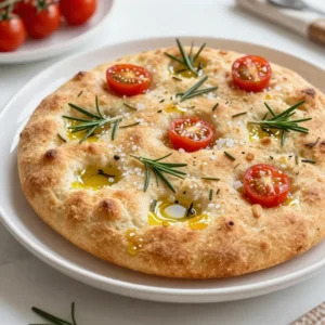 - 4 cups all-purpose flour - 1 tablespoon salt - 1 packet (2 &frac14; teaspoons) instant yeast - 1 &frac12; cups warm water (around 110&deg;F) - &frac14; cup extra virgin olive oil (plus more for drizzling) - 2 tablespoons fresh rosemary, finely chopped - 1 tablespoon coarse sea salt (for topping) - Optional: halved cherry tomatoes Rustic rosemary focaccia needs simple ingredients. The key is to use high-quality flour and fresh herbs. - All-purpose flour gives the bread a nice structure. - Salt adds flavor and controls yeast activity. - Instant yeast makes the dough rise quickly. - Warm water helps activate the yeast. Aim for about 110&deg;F. - Extra virgin olive oil enriches the dough and makes it tender. - Fresh rosemary brings a fragrant touch. - Coarse sea salt on top gives a nice crunch. - You can also add halved cherry tomatoes for sweetness and color. These ingredients work together to create a flavorful and airy bread. Adjust to your taste, but keep the basics. {{ingredient_image_2}} To start, you need to activate the yeast. In a large bowl, mix 1 &frac12; cups of warm water with 1 packet of instant yeast. Stir gently and let it sit for 5 minutes. You will see it froth, which means it's ready. Next, add 4 cups of all-purpose flour, 1 tablespoon of salt, and &frac14; cup of extra virgin olive oil to the yeast mixture. Mix until a shaggy dough forms. After mixing, transfer the dough to a lightly floured work surface. Knead the dough for 5 to 7 minutes. This helps develop gluten. You want it to feel smooth and elastic when you're done. Next, grease a large bowl with a bit of olive oil. Place your kneaded dough in this bowl. Cover it with a damp cloth or plastic wrap. Let it rise in a warm place for about 1 hour. The dough should double in size. Once the dough has risen, gently punch it down to release air bubbles. Turn it out onto a greased baking sheet, or a large rimmed baking pan. Carefully stretch and press the dough until it fills the pan. Use your fingertips to make dimples all over the surface. These dimples hold oil and toppings. Now, drizzle more olive oil over the surface of the dough. Sprinkle chopped rosemary and coarse sea salt evenly on top. If you want to add flavor, press halved cherry tomatoes into some of the dimples. Let the dough rest for another 30 minutes while you preheat your oven. Preheat your oven to 425&deg;F (220&deg;C). Bake the focaccia for 20 to 25 minutes. Keep an eye on it. You want it to turn golden brown and crisp on the outside. Once baked, let it cool slightly on a wire rack before slicing into squares. - Kneading tips: Knead the dough for 5-7 minutes. This helps develop gluten, giving it strength. Use light pressure with your palms, pushing the dough away. Fold it back and repeat. If it feels sticky, sprinkle a little flour. - Ensuring proper rising: After kneading, place the dough in a greased bowl. Cover it with a damp cloth. Let it rise in a warm spot for about one hour. The dough should double in size. This rising is key for a light, airy focaccia. - Additional toppings: You can add more than just rosemary. Try halved cherry tomatoes for a burst of flavor. Consider olives, garlic, or even thinly sliced onions. These add taste and make your focaccia unique. - Alternatives for rosemary: If you want to switch it up, use thyme or basil. These herbs bring different flavors that are just as delightful. You can mix herbs too for a more complex taste. - Best ways to enjoy focaccia: Serve focaccia warm, cut into squares or wedges. It pairs well with soups or salads. You can also use it for sandwiches. The soft, chewy texture makes it a great base. - Presentation tips: Drizzle with olive oil before serving. A balsamic reduction adds a nice touch and brightness. Garnish with a sprig of fresh rosemary on each piece for a lovely look. This makes your focaccia not just tasty but appealing too. Pro Tips Use Fresh Ingredients: Fresh rosemary makes a significant difference in flavor. If possible, use freshly chopped rosemary instead of dried for a more aromatic focaccia. Perfect Dough Consistency: Ensure your dough is well-kneaded until it is smooth and elastic. This ensures a good rise and texture in the final bread. Experiment with Toppings: Feel free to get creative with toppings! Try adding olives, caramelized onions, or different herbs to customize your focaccia to your taste. Store Properly: To maintain freshness, store leftover focaccia in an airtight container at room temperature. It can also be frozen for longer storage; just reheat before serving. {{image_4}} You can change the flavor by using different herbs. Try thyme for a warm taste. Basil adds a sweet touch, while oregano brings a savory note. Experiment with these herbs to find your favorite blend. Each option gives the focaccia a unique twist. Toppings can transform your focaccia. Caramelized onions add sweetness and depth. Olives give a briny taste that pairs well with the bread. You can also add cheese for creaminess. Feta or mozzarella works great. Just sprinkle them over the dough before baking for a tasty surprise. If you need a gluten-free option, you can substitute the flour. Use a good gluten-free flour blend. It helps to add a bit of xanthan gum to mimic the texture of regular flour. This gives the dough more structure. Be aware that gluten-free dough may need more water. Adjust as needed for the right consistency. To keep your focaccia fresh, wrap it well in plastic wrap or foil. Store it at room temperature for up to two days. If you want it to last longer, use an airtight container. This helps keep the bread soft and tasty. You can also store it in the fridge, but it may dry out faster. When reheating focaccia, the oven is the best choice. Preheat it to 350&deg;F (175&deg;C). Place the focaccia on a baking sheet for about 10 minutes. This warms it through and keeps the crust crispy. The microwave is quicker but can make it chewy. If you use the microwave, heat it for just 10-15 seconds at a time. To freeze focaccia, let it cool completely first. Wrap it tightly in plastic wrap, then foil. This prevents freezer burn. You can freeze it for up to three months. When ready to eat, thaw it overnight in the fridge. To warm it up, use the oven as mentioned above. Enjoy your delicious focaccia whenever you want! Rustic rosemary focaccia stays fresh for about 2 to 3 days. Store it in an airtight bag at room temperature. If you want it to last longer, freeze it. Wrap it well in plastic wrap, then place it in a freezer bag. It can freeze for up to 3 months. When ready to eat, thaw it at room temperature. Yes, you can make focaccia dough ahead of time. After kneading, place the dough in the fridge. It can stay there for up to 24 hours. Just let it come to room temperature before shaping it. This slow fermentation can even add more flavor. Focaccia pairs well with many dishes. You can serve it with olive oil for dipping. A balsamic reduction also works great. It complements soups, salads, or as a side with pasta. You can even use it for making sandwiches. If your focaccia does not rise, check the yeast. It may be old or inactive. Make sure your water is warm, not hot. Too much heat can kill the yeast. Also, ensure you let the dough rise in a warm place. Yes, you can use dried rosemary. Use about one-third of the amount. Dried herbs are more potent than fresh ones. Mix it into the dough at the same time as the other ingredients. Absolutely! You can add ingredients like olives, sun-dried tomatoes, or cheese. Just keep in mind to balance the moisture in the dough. Adding too many wet ingredients can change the texture. In this guide, we explored making delicious rustic rosemary focaccia. We covered the key ingredients, simple steps, and essential tips for perfect texture. We also shared flavor variations and storage methods to keep your focaccia fresh. Baking focaccia at home is fun and rewarding. Experiment with herbs and toppings to make it your own. Enjoy it warm, with olive oil, or as a side dish. With practice, you'll master focaccia and impress your friends and family. Dive in and start creating today!