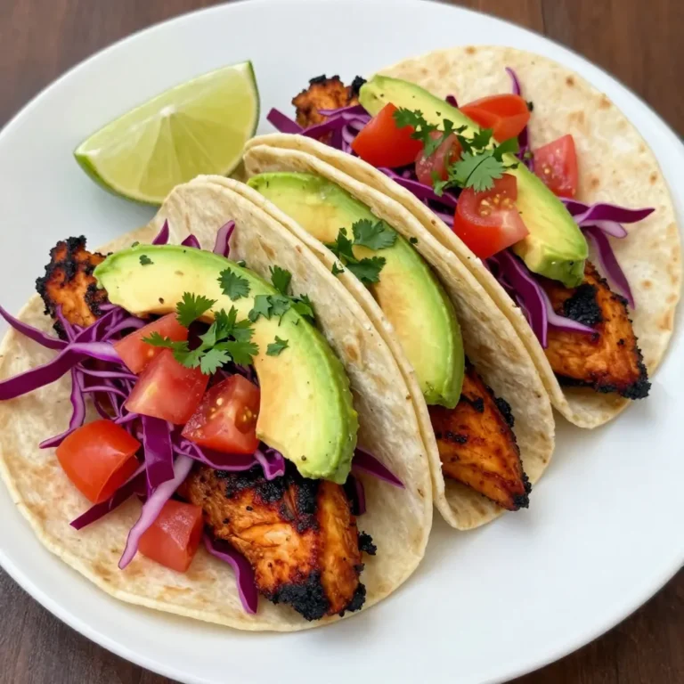 To make smoky chipotle chicken tacos, you need fresh and simple ingredients. Here’s what you will need: - 1 lb boneless, skinless chicken thighs - 2 tablespoons extra virgin olive oil - 1 tablespoon smoked paprika - 1 teaspoon chipotle powder - 1 teaspoon garlic powder - 1 teaspoon onion powder - 1 teaspoon ground cumin - Sea salt and freshly cracked black pepper, to taste - 1 fresh lime, juiced - 8 small corn tortillas - 1 cup finely shredded red cabbage - 1/2 cup fresh diced tomatoes - 1 ripe avocado, thinly sliced - Fresh cilantro leaves for garnish The spice blend makes these tacos stand out. It has smoked paprika, chipotle powder, garlic powder, onion powder, and cumin. Each spice adds a unique flavor. Smoked paprika brings a warm, smoky taste. Chipotle powder gives a spicy kick. Garlic and onion powders add depth. Cumin rounds out the mix with its earthy tone. Together, they create a bold and rich flavor that you will love. Toppings make the tacos fun and colorful. Here are great options: - Shredded red cabbage for crunch - Fresh diced tomatoes for sweetness - Creamy avocado slices for richness - Fresh cilantro leaves for a pop of color Feel free to mix and match toppings. You can also add lime wedges for a zesty finish. Enjoy customizing your tacos! {{ingredient_image_2}} To start, grab a mixing bowl. In this bowl, whisk together the olive oil, smoked paprika, chipotle powder, garlic powder, onion powder, ground cumin, lime juice, and a pinch of salt and pepper. This mix gives your chicken great flavor. Now, add the chicken thighs to the bowl. Make sure they are well coated with the marinade. Cover the bowl with plastic wrap and place it in the fridge. Let the chicken marinate for at least 30 minutes. For even more flavor, you can let it sit for up to 2 hours. Next, preheat your grill or skillet over medium-high heat. Once it’s hot, carefully add the marinated chicken thighs. Grill them for about 6-7 minutes on each side. You want them to have a nice char and reach an internal temperature of at least 165°F (75°C). After they are cooked, take them off the heat. Let the chicken rest for a few minutes. Then, slice it into thin strips. While the chicken rests, warm your corn tortillas. You can do this on the grill or in a dry skillet. Heat them for about 30 seconds on each side, until they are soft and a little toasted. Now it’s time to build your tacos. Lay some sliced chicken on each tortilla. Top with shredded red cabbage, diced tomatoes, and avocado slices. For the finishing touch, sprinkle fresh cilantro leaves on top. This adds a nice pop of color and flavor. For great flavor, marinate the chicken well. Use a bowl to mix olive oil, smoked paprika, chipotle powder, garlic powder, onion powder, ground cumin, lime juice, sea salt, and black pepper. This blend gives the chicken a tasty smoky flavor. Coat the chicken thighs fully in the marinade. Cover it with plastic wrap and chill in the fridge. Let it sit for at least 30 minutes, but two hours is even better. The longer it marinates, the more flavor it soaks up. To grill chicken right, heat your grill or skillet to medium-high. When hot, place the marinated chicken thighs on it. Grill for 6-7 minutes on each side. Look for a nice char on the outside. To ensure it's safe, check that the inside reaches 165°F (75°C). After grilling, let the chicken rest for a few minutes. This helps keep the juices inside and makes it more tender. Then slice it into thin strips for your tacos. Warm tortillas to enhance flavor and texture. You can use a grill or a dry skillet. Heat each tortilla for about 30 seconds on each side. They should become soft and slightly toasted. This step makes them easier to fold and adds a nice touch to your tacos. You can also wrap them in a clean towel to keep them warm while you prepare the rest of the meal. Pro Tips Marinate for Flavor: Allow the chicken to marinate for at least 2 hours, or overnight if possible, to enhance the smoky flavor and tenderness. Grill Marks Matter: For beautiful grill marks and added flavor, make sure your grill is hot before placing the chicken on it, and avoid flipping too soon. Warm Tortillas: Always warm the corn tortillas before serving. This enhances their flavor and makes them easier to fold without breaking. Garnish Creatively: Consider adding a squeeze of fresh lime juice or a drizzle of crema on top for an extra layer of flavor and visual appeal. {{image_4}} If you want to switch it up, try using pork or beef. Grilled shrimp adds a nice flair too. Each type of meat brings its own flavor. You can use the same marinade to enhance the taste. Just adjust cooking times for different proteins. For a veggie twist, replace the chicken with black beans or grilled mushrooms. Roasted cauliflower provides a hearty base, too. Adding grilled peppers or zucchini can elevate your tacos. Top with fresh avocado and a squeeze of lime for zest. This keeps the dish vibrant and tasty. Experiment with spices to create unique flavors! Swap smoked paprika for regular paprika or chili powder. Add a pinch of cayenne for heat or some oregano for depth. Fresh herbs like cilantro or parsley can also change the profile. Mixing in lime zest brightens the entire dish. Keep exploring to find your favorite combo! After enjoying your smoky chipotle chicken tacos, store any leftover chicken in an airtight container. Let the chicken cool down first. You can keep it in the fridge for up to three days. If you need to store it longer, consider freezing it. To reheat your chicken, use a skillet over medium heat. Add a splash of water or chicken broth to keep it moist. Stir occasionally until it’s heated through. This method keeps the chicken flavorful and juicy. You can also use a microwave, but be careful not to dry it out. If you want to freeze the leftover chicken, slice it first. Place it in a freezer-safe bag, removing as much air as possible. Label the bag with the date. You can freeze it for up to three months. When ready to use, thaw it in the fridge overnight before reheating. To make smoky chipotle chicken tacos, start by marinating chicken thighs. You need olive oil, smoked paprika, chipotle powder, garlic powder, onion powder, ground cumin, lime juice, sea salt, and black pepper. Mix these ingredients in a bowl. Add the chicken and coat it well. Cover and chill for at least 30 minutes. After marinating, grill the chicken for 6-7 minutes on each side until fully cooked. Slice the chicken and serve it on warm corn tortillas. Top with shredded cabbage, diced tomatoes, avocado, and fresh cilantro. If you need a substitute for chipotle powder, use smoked paprika. It gives a similar smoky flavor without the heat. You can also mix paprika with a pinch of cayenne pepper for some spice. Another option is to use adobo sauce from canned chipotle peppers. This sauce will add both heat and a smoky taste. Yes, you can prepare the tacos ahead of time. Marinate the chicken a day in advance and store it in the fridge. You can also chop the vegetables and warm the tortillas before serving. Just grill the chicken when you’re ready to eat. This way, you will save time and still enjoy fresh tacos! You've learned how to make smoky chipotle chicken tacos from start to finish. We covered key ingredients, marination tips, and perfect grilling methods. You also discovered fun variations and smart storage tips. I hope these insights inspire you to cook delicious tacos at home. Trust me, your taste buds will thank you! Enjoy your taco journey!